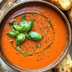 To make this easy one-pot tomato basil soup, gather these key ingredients: - 2 tablespoons olive oil - 1 medium onion, chopped - 2 cloves garlic, minced - 2 cans (14 oz each) diced tomatoes, with juice - 1 cup vegetable broth - 1 teaspoon dried oregano - 1 teaspoon sugar - Salt and pepper to taste - ½ cup heavy cream (or coconut cream for a vegan option) - Fresh basil leaves, for garnish - Croutons or toasted bread, for serving You can change the flavor of your soup with these optional ingredients: - Red pepper flakes for heat - Fresh herbs like thyme or parsley - A splash of balsamic vinegar for depth - Parmesan cheese for a richer taste When choosing your ingredients, consider these trusted brands: - For olive oil, use extra virgin from brands like California Olive Ranch. - Hunt's offers good canned tomatoes that are flavorful. - Swanson is a reliable option for vegetable broth. - For heavy cream, Land O'Lakes is a solid choice, while So Delicious provides great coconut cream. These ingredients will help you create a delicious, flavorful soup that warms the soul. 1. Gather your ingredients. You need: - 2 tablespoons olive oil - 1 medium onion, chopped - 2 cloves garlic, minced - 2 cans (14 oz each) diced tomatoes, with juice - 1 cup vegetable broth - 1 teaspoon dried oregano - 1 teaspoon sugar - Salt and pepper to taste - ½ cup heavy cream (or coconut cream for a vegan option) - Fresh basil leaves, for garnish - Croutons or toasted bread, for serving 2. Chop the onion and mince the garlic. This helps the flavors bloom. 1. Heat olive oil in a large pot over medium heat. Wait for it to shimmer. 2. Add the chopped onion. Sauté for about 5 minutes until it turns soft and clear. 3. Stir in the minced garlic. Cook for another 1-2 minutes until you smell that great aroma. 4. Pour in the diced tomatoes with their juice, vegetable broth, dried oregano, sugar, salt, and pepper. Mix it well. 5. Bring the mixture to a boil. Once boiling, reduce the heat to low. 6. Let it simmer uncovered for about 15-20 minutes. This lets the flavors blend nicely. 7. Remove the pot from heat. Blend the soup until smooth using an immersion blender. If you don't have one, carefully pour it into a blender in batches. 8. Return the pot to the heat. Stir in the heavy cream and warm it gently. Taste and adjust the seasoning. 9. Serve hot. Garnish with fresh basil leaves and enjoy with croutons or toasted bread. - Make sure your pot is deep enough. This helps prevent splatters. - Blend slowly at first. This helps to avoid a messy kitchen. - Keep the blender submerged. This ensures a smooth blend without lumps. - If you don’t have an immersion blender, use a regular blender. Blend in small batches for safety. To get the best flavor in your soup, use fresh ingredients. Fresh basil adds a bright taste. Choose ripe, juicy tomatoes for rich flavor. Adding sugar balances the acidity of the tomatoes. Don't rush the simmering step; let the soup cook for at least 15 minutes. This helps all the flavors blend well. Stir in the cream slowly for a creamy texture. Taste the soup and adjust salt and pepper as needed. One common mistake is not sautéing the onion long enough. If the onion is not soft, the soup lacks depth. Another mistake is skipping the blending step. Blending makes the soup smooth and creamy. Be careful not to add too much salt at once. You can always add more, but you can't take it out. Lastly, avoid overcooking the basil. Add it right before serving to keep its fresh aroma. Garnishing can make your soup look and taste special. Try adding croutons for crunch. A drizzle of olive oil on top adds richness. You can also use a sprinkle of grated cheese for extra flavor. For a fresh twist, add a dollop of pesto or a squeeze of lemon juice. Fresh herbs like parsley or chives can brighten up the dish. Get creative with your garnishes to make the soup uniquely yours! {{image_2}} To make this soup vegan, use coconut cream instead of heavy cream. Coconut cream adds a rich, creamy texture without dairy. You can also add extra veggies, like carrots or bell peppers, to boost flavor. These ingredients are healthy, colorful, and filling. This soup is gluten-free by nature since it doesn't use any gluten-based products. Just be sure your vegetable broth is labeled gluten-free. You can serve it with gluten-free bread or croutons. This way, everyone can enjoy a warm bowl without worry. For a heartier soup, you can add proteins. If you like chicken, cook it separately and add it to the soup before serving. Shredded rotisserie chicken works well. If you prefer beans, try adding a can of drained and rinsed white beans. They add protein and texture without changing the soup's flavor. After you enjoy your soup, let it cool down. Pour the soup into airtight containers. Make sure to leave some space at the top. This space helps when the soup expands. Store it in the fridge for up to 4 days. Always label it with the date. This way, you won't forget! If you want to keep your soup longer, freezing is a great choice. Use freezer-safe bags or containers. Make sure to leave space in the bags, too. You can freeze the soup for up to 3 months. When ready to eat, thaw it in the fridge overnight. This keeps it tasty and fresh. Reheating is easy! You can use a pot on the stove or a microwave. If using a pot, heat it on low. Stir often to avoid burning. If using a microwave, use short bursts of heat. Stir in between to help it warm evenly. If the soup seems thick, add a splash of water or broth. Yes, you can make this soup ahead of time. It tastes even better the next day. Just store it in an airtight container in the fridge. When you're ready to eat, heat it on the stove. Stir gently until warm. This soup keeps well for about three days. If you want a lighter option, you can use coconut cream. It adds a nice flavor too. You could also use milk or a non-dairy milk. Almond milk or oat milk works well. Just know that these will change the soup's texture slightly. To add some heat, try red pepper flakes. Start with a pinch and taste. You can also add a dash of hot sauce. For a fresh kick, mix in some diced jalapeños. These changes will make your soup warm and flavorful. We explored soup-making from start to finish. You learned about key ingredients, cooking steps, and helpful tips. I shared ways to adapt recipes for vegan, gluten-free, or protein-packed versions. Storing leftovers and reheating tips can help you enjoy your soup longer. By following this guide, you can make a soup that suits your taste. Now, grab your immersion blender and get cooking! Enjoy every warm and comforting bowl.