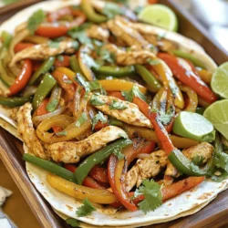 - 1 lb (450g) boneless, skinless chicken breasts, sliced into strips - 1 red bell pepper, sliced - 1 green bell pepper, sliced - 1 yellow onion, sliced - 2 tablespoons olive oil - 2 teaspoons chili powder - 1 teaspoon cumin - 1 teaspoon garlic powder - 1 teaspoon paprika - ½ teaspoon salt - ½ teaspoon black pepper - Juice of 1 lime - Flour tortillas (for serving) In this recipe, chicken breasts form the main protein. Choose fresh, boneless, and skinless cuts for best results. Slice them into strips for quick cooking and easy handling. Bell peppers add sweetness and crunch. Use red, green, and yellow for a colorful dish. Onion adds extra flavor; slice it thin to cook evenly. Olive oil helps the spices stick and adds richness. For spices, we use chili powder for heat, cumin for warmth, and garlic powder for depth. Paprika adds color and a mild flavor. Salt and black pepper enhance all the tastes. Squeeze fresh lime juice for a bright finish. Finally, warm flour tortillas serve as the base for your fajitas. - Fresh cilantro - Lime wedges Garnishes elevate your dish. Fresh cilantro brings a pop of color and fresh taste. Chop it finely and sprinkle it on top before serving. Lime wedges add a zesty kick. Squeeze some over your fajitas right before eating. This combination makes your meal look and taste even more delicious! First, set your oven to 400°F (200°C). This heat will cook our chicken and veggies just right. While the oven warms up, prepare your ingredients. Slice 1 pound of chicken breasts into strips. Next, slice 1 red bell pepper, 1 green bell pepper, and 1 yellow onion. All the pieces should be similar in size for even cooking. In a large bowl, mix the sliced chicken and vegetables. Drizzle 2 tablespoons of olive oil over the mixture. Sprinkle in 2 teaspoons of chili powder, 1 teaspoon of cumin, 1 teaspoon of garlic powder, 1 teaspoon of paprika, ½ teaspoon of salt, and ½ teaspoon of black pepper. Squeeze the juice of 1 lime over everything. Toss all the ingredients together until they are well-coated. This step is key to getting great flavor in every bite. Now, spread the chicken and vegetable mixture evenly on a large sheet pan. This helps everything cook evenly. Bake in your preheated oven for 20-25 minutes. Stir the mixture halfway through to ensure all sides cook well. Look for the chicken to be fully cooked and the veggies to be tender and slightly charred. Once done, take it out and let it cool for a couple of minutes before serving. To get the best results, use boneless, skinless chicken breasts. They cook evenly and stay juicy. Cut the chicken into thin strips. This helps them cook fast and right. For the veggies, avoid sogginess. First, slice your bell peppers and onion thick enough. Thin slices may turn mushy. Second, don’t overcrowd the sheet pan. Give veggies room to roast. This brings out their natural sweetness. Serve your fajitas family-style on a big platter. Lay out warm flour tortillas, and let everyone build their own. It’s fun and interactive! Enhance the flavor with lime wedges and fresh cilantro on the side. You can also add sour cream, salsa, or guacamole for extra taste. These small touches make a big difference. {{image_2}} You can easily change this recipe to suit your taste. First, think about protein. Instead of chicken, use beef or shrimp. Just slice them thinly like the chicken. This will help them cook evenly. Each protein adds a unique flavor to your fajitas. Next, let’s talk about vegetables. You can swap bell peppers and onions for zucchini or mushrooms. Slice the zucchini into half-moons or the mushrooms into strips. This gives you a new twist on the classic dish. Try mixing different veggies for fun colors and textures. If you need to make this recipe gluten-free, just skip the flour tortillas. Instead, serve the fajitas in corn tortillas or over a bed of rice. Both options taste great and keep the dish gluten-free. For a vegan version, replace the chicken with sliced portobello mushrooms or tofu. You can marinate the tofu to add flavor. Use the same spices and cook it just like the chicken. This way, everyone can enjoy delicious fajitas! To keep your leftovers fresh, store them in airtight containers. This helps lock in flavor and moisture. You can use glass or plastic containers. Make sure they seal well. You can also use freezer bags for easy storage. If you plan to eat them later, divide them into smaller portions. This way, you only take out what you need. When reheating your fajitas, do it slowly to keep the chicken moist. You can use a microwave-safe dish. Cover it with a damp paper towel. This helps keep the steam in. You can also reheat on the stovetop. Just add a little olive oil to a pan. Heat it over medium heat and stir often. This keeps the veggies crisp and tasty. Always check that the chicken is heated to 165°F (74°C) for safety. Enjoy your flavorful meal again! How do I know when the chicken is fully cooked? The chicken is fully cooked when it reaches an internal temperature of 165°F (75°C). You can check this with a meat thermometer. If you don’t have one, cut into the thickest part. The meat should be white, not pink. Can I prepare the ingredients ahead of time? Yes, you can! You can slice the chicken and vegetables a day in advance. Store them in the fridge in an airtight container. Just add the oil and spices right before cooking. This saves time and makes dinner easier. What if my fajitas are too spicy? If your fajitas are too spicy, you can add more lime juice. This helps balance the heat. You can also mix in sour cream or yogurt to cool them down. Serve with a side of rice to help absorb the spice. How can I make this recipe in a smaller batch? To make a smaller batch, just reduce the amounts of chicken and veggies. Use half a pound of chicken and one bell pepper. Adjust the spices accordingly. Cooking time may be shorter, so check for doneness early. You learned how to make tasty sheet pan chicken fajitas. We covered the main ingredients, from chicken to spices, along with tips for perfect cooking. You can customize the recipe with different proteins or veggies and store leftovers safely. Remember, cooking should feel fun and easy. With this guide, you can impress family and friends while enjoying delicious meals. Don't hesitate to experiment and make the recipe your own!