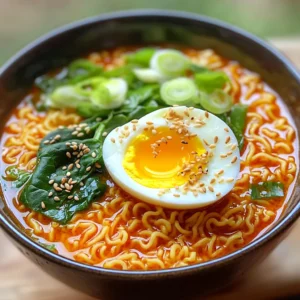 - 2 packs instant ramen noodles (any flavor, discard the seasoning packet) - 2 tablespoons gochujang (Korean chili paste) - 1 tablespoon soy sauce - 1 teaspoon sesame oil - 1 green onion, sliced (reserve some for garnish) - 1 cup baby spinach - 1 teaspoon garlic paste (or minced garlic) - 2 large eggs - Sesame seeds for garnish - Salt and pepper to taste This dish starts with simple, quick ingredients. Instant ramen noodles serve as the base. You can choose any flavor, but I suggest discarding the seasoning packet. Gochujang brings a spicy kick that makes the dish special. It pairs well with soy sauce and sesame oil. You can add fresh elements to boost flavor. Sliced green onion adds a nice crunch. Baby spinach gives a pop of color and nutrients. Garlic paste or minced garlic enhances the taste. The eggs become a creamy topping, making it even better. Don't forget sesame seeds for garnish! They add a nice touch and a bit of texture. Salt and pepper will help you season your dish to your liking. Each ingredient plays an important role in making this meal tasty and quick. Start by grabbing a large pot. Pour in 4 cups of vegetable broth. Heat it over medium-high until it boils. This will take a few minutes. Once boiling, add 2 packs of instant ramen noodles. Follow the package instructions, cooking for about 3 to 4 minutes. While the noodles cook, mix your flavor base. In a small bowl, combine 2 tablespoons of gochujang, 1 tablespoon of soy sauce, and 1 teaspoon of sesame oil. Stir until smooth. In the last minute of cooking, add 1 teaspoon of garlic paste and 1 cup of baby spinach to the pot. This will add great taste and color. After that, stir in your gochujang mixture. Make sure the noodles and greens are well coated. Cook for another minute before removing from heat. For the eggs, fill a separate pot with water. Bring it to a boil, which takes about 2 to 3 minutes. Carefully add 2 large eggs to the boiling water. Boil for 6 to 7 minutes for soft-boiled eggs. If you want firmer yolks, just boil them longer. After boiling, transfer the eggs to an ice bath. This cools them quickly and makes peeling easier. Let them sit for a few minutes before peeling. Now you are ready to serve your tasty Minute Gochujang Ramen with Egg! Enjoy every bite! To get the best texture, cook the noodles for just 3-4 minutes. This timing gives you al dente noodles. If you want more flavor, try adding a splash of soy sauce or extra gochujang to the broth. You can also toss in some additional veggies while cooking for a boost. For soft-boiled eggs, boil them for 6-7 minutes. If you like firmer yolks, add another minute or two. After boiling, cool the eggs in an ice bath. This makes peeling easy. Just gently tap the egg on a hard surface to crack the shell before peeling. Make your ramen look great by garnishing it well. Add sliced green onions and a sprinkle of sesame seeds on top. You can also serve the ramen with a side of pickled vegetables or kimchi. This adds color and flavor, making your meal complete. {{image_2}} You can boost your ramen with protein. Here are some great options: - Chicken: Cooked, shredded chicken adds flavor and heartiness. - Tofu: Firm tofu works well. Dice it and add it in with the greens. - Shrimp: Add shrimp for a quick seafood twist. Toss them in when the noodles are almost done. These proteins make your meal more filling and flavorful. Feel free to mix in other vegetables. Here are some that work great: - Carrots: Shredded or sliced thin. - Mushrooms: Add shiitake or button mushrooms for umami. - Broccoli: Small florets add crunch. You can also use frozen vegetables. They save time and are just as healthy. Toss them in with the noodles in the last minute of cooking. Add spices or sauces to make your ramen shine. Here are some ideas: - Chili flakes: For extra heat. - Sesame oil: A splash can deepen the flavor. - Soy sauce: Mix in more for a saltier taste. Customize your ramen with toppings: - Nori: Seaweed sheets add texture. - Kimchi: A spicy kick and tang. - Cilantro: Fresh herbs brighten the dish. These variations let you create a unique meal every time. To keep your Minute Gochujang Ramen fresh, store the ramen and eggs separately. This helps maintain their textures. Use airtight containers for the ramen and eggs. Glass or plastic containers work well. Make sure the ramen cools before sealing. The best way to reheat ramen is on the stove. Heat a pot over low heat. Add a splash of broth or water to prevent drying out. Stir gently until warm. For eggs, place them in hot water for a few minutes. This keeps the yolk soft and creamy. Avoid microwaving, as it can change the texture. You can freeze the noodles and broth. Cook the noodles just until al dente. Let them cool before placing in a freezer bag. For the broth, freeze in portions. As for eggs, it’s best to store them boiled. Once cooled, place them in a container. This keeps them ready for your next ramen night! Cooking this dish is quick. It takes about 10 minutes to prep and 10 minutes to cook. Here’s a breakdown: - Prep Time: 10 minutes - Cook Time: 10 minutes - Total Time: 20 minutes This means you can enjoy a tasty meal in just 20 minutes! Yes, you can easily make this dish vegetarian. Here are some substitutes: - Use vegetable broth instead of chicken broth. - Replace the eggs with tofu for protein. - Add more vegetables like mushrooms, carrots, or bell peppers. These swaps keep the dish tasty and satisfying! If you don't have gochujang, here are some options: - Use sriracha for a similar heat. - Try red chili paste for a different flavor. - Mix miso paste and chili powder for a unique twist. These alternatives are often easy to find in stores. This blog post covered how to make Minute Gochujang Ramen with Egg. You learned the main ingredients, step-by-step cooking instructions, and tips for perfect noodles and eggs. We also explored variations and storage options. In my view, this dish is a simple yet tasty meal. You can easily customize it to fit your taste. Whether you prefer it spicy or mild, this ramen is sure to satisfy. Enjoy your cooking journey!