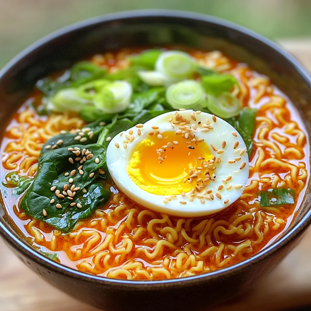 - 2 packs instant ramen noodles (any flavor, discard the seasoning packet) - 2 tablespoons gochujang (Korean chili paste) - 1 tablespoon soy sauce - 1 teaspoon sesame oil - 1 green onion, sliced (reserve some for garnish) - 1 cup baby spinach - 1 teaspoon garlic paste (or minced garlic) - 2 large eggs - Sesame seeds for garnish - Salt and pepper to taste This dish starts with simple, quick ingredients. Instant ramen noodles serve as the base. You can choose any flavor, but I suggest discarding the seasoning packet. Gochujang brings a spicy kick that makes the dish special. It pairs well with soy sauce and sesame oil. You can add fresh elements to boost flavor. Sliced green onion adds a nice crunch. Baby spinach gives a pop of color and nutrients. Garlic paste or minced garlic enhances the taste. The eggs become a creamy topping, making it even better. Don't forget sesame seeds for garnish! They add a nice touch and a bit of texture. Salt and pepper will help you season your dish to your liking. Each ingredient plays an important role in making this meal tasty and quick. Start by grabbing a large pot. Pour in 4 cups of vegetable broth. Heat it over medium-high until it boils. This will take a few minutes. Once boiling, add 2 packs of instant ramen noodles. Follow the package instructions, cooking for about 3 to 4 minutes. While the noodles cook, mix your flavor base. In a small bowl, combine 2 tablespoons of gochujang, 1 tablespoon of soy sauce, and 1 teaspoon of sesame oil. Stir until smooth. In the last minute of cooking, add 1 teaspoon of garlic paste and 1 cup of baby spinach to the pot. This will add great taste and color. After that, stir in your gochujang mixture. Make sure the noodles and greens are well coated. Cook for another minute before removing from heat. For the eggs, fill a separate pot with water. Bring it to a boil, which takes about 2 to 3 minutes. Carefully add 2 large eggs to the boiling water. Boil for 6 to 7 minutes for soft-boiled eggs. If you want firmer yolks, just boil them longer. After boiling, transfer the eggs to an ice bath. This cools them quickly and makes peeling easier. Let them sit for a few minutes before peeling. Now you are ready to serve your tasty Minute Gochujang Ramen with Egg! Enjoy every bite! To get the best texture, cook the noodles for just 3-4 minutes. This timing gives you al dente noodles. If you want more flavor, try adding a splash of soy sauce or extra gochujang to the broth. You can also toss in some additional veggies while cooking for a boost. For soft-boiled eggs, boil them for 6-7 minutes. If you like firmer yolks, add another minute or two. After boiling, cool the eggs in an ice bath. This makes peeling easy. Just gently tap the egg on a hard surface to crack the shell before peeling. Make your ramen look great by garnishing it well. Add sliced green onions and a sprinkle of sesame seeds on top. You can also serve the ramen with a side of pickled vegetables or kimchi. This adds color and flavor, making your meal complete. {{image_2}} You can boost your ramen with protein. Here are some great options: - Chicken: Cooked, shredded chicken adds flavor and heartiness. - Tofu: Firm tofu works well. Dice it and add it in with the greens. - Shrimp: Add shrimp for a quick seafood twist. Toss them in when the noodles are almost done. These proteins make your meal more filling and flavorful. Feel free to mix in other vegetables. Here are some that work great: - Carrots: Shredded or sliced thin. - Mushrooms: Add shiitake or button mushrooms for umami. - Broccoli: Small florets add crunch. You can also use frozen vegetables. They save time and are just as healthy. Toss them in with the noodles in the last minute of cooking. Add spices or sauces to make your ramen shine. Here are some ideas: - Chili flakes: For extra heat. - Sesame oil: A splash can deepen the flavor. - Soy sauce: Mix in more for a saltier taste. Customize your ramen with toppings: - Nori: Seaweed sheets add texture. - Kimchi: A spicy kick and tang. - Cilantro: Fresh herbs brighten the dish. These variations let you create a unique meal every time. To keep your Minute Gochujang Ramen fresh, store the ramen and eggs separately. This helps maintain their textures. Use airtight containers for the ramen and eggs. Glass or plastic containers work well. Make sure the ramen cools before sealing. The best way to reheat ramen is on the stove. Heat a pot over low heat. Add a splash of broth or water to prevent drying out. Stir gently until warm. For eggs, place them in hot water for a few minutes. This keeps the yolk soft and creamy. Avoid microwaving, as it can change the texture. You can freeze the noodles and broth. Cook the noodles just until al dente. Let them cool before placing in a freezer bag. For the broth, freeze in portions. As for eggs, it’s best to store them boiled. Once cooled, place them in a container. This keeps them ready for your next ramen night! Cooking this dish is quick. It takes about 10 minutes to prep and 10 minutes to cook. Here’s a breakdown: - Prep Time: 10 minutes - Cook Time: 10 minutes - Total Time: 20 minutes This means you can enjoy a tasty meal in just 20 minutes! Yes, you can easily make this dish vegetarian. Here are some substitutes: - Use vegetable broth instead of chicken broth. - Replace the eggs with tofu for protein. - Add more vegetables like mushrooms, carrots, or bell peppers. These swaps keep the dish tasty and satisfying! If you don't have gochujang, here are some options: - Use sriracha for a similar heat. - Try red chili paste for a different flavor. - Mix miso paste and chili powder for a unique twist. These alternatives are often easy to find in stores. This blog post covered how to make Minute Gochujang Ramen with Egg. You learned the main ingredients, step-by-step cooking instructions, and tips for perfect noodles and eggs. We also explored variations and storage options. In my view, this dish is a simple yet tasty meal. You can easily customize it to fit your taste. Whether you prefer it spicy or mild, this ramen is sure to satisfy. Enjoy your cooking journey!