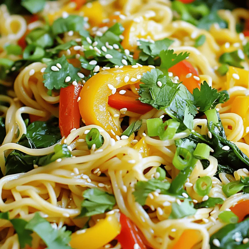 For Garlic Chili Crisp Noodles, you need the following: - 200g egg noodles - 3 tablespoons garlic chili crisp - 2 tablespoons vegetable oil - 2 garlic cloves, thinly sliced - 1 inch piece of ginger, grated - 1 bell pepper, sliced (any color) - 1 cup baby spinach - 2 green onions, chopped - 1 tablespoon soy sauce - 1 tablespoon sesame oil - Salt and pepper to taste These ingredients create a rich mix of flavors. The egg noodles provide a soft base. Garlic chili crisp adds heat and depth. The veggies bring color and nutrients. You can enhance your dish with these optional garnishes: - Chopped cilantro - Sesame seeds These add a fresh touch and a bit of crunch. They make the dish pop visually and taste-wise. Garlic chili crisp is a star in this recipe. It combines spicy and savory flavors. The crispiness adds texture that you can’t resist. You can buy it or make it at home. It often contains garlic, chili oil, and crispy bits. This ingredient elevates your noodles to a new level. It’s great on many dishes too, not just noodles! To start, you need to cook the egg noodles. Boil water in a pot. Add the noodles and cook them as per the package guide. This usually takes about 5-7 minutes. Once they are soft, drain them well. Toss the noodles with a bit of oil to stop them from sticking. Next, grab a large skillet or wok. Heat the vegetable oil over medium heat. Add the thinly sliced garlic and grated ginger. Fry them for 1-2 minutes. You want them to smell great and turn golden. Be careful not to burn them! Now, add the sliced bell pepper to your skillet. Stir-fry the peppers for about 2-3 minutes. They should be slightly soft but still crunchy. This adds color and flavor to your dish. Once the bell peppers are ready, it’s time to bring everything together. Toss in the cooked noodles. Add the garlic chili crisp, soy sauce, and sesame oil. Mix all of this well. Make sure every noodle is coated with the sauce. Finally, stir in the baby spinach and chopped green onions. Cook for another 1-2 minutes. The spinach will wilt down nicely. Taste your noodles and add salt and pepper as needed. Serve hot, and if you want, top with cilantro and sesame seeds for extra flair! To cook perfect egg noodles, follow these steps: - Boil salted water in a large pot. - Add the noodles and stir for even cooking. - Cook according to the package time, usually about 3-5 minutes. - Test them for doneness; they should be tender but firm. - Drain and rinse briefly under cold water to stop cooking. - Toss noodles with a little oil to prevent sticking. Want more heat? Add extra garlic chili crisp. You can start with one tablespoon. Taste and adjust as needed. If you prefer milder noodles, use less crisp. You can also add a splash of soy sauce to balance the spice. To store leftovers, let them cool completely. Place them in an airtight container. Use them within three days for the best taste. When reheating, add a splash of water. This keeps the noodles moist and flavorful. Heat on low in a pan, stirring often. {{image_2}} You can easily make Garlic Chili Crisp Noodles vegetarian or vegan. Just swap the egg noodles for rice noodles or whole wheat noodles. Many brands offer vegan noodles that work great. For the sauce, check if your garlic chili crisp is vegan-friendly. Most are, but always read the label. Add more veggies for flavor and nutrients. Try mushrooms, broccoli, or snap peas. These additions boost taste and color. You can also use vegetable broth instead of water when cooking the noodles for a richer flavor. If you want protein, chicken, tofu, or beef are great choices. For chicken, slice it into thin strips. Cook it first in the skillet until it's golden and cooked through. Then, set it aside and follow the recipe as normal. For tofu, choose firm tofu. Dice it and sauté it until golden on all sides. You can add it with the garlic and ginger. For beef, thinly slice flank steak or sirloin. Cook it first, and then add it back with the noodles. Each protein adds a different taste and texture to the dish. If you have allergies, there are easy swaps. For soy sauce, use tamari or coconut aminos for a gluten-free option. If you're allergic to garlic, try shallots or chives for a milder taste. If you can't have chili, look for a milder sauce or skip it altogether. You can still add flavor with spices like cumin or coriander. Always check ingredient labels to avoid allergens. These swaps keep your dish safe while still tasting great! Store leftover noodles in an airtight container. Make sure they cool down first. This keeps the noodles fresh and safe. Place them in the fridge for up to three days. If you notice any moisture, use a paper towel to absorb it. This prevents the noodles from getting soggy. To reheat, use a skillet over medium heat. Add a splash of water or oil to help steam them. Stir often until heated through. This method keeps the noodles tasty and prevents sticking. You can also use the microwave. Heat for 30 seconds at a time, stirring in between. This way, they warm evenly. You can freeze the noodles too! Place them in a freezer-safe bag. Remove as much air as you can before sealing. They can last up to three months in the freezer. When ready to eat, thaw them in the fridge overnight. For quick meals, you can cook them straight from frozen. Just add extra time to your cooking. Garlic chili crisp is a spicy oil made with garlic, chilies, and oil. It adds heat and flavor to dishes. You can find it in many Asian markets or online. It has crunchy bits and a bold taste that makes food exciting. Yes, you can make garlic chili crisp noodles ahead of time. Just cook the noodles and mix them with the sauce and veggies. Store them in the fridge for up to three days. When you’re ready to eat, just reheat in a pan or microwave. You can buy garlic chili crisp at grocery stores or online. Look in the Asian food aisle for popular brands. Many people love to shop at local Asian markets for special finds. You might also find homemade versions at farmer’s markets. Making homemade garlic chili crisp is easy! Here’s a quick recipe: - 1 cup vegetable oil - ½ cup garlic, thinly sliced - ¼ cup red pepper flakes - 1 teaspoon salt 1. Heat the oil in a pan over low heat. 2. Add garlic and cook until golden. 3. Stir in red pepper flakes and salt. 4. Cook for another minute, then cool. 5. Store in a jar. These noodles pair well with many side dishes. Here are some tasty ideas: - Steamed broccoli - Stir-fried bok choy - Cucumber salad - Egg rolls - Fried rice These sides add more flavor and texture to your meal! This blog post detailed how to create delicious Garlic Chili Crisp Noodles. You learned about essential ingredients like garlic chili crisp and how to cook noodles perfectly. We covered tips to customize your dish and store leftovers well. You can explore variations for different diets and needs. In conclusion, this dish is full of flavor and easy to make. Experiment with your favorite ingredients. Have fun cooking! Enjoy your tasty creation!