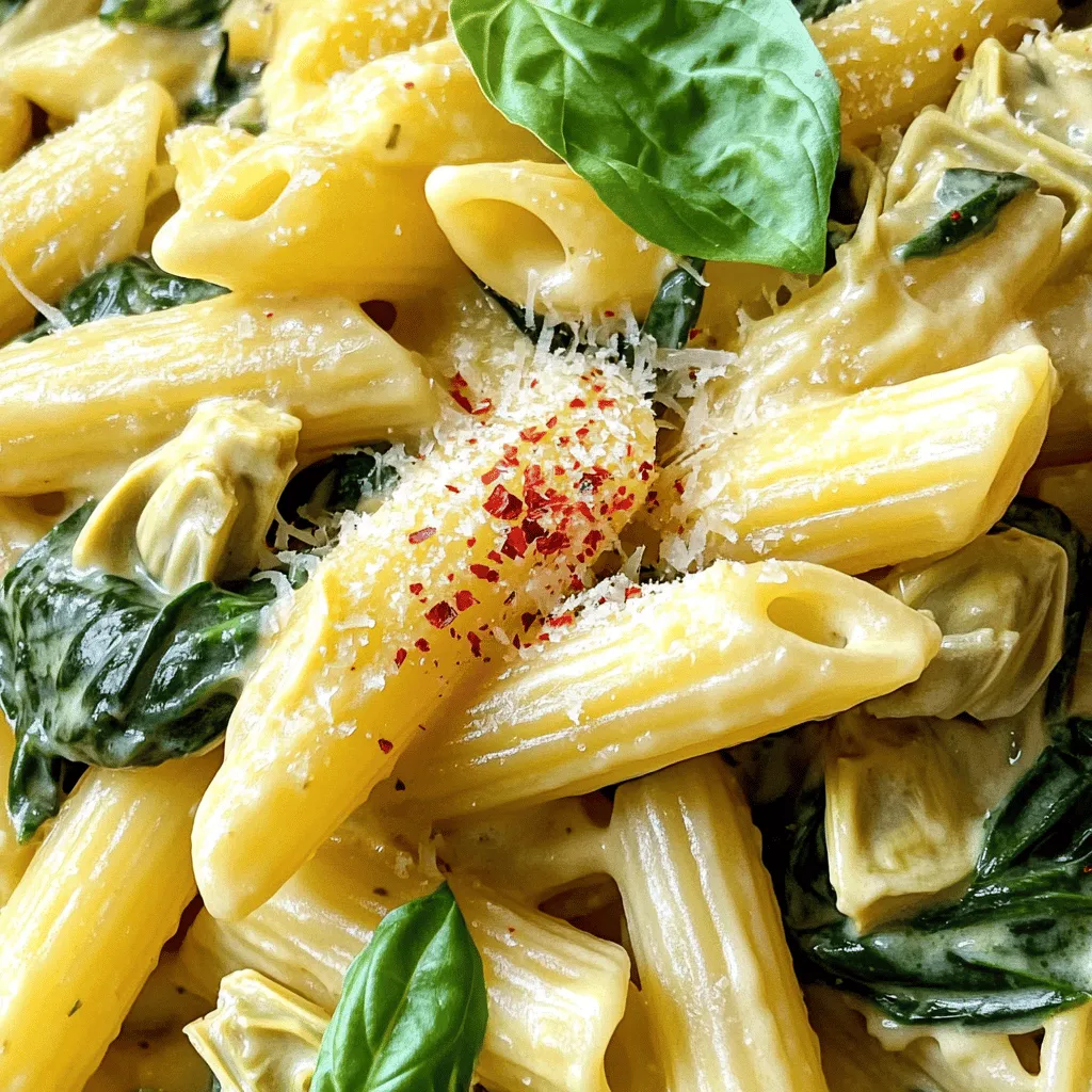 - 8 oz penne pasta - 2 cups fresh spinach, chopped - 1 can (14 oz) artichoke hearts, drained and quartered - 3 cloves garlic, minced - 1 small onion, diced - 4 cups vegetable broth - 1 cup heavy cream - 1 cup grated Parmesan cheese - 1 teaspoon dried oregano - 1 teaspoon red pepper flakes (optional) - Salt and pepper to taste - 2 tablespoons olive oil - Fresh basil leaves for garnish To create this One Pot Spinach Artichoke Pasta, you need both main and additional ingredients. First, the penne pasta serves as the base. It holds the creamy sauce and flavors well. Fresh spinach adds a bright green touch and nutrients. Artichoke hearts bring a tasty, unique flavor. Garlic and onion provide a strong aroma and depth to the dish. Next, you need vegetable broth for the cooking liquid. Heavy cream makes the dish rich and creamy. Parmesan cheese adds a salty, nutty taste that blends beautifully. Dried oregano gives warmth, while red pepper flakes add a hint of heat, if you like. Don’t forget salt and pepper for seasoning. Olive oil helps sauté the onion and garlic, creating a flavorful start. Finally, fresh basil leaves brighten up the dish when sprinkled on top. Gather these ingredients to make a delightful pasta dish that you can enjoy with family and friends. Start by heating olive oil in a large pot over medium heat. Once hot, add the diced onion. Sauté it for 3 to 4 minutes. You want the onion to turn translucent. Next, add minced garlic and red pepper flakes. Cook this mix for about one minute. The goal is to wake up those flavors. Now it's time to add the penne pasta. Stir it into the pot with the vegetable broth and dried oregano. Bring this mixture to a boil. Once boiling, lower the heat to a simmer. Cover and let it cook for about 10 minutes. Stir occasionally. You want the pasta to be just al dente and most of the broth absorbed. After the pasta cooks, stir in the heavy cream, chopped spinach, and quartered artichoke hearts. Keep cooking for another 2 to 3 minutes. You want the spinach to wilt and everything heated through. Remove the pot from heat and stir in grated Parmesan cheese. Mix until it melts and becomes creamy. Finally, season with salt and pepper to taste. To make the best pasta, cook it al dente. This means it should be firm to the bite. To achieve this, follow these steps: - Start cooking the penne pasta as soon as the broth boils. - Stir it gently to prevent sticking. - Check for doneness around 10 minutes, or when most broth is absorbed. Timing is key when adding ingredients. Add the spinach and artichokes near the end. This keeps them fresh and vibrant. Fresh herbs boost flavor in any dish. I love using basil and oregano. They add a fragrant touch. You can chop fresh basil and sprinkle it before serving. Adding protein can make this dish heartier. Grilled chicken or shrimp pairs well with the pasta. You can add them in during the last few minutes of cooking. Presentation matters when serving food. A simple garnish can elevate your dish. I suggest using fresh basil leaves on top. They add color and look inviting. Serve the pasta in a large bowl. This makes it easy for guests to help themselves. Top each serving with extra Parmesan for a rich finish. {{image_2}} You can change the pasta shape to fit your taste. Try using fusilli or farfalle. These shapes hold sauce well and add fun to the dish. If you want a lighter meal, swap heavy cream for Greek yogurt or a plant-based cream. This keeps the dish creamy and cuts calories. If you follow a vegan diet, you can make this dish without dairy. Replace the heavy cream with coconut cream or cashew cream. You can also use nutritional yeast instead of Parmesan for a cheesy flavor. For those who need gluten-free options, choose gluten-free pasta. The recipe will still taste great and be safe for everyone. You can add seasonal vegetables to make the dish pop. In spring, toss in fresh peas or asparagus. In fall, try adding roasted pumpkin or butternut squash. Adjust the flavors with spices to match the season. A pinch of nutmeg in winter or fresh herbs in summer can elevate the taste. To store your One Pot Spinach Artichoke Pasta, let it cool first. Place it in an airtight container. This keeps it fresh and tasty. You can store leftovers in the fridge for up to three days. If you want to keep it longer, freeze it in a freezer-safe container. In the freezer, it lasts up to three months. When you are ready to eat, reheating is simple. You can use the microwave or the stove. If using the microwave, heat it in short bursts. Stir between intervals to warm evenly. On the stove, add a splash of broth or cream to the pot. This helps keep the dish creamy. Heat over low heat while stirring gently. Enjoy your delicious pasta just like fresh! You can use extra vegetable broth or lemon juice. Both options add flavor without alcohol. For a richer taste, try a splash of apple cider vinegar. The goal is to add acidity and depth to the dish. Yes, you can prepare this dish in advance. Cook it as usual, then let it cool before storing. Keep it in an airtight container in the fridge for up to three days. When you’re ready to serve, reheat on low heat, adding a splash of broth if needed. You can add many vegetables to enhance this dish. Try bell peppers, cherry tomatoes, or mushrooms. Zucchini and asparagus also work well. Just make sure to chop them small so they cook evenly and blend nicely with the pasta. If you like heat, add more red pepper flakes. You can also use diced jalapeños or spicy sausage. For a milder spice, try adding black pepper or a dash of hot sauce to your serving. Yes, frozen spinach works great in this recipe. Just make sure to thaw and drain it well. Frozen spinach has a similar taste and texture when cooked, making it a good substitute. To make this dish dairy-free, use coconut cream instead of heavy cream. For cheese, try a dairy-free Parmesan or nutritional yeast. This will keep the flavors rich while catering to dietary needs. Store leftovers in an airtight container in the fridge. They will last for up to three days. For longer storage, freeze it in portions. Just remember, reheated pasta may not be as creamy, so add a little broth while reheating. This pasta pairs well with a fresh salad or garlic bread. You could also serve it with roasted vegetables for a complete meal. For protein, consider grilled chicken or shrimp on the side. This article shared a simple and tasty pasta recipe. We explored the main and extra ingredients, along with step-by-step cooking instructions. You learned tips to enhance flavor and presentation. Variations cater to different diets and seasons. Finally, proper storage and reheating ensure tasty leftovers. With these insights, you can create a delightful meal that suits your needs. Enjoy your cooking adventures and impress your guests!