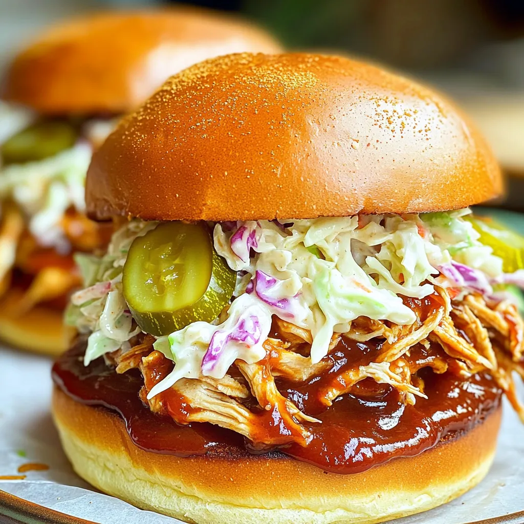 - 2 lbs boneless, skinless chicken thighs - 1 cup BBQ sauce (store-bought or homemade) - ½ cup chicken broth - 1 tablespoon apple cider vinegar - 1 tablespoon brown sugar - 1 teaspoon garlic powder - 1 teaspoon onion powder - ½ teaspoon smoked paprika - Salt and pepper to taste - 4 hamburger buns - Optional toppings: coleslaw, pickles Using these ingredients, you can create a delicious BBQ pulled chicken sandwich. I love using boneless, skinless chicken thighs. They stay moist and tender, making them perfect for shredding. You can use your favorite BBQ sauce, whether it's store-bought or homemade. The choice of chicken broth adds moisture and depth to the dish. Next, seasonings play a key role. Apple cider vinegar adds a nice tang, while brown sugar gives it a touch of sweetness. Garlic powder and onion powder enhance the flavor, and smoked paprika adds a bit of smokiness. Don’t forget salt and pepper to taste; they bring all the flavors together. For serving, I recommend using soft hamburger buns. They are ideal for holding the juicy chicken. You can also add toppings like coleslaw and pickles. They give the sandwich a great crunch and extra flavor. Start by placing the boneless, skinless chicken thighs in the bottom of your slow cooker. Make sure they sit flat and don’t overlap. This helps them cook evenly. Chicken thighs are great for this dish because they stay moist and tender. Next, grab a mixing bowl. Combine 1 cup of BBQ sauce, ½ cup of chicken broth, 1 tablespoon of apple cider vinegar, 1 tablespoon of brown sugar, 1 teaspoon of garlic powder, 1 teaspoon of onion powder, and ½ teaspoon of smoked paprika. Add salt and pepper to taste. Mix well until the sauce is smooth. This blend gives your chicken rich flavor. Now, pour the sauce mixture over the chicken thighs. Make sure the chicken is coated well. Cover the slow cooker and set it on low for 6 to 7 hours. If you're short on time, you can set it on high for 3 to 4 hours. The chicken will be done when it is tender and easily shreds with a fork. Once the chicken is cooked, take it out of the slow cooker. Use two forks to shred the chicken into bite-sized pieces. Return the shredded chicken to the slow cooker and stir it well into the sauce. This adds even more flavor. Toast your hamburger buns lightly in the oven or on a skillet for a crispy bite. To assemble, place a generous portion of pulled chicken on each bun. If you like, add coleslaw and pickles on top for extra crunch and flavor. Enjoy each bite of your delicious BBQ pulled chicken sandwich! For the best BBQ flavor, choose a sauce you love. Sweet sauces work well with chicken. Try a spicy sauce for a kick. You can mix different sauces for a unique taste. Adjust sweetness by adding brown sugar or honey. If you want it hotter, add hot sauce or cayenne pepper. To ensure tender chicken, use boneless, skinless thighs. They stay moist during cooking. Avoid overcooking by sticking to the time guide. If you cook on low, plan for 6-7 hours. On high, aim for 3-4 hours. To keep the meat juicy, add chicken broth to your sauce. This adds moisture and flavor. Pair your BBQ pulled chicken sandwiches with tasty sides. Classic choices include coleslaw, potato salad, or baked beans. You can also serve chips or fries for crunch. For extra flavor, top your sandwiches with coleslaw or pickles. These add texture and a nice contrast to the BBQ. Enjoy your meal with friends and family! {{image_2}} You can switch the chicken thighs for chicken breasts or pork. Chicken breasts cook faster and can be just as juicy. They provide a leaner option. Pork, like shoulder or butt, adds a rich flavor. It also shreds nicely, making it perfect for BBQ sandwiches. You can try different sauces for your pulled chicken. A homemade BBQ sauce can be a fun twist. Combine ketchup, vinegar, brown sugar, and spices for a quick mix. You can also use teriyaki sauce or even hot sauce for a kick. Each sauce gives a unique flavor, so feel free to experiment! Toppings can make your sandwich even better. Coleslaw adds crunch and creaminess. Pickles give a nice tang. You can even try sliced jalapeños for heat. Avocado or guacamole lend a creamy touch. For a different twist, add pineapple slices for sweetness. Get creative and mix flavors to find your favorite combo! To store your pulled chicken, cool it first. Place it in an airtight container. Make sure to keep it in the fridge. It will stay fresh for about 3-4 days. If you want to keep it longer, consider freezing it. You can freeze pulled chicken for later meals. First, let it cool completely. Then, pack it in a freezer-safe bag. Try to remove as much air as possible. Label it with the date. It can last up to 3 months in the freezer. When you are ready to use it, just thaw it in the fridge overnight. Reheating pulled chicken is easy. You can use the microwave or the stove. If using a microwave, heat it in short bursts. Stir in between to ensure even heating. If using a stove, add a splash of chicken broth to keep it moist. Heat on low until warm. Enjoy your sandwiches with that fresh BBQ flavor! Yes, you can use frozen chicken thighs in this recipe. Just make sure to adjust the cooking time. If you use frozen chicken, cook it on high for about 4-5 hours or on low for 7-8 hours. This will help ensure the chicken cooks through and becomes tender. You can skip thawing to save time. Pulled chicken can last in the fridge for up to 3-4 days. Keep it in an airtight container to maintain freshness. If you want to store it longer, you can freeze it. Frozen pulled chicken is good for up to 3 months. Just remember to label the container with the date. Yes, you can easily make this recipe in an Instant Pot. Use the sauté function to brown the chicken for added flavor. Then add the sauce and cook on high pressure for about 15-20 minutes. Let the pressure release naturally for best results. This method will give you juicy chicken in less time! You now have the tools to make tasty BBQ pulled chicken. We covered ingredients, seasoning, and easy steps. I shared tips for perfecting flavor and suggested variations to try. You can store and reheat leftovers too. BBQ pulled chicken is simple and fun. Use your favorite sauces and toppings. Enjoy making this dish with family and friends. Your meals will be delicious and satisfying!