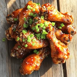 - 2 lbs chicken wings - Teriyaki marinade components - ¼ cup soy sauce - ¼ cup honey - 2 tablespoons rice vinegar - 1 tablespoon grated ginger - 2 cloves garlic, minced - 1 tablespoon sesame oil - 0.5 teaspoon black pepper - Optional: 1 teaspoon cornstarch For the marinade, I use a mix of flavors. Soy sauce gives it saltiness. Honey adds sweetness. Rice vinegar brings a nice tang. Grated ginger and minced garlic add depth. Sesame oil gives a warm, nutty taste. Black pepper adds a little kick. If you want a thicker sauce, cornstarch helps. - 2 green onions, chopped - Sesame seeds I love garnishing with green onions. They add color and freshness. Sesame seeds give a nice crunch. Together, they make the dish look and taste amazing. These simple touches elevate the wings. You can easily impress family and friends with this flavorful dish. Start by making the teriyaki sauce. In a medium bowl, whisk together: - ¼ cup soy sauce - ¼ cup honey - 2 tablespoons rice vinegar - 1 tablespoon grated ginger - 2 cloves garlic, minced - 1 tablespoon sesame oil - 0.5 teaspoon black pepper If you like a thicker sauce, mix 1 teaspoon cornstarch with a little water. Add this to the sauce. This step makes it nice and smooth. Take 2 lbs of chicken wings and put them in a large zip-lock bag or bowl. Pour the teriyaki marinade over the wings. Seal the bag or cover the bowl tightly. Then, massage the wings gently to coat them well. For best flavor, let them marinate in the fridge for at least 30 minutes. For the best taste, I suggest leaving them overnight. Next, preheat your air fryer to 375°F (190°C) for about 5 minutes. This helps the wings cook evenly. Remove the wings from the marinade. Let any extra marinade drip off. Place the wings in a single layer in the air fryer basket. If your air fryer is small, cook them in batches. Cook the wings for 25-30 minutes. Shake the basket halfway through cooking. This step helps them get crispy all around. When done, the wings should be golden brown and crispy. Enjoy the wonderful smell! - For best flavor, marinate the chicken wings for at least 30 minutes. - If you have time, let them sit overnight. This makes them even tastier. - Keep the wings in the fridge while they marinate. This helps keep them safe. - Preheat your air fryer to 375°F (190°C) for even cooking. - Place the wings in a single layer in the basket. This helps them crisp up well. - Avoid overcrowding. If needed, cook in batches to ensure they cook evenly. - Serve teriyaki wings with a side of rice or steamed veggies. - Pair with dips like ranch or blue cheese for extra flavor. - Try adding fresh veggies like carrots and celery for a crunchy side. {{image_2}} You can easily change the taste of your teriyaki chicken wings. Want some heat? Add chili paste to the marinade. This gives a spicy kick. It pairs well with the sweet teriyaki sauce. You can also try sweet and sour variations. Mix in some pineapple juice or vinegar. This adds a fresh twist. If you don’t have an air fryer, no worries! You can bake your wings in the oven. Preheat the oven to 400°F (200°C). Spread the wings on a baking sheet. Bake them for about 40-45 minutes. Turn them halfway for even cooking. Grilling is another option. Cook on medium heat for about 15-20 minutes. This adds a nice, smoky flavor. Need a gluten-free option? Use tamari instead of soy sauce. It tastes just as good. For a vegan twist, swap honey for maple syrup. You can also find vegan teriyaki sauces at the store. These options keep the dish tasty and cater to different diets. To store leftover wings, let them cool first. Place them in an airtight container. You can also use a zip-lock bag. Make sure to squeeze out any air. This keeps the wings fresh. They will last about three to four days in the fridge. Use them in salads or wraps for easy meals! To freeze cooked chicken wings, let them cool completely. Lay them in a single layer on a baking sheet. Freeze them for about one hour. After that, put them in a freezer bag. Squeeze out the air and seal the bag. Frozen wings can last up to three months. Just label the bag with the date! To reheat, the air fryer is best. Set it to 375°F (190°C). Heat the wings for about 10 minutes. This keeps them crispy. You can also use the oven. Preheat it to 350°F (175°C). Place the wings on a baking sheet and heat for about 15 minutes. Enjoy your tasty wings again! You can pair these tasty wings with several sides. Here are my favorites: - Steamed rice: White or brown rice soaks up the sauce well. - Vegetable stir-fry: Colorful veggies add crunch and nutrition. - Coleslaw: The crunch from coleslaw balances the wings' flavor. - Cucumber salad: A light salad cools down the spiciness. - Drinks: Serve with cold beer, soda, or green tea. Yes, you can use frozen chicken wings! Here’s how to do it: - Cooking time: Increase the cooking time by 5-10 minutes. - Marination: Thaw wings first for better flavor. Use the fridge overnight. - Air fryer: Cook them in batches if your air fryer is small. For the best flavor, marinate the wings for at least: - 30 minutes: This gives some flavor. - 2 hours: Ideal for deeper taste. - Overnight: Recommended for maximum flavor. Make sure they are coated well in the marinade. Yes, you can adjust the sweetness! Here’s how to do it: - Less sweet: Reduce the honey or use soy sauce. - More sweet: Add extra honey or use brown sugar. - Flavor balance: Mix in a bit of lime juice for zest. Feel free to experiment based on your taste! We covered how to make delicious air fryer teriyaki chicken wings. First, we discussed the important ingredients and how to make a tasty marinade. Then, I shared clear steps for marinating and cooking the wings for crispy results. Finally, we explored tips, variations, and storage options. Making teriyaki wings at home is fun and easy. Enjoy your tasty wings, and don’t forget to try different flavors!