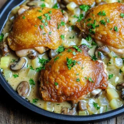 - 4 bone-in chicken thighs, skin on - 2 cups mushrooms, sliced (cremini or button) - 1 medium onion, diced - 3 cloves garlic, minced The chicken thighs are the star. Their skin adds flavor and keeps the meat juicy. I love using cremini mushrooms for their rich taste. You can also use button mushrooms if you prefer a milder flavor. Diced onions add sweetness, while minced garlic gives a nice kick. - 1 cup heavy cream - 1 cup chicken broth - 2 tablespoons olive oil - 1 teaspoon dried thyme - 1 teaspoon paprika - Salt and pepper to taste The heavy cream makes the sauce rich and smooth. Chicken broth adds depth and ties the flavors together. Olive oil helps to brown the chicken and sauté the veggies. Thyme and paprika add warmth and complexity. Don’t forget to season with salt and pepper! - Fresh parsley, chopped Fresh parsley brings color and brightness to the dish. It also adds a fresh flavor note. Just sprinkle it on top before serving for a beautiful finish. Preparing the Chicken First, pat the chicken thighs dry with paper towels. This step helps the skin crisp up. Season both sides of the chicken with salt, pepper, and paprika. The spices add a nice flavor. Searing the Chicken Next, heat olive oil in a large skillet over medium-high heat. Once hot, add the chicken thighs skin-side down. Sear them for about 6-7 minutes until the skin is golden brown. Flip the chicken and cook for another 5 minutes. Then, remove the chicken from the skillet and set it aside. Sautéing Onions and Mushrooms In the same skillet, add the diced onion and sliced mushrooms. Sauté them for 5-7 minutes. You want the onions to become translucent and the mushrooms to release their moisture. Adding Garlic and Thyme Now, add the minced garlic and dried thyme to the skillet. Stir and cook for an additional 1-2 minutes until you can smell the garlic's aroma. This step builds a rich flavor base for your sauce. Deglazing the Skillet Pour in the chicken broth and bring it to a gentle simmer. As it simmers, scrape the bottom of the skillet with a wooden spoon. This action helps lift any tasty bits stuck to the pan. Combining Chicken and Sauce Next, stir in the heavy cream and mix well. Return the chicken thighs to the skillet, placing them skin-side up. Make sure they are mostly covered with the creamy mushroom sauce. Simmering the Dish Reduce the heat to low, cover, and let it simmer for about 25-30 minutes. This slow cooking helps the chicken become tender and fully cooked. Adjusting Seasoning Once done, remove the skillet from heat. Taste the sauce and adjust the seasoning if needed. You can add more salt, pepper, or even some fresh herbs for extra flavor. Garnish with chopped parsley before serving. Enjoy! Ensuring Even Cooking To cook chicken thighs evenly, start with room temperature meat. Take them out of the fridge 30 minutes before cooking. This helps the inside cook through without burning the outside. Use a heavy skillet for better heat distribution. How to Check Chicken Doneness The best way to check if chicken is done is with a meat thermometer. Aim for 165°F (75°C) in the thickest part. If you don’t have a thermometer, cut into the thigh. The juices should run clear, not pink. Alternative Mushroom Options If you can’t find cremini or button mushrooms, try shiitake or portobello. Both add rich flavors. You can even mix different types for a unique taste. Cream Substitutes for Lighter Version You can replace heavy cream with half-and-half or Greek yogurt for a lighter dish. If you want a dairy-free option, use coconut milk or a nut-based cream. How to Store Leftovers Let the dish cool down before storing. Place it in an airtight container. It stays fresh in the fridge for up to three days. For longer storage, freeze it in portions. Reheating Instructions To reheat, place the chicken in a skillet over low heat. Add a splash of broth or water to prevent drying. Cover it to warm evenly. You can also use the microwave, but stir halfway through to heat it evenly. {{image_2}} You can make this dish even better by adding greens. Spinach or kale works great. Just toss them in with the mushrooms. They add color and nutrients. You can also try other veggies. Peas, carrots, or bell peppers can fit well in the sauce. Each adds a new taste and texture. If you want a change, use boneless chicken thighs. They cook faster and stay juicy. Chicken breast is another good option, but it can dry out. If you go with breast, watch the cooking time. It cooks quicker than thighs. Want a lighter sauce? Swap heavy cream for half-and-half or Greek yogurt. This cuts calories but still gives creaminess. You can also add cheese for a richer flavor. Parmesan or cream cheese blends well into the sauce. This gives it a tasty twist. Calories per Serving This dish has about 400 calories per serving. The creamy sauce adds richness, while the chicken provides protein. Macronutrient Composition - Protein: 30g - Fat: 28g - Carbohydrates: 8g This meal gives a good balance of protein and healthy fats. It can keep you full and satisfied. Benefits of Mushrooms Mushrooms are low in calories but rich in nutrients. They offer antioxidants, which help fight off illness. They also provide vitamins like B and D, boosting your overall health. Advantages of Chicken Thighs Chicken thighs are juicy and full of flavor. They contain more fat than chicken breast, which helps keep the meat tender. Plus, they provide a good source of protein, iron, and zinc. Gluten-Free and Keto Options This recipe is naturally gluten-free. It fits well into a keto diet due to its low carbohydrate content. You can enjoy it without worries about gluten. Allergy Awareness Be cautious if you have allergies. This recipe contains chicken and dairy. If you have mushroom allergies, skip the mushrooms or use another vegetable. Always check labels for hidden allergens. How long do I cook chicken thighs? Cook chicken thighs for about 25-30 minutes. Use a meat thermometer to check the internal temperature. It should read 165°F. This ensures the chicken is safe to eat. Can I use chicken breast instead of thighs? Yes, you can use chicken breast. However, thighs are juicier and more flavorful. If you choose breast, cook it for about 20-25 minutes. Keep an eye on it to avoid dryness. How to make this dairy-free? To make this dish dairy-free, swap heavy cream with coconut milk. Use a non-dairy milk alternative as well. This keeps the sauce creamy without dairy. Can I freeze the creamy mushroom sauce? You can freeze the sauce. Let it cool completely before placing it in a freezer-safe container. It lasts up to three months. Reheat gently on the stove when ready to use. What is the best way to sear chicken? The best way to sear chicken is to use a hot skillet. Start with a little olive oil. Place the chicken skin-side down and do not move it for the first few minutes. This helps achieve a nice golden color. How do I know when the chicken is fully cooked? Check for doneness using a meat thermometer. The chicken should reach 165°F. You can also cut into the thickest part. The juices should run clear with no pink. This blog post covers the key ingredients for a delicious chicken dish. We discussed main ingredients like chicken thighs, mushrooms, and garlic. I shared tips for creating a creamy sauce and garnishing with parsley. You now have step-by-step instructions for preparing and cooking the dish. I offered cooking tips and ingredient substitutes for flexibility. Lastly, we explored variations to suit your taste. Enjoy making this dish, and know it can be adjusted to fit your needs. Happy cooking!