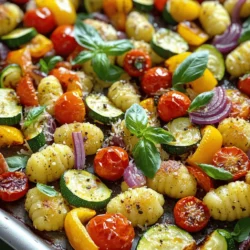 - 1 pound store-bought gnocchi - 1 medium zucchini, sliced - 1 bell pepper (any color), chopped - 1 cup cherry tomatoes, halved - 1 red onion, diced - 3 cloves garlic, minced - 3 tablespoons olive oil To make this dish work, you need some key ingredients. Start with store-bought gnocchi for a quick meal. This saves time and still gives you great flavor. You can find gnocchi in most grocery stores. Next, gather assorted vegetables. I love using zucchini, bell peppers, cherry tomatoes, and red onions. Each adds color and flavor. These veggies roast well and become tender while the gnocchi crisp up. Don't forget the garlic! It adds a lovely aroma and taste. Finally, you’ll need olive oil to help everything roast perfectly. This makes the dish rich and tasty. - 1 teaspoon dried oregano - 1 teaspoon smoked paprika - Salt and pepper to taste - Optional: Grated Parmesan cheese Spices make this dish shine! Dried oregano gives a warm, earthy flavor. It pairs nicely with the veggies. Smoked paprika adds a hint of sweetness and a nice smokiness. You should also season with salt and pepper. This helps bring out the taste of all your ingredients. If you love cheese, sprinkle some grated Parmesan on top when serving. It melts beautifully and gives a creamy finish. Using these ingredients, you’ll create a tasty, colorful meal that everyone will enjoy! To start, preheat your oven to 425°F (220°C). This high heat gives a nice roast to the veggies and gnocchi. Next, line a large sheet pan with parchment paper. This helps with cleanup and keeps everything from sticking. Now, grab a large bowl and slice the zucchini. Chop the bell pepper and dice the red onion. Halve the cherry tomatoes and add them all to the bowl. Mince three cloves of garlic and toss them in too. Drizzle three tablespoons of olive oil over the veggies. Sprinkle in one teaspoon of dried oregano, one teaspoon of smoked paprika, and salt and pepper to taste. Mix everything well until the vegetables are fully coated. This step is key for flavor. Once mixed, spread the veggie mix evenly on one side of the prepared sheet pan. On the other side, add one pound of store-bought gnocchi. Lightly toss the gnocchi with a touch of olive oil and a pinch of salt and pepper. This helps them get crispy while roasting. Place the sheet pan in your preheated oven. Set a timer for 20-25 minutes. Halfway through cooking, give everything a good stir. This ensures even cooking and browning. When done, the gnocchi should be golden and crispy, while the veggies will be tender and flavorful. To ensure crispy gnocchi, follow these steps: - Use enough oil: Drizzle enough olive oil on the gnocchi before roasting. This helps them crisp up nicely. - Don’t crowd the pan: Spread the gnocchi and veggies out well. Crowding can lead to steaming instead of roasting. - Stir halfway through: Give the mixture a good stir at the halfway point. This helps everything cook evenly. For proper veggie cutting, consider these tips: - Uniform sizes: Cut your veggies into similar sizes. This ensures they roast at the same rate. - Thin slices for zucchini: Slice zucchini thinly for quick cooking. Thick slices can stay firm while others become soft. - Chop bell pepper and onion: Aim for 1-inch pieces for the bell pepper and onion. This size works well for even roasting. Garnishing your dish can elevate its look and taste: - Fresh basil: Add torn basil leaves right before serving. They bring a fresh taste and bright color. - Grated Parmesan: If you like cheese, sprinkle grated Parmesan on top. It adds a nice salty touch. Pairing your roasted gnocchi can enhance your meal: - Serve with a side salad: A light salad complements the rich flavors of the gnocchi. - Try a dipping sauce: Serve with a marinara sauce or a simple olive oil dip. These add extra flavor and fun! {{image_2}} You can switch up your veggies for this dish. Try using broccoli, carrots, or even asparagus. Each vegetable adds its own flavor and texture. Seasonal vegetables work great too. In summer, use zucchini and bell peppers. In fall, think about adding squash or Brussels sprouts. This flexibility keeps each meal exciting and fresh. If you want to make your own gnocchi, it's fun and easy. Just mix mashed potatoes with flour and egg, then shape it. For those who need gluten-free options, try using gluten-free pasta instead. There are also vegan gnocchi brands available. They let everyone enjoy this dish, no matter their diet. To keep your sheet-pan roasted veggie gnocchi fresh, store it in an airtight container. Place it in the fridge within two hours of cooking. This helps keep the taste and texture. You can safely store it for up to three days. When it's time to eat, reheat in the oven for best results. Preheat your oven to 350°F (175°C). Spread the gnocchi and veggies on a baking sheet. Heat for about 10-15 minutes until warm. If you have extra gnocchi and veggies, freezing is a great option. First, let them cool completely. Spread them out on a baking sheet in a single layer. Freeze for 1-2 hours until firm. Then, transfer them to a freezer bag or container. Be sure to remove as much air as possible. This helps prevent freezer burn. For best quality, use within three months. To reheat, take them out of the freezer and thaw overnight in the fridge. Then, follow the reheating instructions above. It takes about 30 minutes to make this dish. You need 10 minutes to prep and 20 minutes to cook. First, you chop the veggies and mix them. Then, roast everything together in the oven. This quick process gives you a tasty meal in no time. Yes, you can use frozen gnocchi. Just keep in mind that frozen gnocchi may be softer. You might need to cook them for a few extra minutes. It’s best to check for a golden color to see if they are ready. This way, you can still enjoy that crispy texture. You can serve roasted gnocchi with a fresh salad or crusty bread. A simple green salad pairs well with it. You might like to add a light vinaigrette for extra flavor. Roasted veggies also make a great side, adding more color and taste to your meal. This article covered key ingredients, easy steps, and helpful tips for making delicious sheet-pan roasted veggie gnocchi. Remember, the right mix of veggies and spices brings out the best flavors. Don’t be afraid to try new ingredients or pairings. You can customize this dish based on your favorites. Enjoy making this easy meal with your own twist! Cooking should be fun, and this dish surely is.