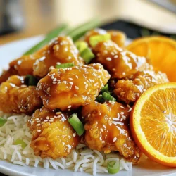 - 1 lb boneless, skinless chicken thighs, cut into bite-sized pieces - ½ cup all-purpose flour - 2 large eggs, beaten - 1 cup panko breadcrumbs - ¼ cup cornstarch - Salt and pepper to taste - 2 tablespoons vegetable oil (for frying) For this recipe, chicken thighs work best. They stay juicy and tender, making every bite delicious. - Zest of 1 large orange - ½ cup fresh orange juice - ¼ cup soy sauce - ¼ cup honey - 2 teaspoons grated fresh ginger - 1 garlic clove, minced - 1 tablespoon rice vinegar - 1 teaspoon cornstarch mixed with 1 tablespoon water (for thickening) The orange zest brings bright flavor. Fresh juice adds sweetness and tang. Honey balances the saltiness from the soy sauce. - Sesame seeds for garnish - Sliced green onions for garnish - A few orange slices for a fresh touch These add color and flavor to your dish. They make your meal look great on the plate. Serve this chicken over steamed jasmine rice for a complete meal. Start by cutting one pound of boneless, skinless chicken thighs into bite-sized pieces. Season these pieces with salt and pepper. This step adds flavor upfront. Next, set up a breading station with three bowls. Fill one bowl with half a cup of all-purpose flour. In the second bowl, beat two large eggs. The last bowl holds one cup of panko breadcrumbs mixed with a quarter cup of cornstarch. This mix gives the chicken a great crunch. Now, it’s time to bread the chicken. Take a piece of seasoned chicken and dredge it in the flour. Make sure to shake off any excess flour. Next, dip the floured chicken into the beaten eggs. Finally, coat the chicken in the panko-cornstarch mix. Press down gently to ensure it sticks well. Place the breaded chicken on a plate. Repeat this with all pieces. Heat two tablespoons of vegetable oil in a large skillet over medium heat. To check if the oil is hot enough, drop a small piece of bread into the oil. If it sizzles, it’s ready. Add the breaded chicken pieces in batches. Avoid overcrowding the pan to ensure even cooking. Fry each piece for about four to five minutes on each side. Look for a golden brown color. Once cooked, drain the chicken on paper towels to remove excess oil. While the chicken fries, make the orange sauce. In a small saucepan, combine the zest of one large orange, half a cup of fresh orange juice, a quarter cup of soy sauce, and a quarter cup of honey. Add two teaspoons of grated fresh ginger and one minced garlic clove. Pour in one tablespoon of rice vinegar. Stir well and bring the mixture to a gentle simmer over medium heat. Once the sauce bubbles gently, it’s time to thicken it. Mix one teaspoon of cornstarch with one tablespoon of water in a small bowl. Stir this mixture into the sauce. Cook for another one to two minutes while stirring. This helps the sauce reach the right thickness without being too gloopy. Add the fried chicken pieces to the saucepan with the orange sauce. Toss everything together gently so that each piece is coated well. Transfer the orange chicken to a serving platter or individual bowls. For a beautiful finish, serve it over steamed jasmine rice. Garnish with sesame seeds and sliced green onions. Add a few orange slices on the side for a fresh flair. Enjoy your homemade, better-than-takeout orange chicken! To get the best flavor from your orange chicken, focus on these key steps: - Marinate the Chicken: You can marinate the chicken pieces in soy sauce for 30 minutes. This adds depth to the dish. - Use High Heat: When frying, make sure your oil is hot. This keeps the chicken crispy and prevents it from becoming oily. - Fry in Batches: Don’t crowd the pan. Frying in batches helps each piece cook evenly and get crispy. You can easily swap ingredients for healthier choices without losing taste: - Chicken Thighs to Chicken Breasts: If you prefer leaner meat, use boneless chicken breasts instead. - Panko Breadcrumbs to Whole Wheat Breadcrumbs: This adds fiber and nutrients. - Honey to Maple Syrup: If you want a different flavor, maple syrup works well and is a great natural sweetener. The way you serve your orange chicken can make it even more appealing. Here are some ideas: - Serve with Jasmine Rice: Place the chicken over a bed of steamed jasmine rice. This adds texture and flavor. - Garnish Creatively: Top with sesame seeds and sliced green onions for a pop of color. - Add Orange Slices: A few orange slices on the side give a fresh look and enhance the orange flavor. {{image_2}} You can swap chicken with other proteins. Try shrimp, tofu, or pork. Each option adds a unique twist. Shrimp cooks fast and has a nice texture. Tofu soaks up flavor and is great for vegans. Pork gives a nice savory taste. Just adjust cooking times to ensure everything is cooked well. For a vegetarian or vegan version, use plant-based proteins. Chickpeas or seitan work well. Both have great texture and flavor. If you choose tofu, press it to remove excess water first. Then, season and bread it like chicken. You can also try cauliflower florets. They crisp up nicely and soak up the sauce. While orange sauce is classic, you can explore other flavors. Try adding chili flakes for heat. You can mix in pineapple juice for a sweet twist. Experiment with sesame oil for a nutty taste. Soy sauce can be swapped for tamari to make it gluten-free. Each change brings a new taste and fun to your meal! To keep your Better-Than-Takeout Orange Chicken fresh, store it in an airtight container. Let it cool first, then transfer the chicken and sauce together. If you separate them, the chicken can become soggy. Store it in the fridge for up to three days. When it's time to enjoy your leftovers, reheating is key. Use a skillet over medium heat for the best results. Add a splash of water or broth to keep it moist. Stir occasionally until it's heated through. You can also use the microwave, but cover it to prevent drying out. If you want to save some for later, freezing works well. Place the chicken and sauce in a freezer-safe bag. Remove as much air as possible. This helps prevent freezer burn. You can freeze it for up to three months. When you’re ready to eat, thaw it overnight in the fridge before reheating. This keeps the flavors intact and tasty! This Orange Chicken is better than takeout for many reasons. First, you control the ingredients. You can use fresh chicken thighs and avoid any unwanted additives. Second, the flavor is bright and bold. The mix of orange juice, honey, and ginger gives it a sweet and tangy punch. Finally, making it at home allows you to customize the dish to your taste. You can adjust the sweetness or add more spice. Yes, you can make this recipe gluten-free. Use gluten-free flour and gluten-free panko breadcrumbs. These swaps keep the crunch while making the dish safe for those with gluten sensitivities. Make sure to also use a gluten-free soy sauce, like tamari, in the sauce. To keep your chicken crunchy, follow these tips: - Use panko breadcrumbs. They add extra crunch. - Mix cornstarch with the panko. It helps create a crispier coating. - Fry in small batches. This prevents the oil from cooling down. - Drain the fried chicken on paper towels. This keeps it from getting soggy. Serve this Orange Chicken with: - Steamed jasmine rice for a classic pairing. - Stir-fried vegetables for a colorful plate. - A simple salad for freshness. - Toasted sesame seeds and green onions for garnish. In this post, we covered how to make Better-Than-Takeout Orange Chicken. We explored the main ingredients, the step-by-step cooking process, and tips for flavor and presentation. I shared options for variations, like vegetarian choices and storage info to keep your leftovers fresh. With these insights, you can create a tasty dish at home that beats takeout. I hope you feel inspired to try this recipe and enjoy a delightful meal. Cooking at home can be fun and rewarding!