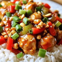 - 1 lb boneless, skinless chicken thighs, cut into bite-sized pieces - 1 red bell pepper, diced - 1 green bell pepper, diced - ½ cup unsalted roasted peanuts - 3 green onions, chopped (whites and greens separated) - 3 cloves garlic, minced - 1-inch piece ginger, minced - 2 tablespoons soy sauce - 2 tablespoons rice vinegar - 1 tablespoon hoisin sauce - 1 teaspoon sesame oil - 2 tablespoons cornstarch - 1 tablespoon vegetable oil - ½ teaspoon red pepper flakes (adjust to taste) - Salt and pepper to taste The chicken is the star of this dish. I prefer using thighs for their juiciness. You can also use breasts if you want a leaner option. The bell peppers give color and a sweet crunch. Peanuts add a nice texture and flavor. The sauces blend to create a rich taste. Soy sauce gives a salty kick. Rice vinegar adds tang, while hoisin brings sweetness. Sesame oil gives depth. The cornstarch thickens the sauce, making it cling to the chicken and veggies. - Fresh herbs and spices - Cornstarch and oils - Garnishes The herbs and spices elevate the dish. Garlic and ginger give warmth and aroma. Red pepper flakes add heat but feel free to adjust to your liking. Cornstarch is key for the sauce. It helps it stick to the ingredients. Vegetable oil is best for high-heat cooking. For garnishes, I love adding chopped green onions. They add color and freshness. You can also sprinkle more peanuts on top for crunch. To start, you need to marinate the chicken. In a medium bowl, mix the chicken thighs with: - 2 tablespoons soy sauce - 2 tablespoons rice vinegar - 1 tablespoon hoisin sauce - 1 tablespoon cornstarch Make sure to coat all the chicken pieces well. This marinade adds a lot of flavor. Let it sit for at least 15 minutes. If you have time, longer is better. Next, let's prepare the sauce. In another bowl, whisk together: - 1 tablespoon cornstarch - 1 teaspoon sesame oil - A splash of water Mix until smooth. Add red pepper flakes, salt, and pepper to taste. If you like it spicy, add more red pepper flakes. If not, start with a little and taste it later. Now, it's time to cook. Heat 1 tablespoon of vegetable oil in a large skillet or wok over medium-high heat. Add the marinated chicken and stir-fry it for about 5-7 minutes. Cook until it turns brown and is cooked through. Once done, remove the chicken and set it aside. In the same skillet, add: - 3 cloves garlic, minced - 1-inch piece ginger, minced - Whites of 3 chopped green onions Sauté these for about 1 minute until they smell great. Then, add: - 1 diced red bell pepper - 1 diced green bell pepper Stir-fry these for another 2-3 minutes until they soften up. Now, return the cooked chicken to the skillet. Pour in the sauce you made earlier. Toss everything together to mix well. Continue cooking for another 2-3 minutes until the sauce thickens. Finally, stir in: - ½ cup unsalted roasted peanuts - Greens of the chopped green onions Mix everything for an extra minute. Now, your Kung Pao Chicken is ready to serve! To boost the taste of Kung Pao Chicken, use fresh ingredients. Fresh garlic and ginger add a punch. For seasoning, I recommend adding a touch more soy sauce or hoisin sauce. This can enhance the umami flavor. Adjust the red pepper flakes based on your spice level. A little heat can make the dish exciting. Cooking temperatures matter too. Start with high heat when stir-frying. This helps to caramelize the chicken quickly. It keeps the meat juicy while adding a nice color. When you add the vegetables, lower the heat slightly. This allows them to cook without burning. For the best results, a good skillet or wok is key. I prefer a non-stick wok for easy cooking and cleaning. It allows for even heat distribution. A sturdy spatula helps move the ingredients around without breaking them. Essential utensils include a sharp knife for cutting and a cutting board. A whisk is great for mixing sauces. Don’t forget measuring spoons for accurate spice levels. For serving, lay the Kung Pao Chicken over steamed rice or quinoa. This adds texture and absorbs the flavors. Use a large serving platter or individual bowls. Garnishing makes a dish stand out. Add extra chopped green onions on top. A few whole peanuts provide a nice crunch. A sprinkle of sesame seeds can add a lovely touch too. {{image_2}} You can swap chicken for tofu for a plant-based meal. Use firm tofu, and press it to remove extra water. Cut it into cubes and marinate like the chicken. Cook until golden for the best texture. Shrimp or beef also work well. For shrimp, use large, peeled shrimp. Cook them quickly, just like the chicken. If you choose beef, flank steak or sirloin are great choices. Slice thinly against the grain for tenderness. Feel free to add more veggies to your stir fry. Broccoli, snap peas, or carrots can give it a nice crunch. Just remember to cut them into bite-sized pieces. You can also play with bell pepper colors. Use yellow or orange peppers for a sweeter taste. Mixing colors makes your dish more vibrant and fun. If you want less heat, reduce the red pepper flakes. Start with a pinch and taste as you go. You can always add more later. For spice lovers, increase the red pepper flakes or add fresh chili peppers. Slices of jalapeño can add a nice kick. Just be careful to balance the heat with sweet and salty flavors. To keep your Kung Pao Chicken fresh, use airtight containers. Glass or plastic containers work best. Store in the fridge for up to 3 days. Make sure to let it cool before sealing. This helps prevent sogginess. Reheat your Kung Pao Chicken in a skillet over medium heat. Stir it often to warm evenly. You can also use the microwave. Heat in short bursts, stirring in between. This keeps the chicken tender and the veggies crisp. To freeze, let it cool completely. Place it in a freezer-safe container. You can also use freezer bags. Remove as much air as you can. It will stay good for about 2 months. When ready to eat, thaw in the fridge overnight. Then heat it on the stove or microwave until hot. You have many great options! Here are some ideas: - Rice options: Serve Kung Pao Chicken over white rice, brown rice, or jasmine rice. You can also try quinoa for a healthy twist. - Side dishes: Pair it with steamed vegetables, egg rolls, or a simple cucumber salad. These sides balance the flavors and add more crunch. Yes, you can make Kung Pao Chicken in advance. Here are some tips: - Meal prep suitability: It works well for meal prep. Cook a big batch and store it for later. - Best practices for preparing in advance: Marinate the chicken ahead of time. Cook the dish and let it cool completely before storing. Keep it in an airtight container in the fridge for up to three days. Kung Pao Chicken can be spicy, but you can adjust it. Here’s how: - Adjusting the heat level: The red pepper flakes give it heat. Use less for a milder dish or add more for extra spice. - Flavor profiles: Besides the heat, you get sweet, salty, and nutty flavors. The balance makes it a delightful dish! In this article, we explored Kung Pao Chicken's main ingredients and preparation steps. We discussed marinating the chicken, making sauces, and cooking techniques. We also shared tips to enhance flavor and presentation. You learned about variations and storage options for leftovers. Kung Pao Chicken is a versatile dish. Adjust ingredients to fit your taste. With practice, you can create a meal that impresses everyone. Enjoy your cooking journey!