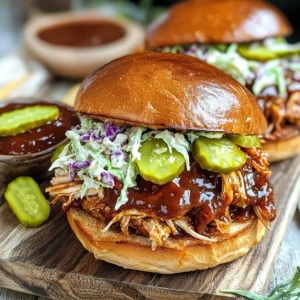 For this recipe, I use 2 lbs of boneless, skinless chicken breasts. This cut makes the chicken tender and easy to shred. You could also use thighs if you prefer. Thighs add a richer flavor, but breasts keep it lean. The BBQ sauce is crucial. I recommend using 1 cup of your favorite brand for the best taste. I also add 1/2 cup of chicken broth for moisture. To enhance the flavor, include 1 tablespoon of apple cider vinegar, 1 teaspoon of smoked paprika, 1 teaspoon of garlic powder, and 1 teaspoon of onion powder. Don’t forget salt and pepper to taste. This blend creates a tasty, smoky profile. I like to serve the pulled chicken on 4 whole wheat buns. Whole wheat adds a nutty flavor and good texture. For toppings, coleslaw is a great choice. It adds crunch and freshness. You can also add pickles for a tangy kick. These toppings make the sandwich more delicious and fun! Start by placing 2 lbs of boneless, skinless chicken breasts into your slow cooker. Pour 1/2 cup of chicken broth over the chicken. This keeps it moist. In a separate bowl, mix together 1 cup of your favorite BBQ sauce, 1 tablespoon of apple cider vinegar, 1 teaspoon of smoked paprika, 1 teaspoon of garlic powder, and 1 teaspoon of onion powder. Season with salt and pepper to taste. Stir until everything is well mixed. Pour this BBQ sauce mixture over the chicken. Make sure every piece of chicken is nicely coated. Cover the slow cooker and set it to cook. You can cook on low for 6-7 hours or on high for 3-4 hours. The chicken should be very tender when it’s done. You can tell it’s ready when it easily shreds with a fork. This slow cooking allows all the flavors to blend perfectly. Once the chicken is cooked, take two forks and shred the chicken right in the slow cooker. Mix it well with the BBQ sauce. This makes every bite juicy and flavorful. If you want, toast the whole wheat buns lightly. Serve the pulled chicken on the buns. You can add coleslaw and pickles on top if you like. This adds crunch and flavor. For a nice touch, serve the sandwiches on a wooden board. Add extra BBQ sauce and coleslaw on the side for a great presentation. Enjoy your delicious meal! When picking a BBQ sauce, think about your taste. Do you like sweet, tangy, or smoky? Look for a sauce with natural ingredients. This makes the flavor fresh and clean. A thicker sauce sticks to the chicken well. I often use a honey BBQ sauce for a sweet twist. Try different brands to find your favorite! The right spices can make a big difference. Smoked paprika adds depth and warmth. Garlic powder and onion powder give a nice base. If you want a kick, add cayenne pepper or chili powder. You can even mix in some brown sugar for sweetness. Taste your sauce before cooking. Adjust it to suit your family’s preferences. Toasting your buns makes them even better. It adds a nice crunch and holds the filling well. Heat a pan over medium heat and add a little butter. Place the buns cut side down. Toast until golden brown. This simple step makes your sandwiches feel special. Plus, it keeps the buns from getting soggy! {{image_2}} You can switch the chicken for turkey or pork. Turkey makes a lighter meal. Use 2 lbs of boneless turkey breasts. For pork, try a pork shoulder. It gives a richer taste. Cook the same way, and shred when done. Each protein brings its own flavor to your BBQ pulled sandwiches. BBQ sauce comes in many styles. You can use sweet, tangy, or spicy sauces. Try a mustard-based sauce for a new twist. A smoky sauce adds depth to your dish. Choose your favorite and mix it with the chicken. Each sauce gives a unique taste that can change your meal. For a vegetarian option, use jackfruit instead of chicken. This fruit shreds easily and mimics meat. Use the same BBQ sauce and seasonings. Cook it in the slow cooker just like the chicken. You can also use mushrooms for a meaty texture. These options make delicious pulled sandwiches for everyone. You can freeze pulled chicken for up to three months. First, let it cool to room temperature. Then, place it in a freezer-safe bag or container. Remove as much air as you can before sealing. Label the bag with the date. When you’re ready to eat, thaw it in the fridge overnight. This keeps it safe and tasty. Store leftover pulled chicken in an airtight container. It will stay fresh for up to four days in the fridge. Make sure the chicken is cool before sealing it. If you want to enjoy it later, consider dividing it into smaller portions. This makes it easy to grab just what you need. Reheat your pulled chicken gently for the best flavor. You can use the microwave or stovetop. If using the microwave, heat it in 30-second intervals, stirring in between. For the stovetop, warm it in a pan over low heat. Add a splash of BBQ sauce to keep it moist. Enjoy your delicious pulled chicken again! Yes, you can use an Instant Pot for this recipe. Place the chicken in the pot with the broth. Mix the BBQ sauce and seasonings in a bowl. Pour the sauce over the chicken. Seal the lid and cook on high pressure for 10-12 minutes. Let the steam release naturally for about 5 minutes. Then, shred the chicken, mix it with the sauce, and serve. It's quick and easy! To spice up the chicken, add some cayenne pepper or hot sauce. A teaspoon of red pepper flakes can also work well. Mix these spices with the BBQ sauce before pouring it over the chicken. You can adjust the amount based on your heat preference. This will give you a great kick in every bite! Many sides pair well with BBQ pulled chicken sandwiches. Here are some tasty options: - Coleslaw: It adds crunch and freshness. - Sweet potato fries: They offer a nice sweetness. - Corn on the cob: A classic summer side. - Baked beans: They complement the BBQ flavor. - Potato salad: Creamy and satisfying. These sides balance the meal and enhance the flavors. Enjoy your feast! In this post, we explored how to make delicious BBQ pulled chicken sandwiches. We covered the main ingredients, from the chicken and sauce to tasty buns. You learned step-by-step instructions for prepping, cooking, and serving. We also shared tips for selecting sauces and creating variations with different proteins. Finally, we talked about storage and reheating methods. BBQ pulled chicken sandwiches are simple and fun to make. You can easily customize them to fit your taste. Enjoy your cooking journey!