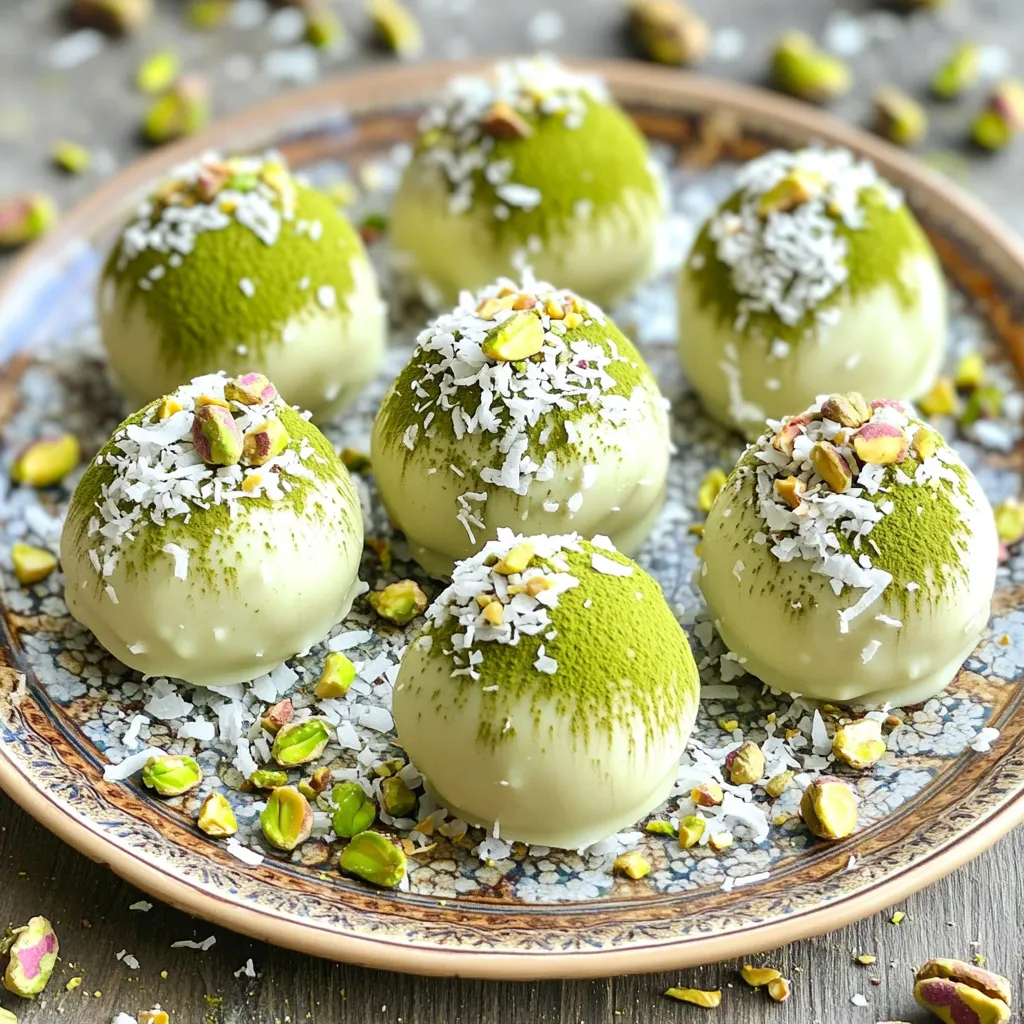 To make No Bake Matcha White Chocolate Truffles, gather these simple ingredients: - 1 cup white chocolate chips - 2 tablespoons unsweetened matcha powder - ½ cup heavy cream - 1 teaspoon vanilla extract - ¼ cup crushed pistachios (for coating) - ¼ cup desiccated coconut (for coating) - Pinch of sea salt These ingredients create a rich and tasty treat. The white chocolate gives a sweet base. Matcha adds a unique flavor and color. Heavy cream makes the truffles creamy. Vanilla gives a warm note. The coatings of pistachios and coconut add crunch and visual appeal. When choosing your matcha, look for a vibrant green color. This means it is fresh and high quality. The same goes for white chocolate; choose good quality chips for the best taste. You can find these ingredients at most grocery stores. This recipe is easy to follow and great for sharing. It takes simple items to make something special. Enjoy the fun of making these truffles! 1. Heating the heavy cream: Start by pouring the heavy cream into a small saucepan. Heat it over medium-low heat. Watch it closely so it doesn’t boil. You want it hot, just before simmering. 2. Melting the white chocolate: Once the cream is hot, remove it from heat. Add the white chocolate chips right into the cream. Let them sit for about one to two minutes. This helps them melt perfectly. 3. Mixing in the matcha and flavors: After the chocolate is melted, whisk it well. Add the unsweetened matcha powder, vanilla extract, and a pinch of sea salt. Keep whisking until the mixture is smooth and creamy. 1. Cooling the mixture: Transfer the mixture into a bowl. Cover it tightly with plastic wrap. Place this bowl in the fridge for about one hour. This helps it firm up nicely. 2. Scooping and rolling the truffles: After chilling, take the mixture out of the fridge. Use a small cookie scoop or your hands to scoop out small balls. Roll each ball quickly between your palms. This forms smooth truffles. 1. Combining coating ingredients: In a shallow dish, mix the crushed pistachios and desiccated coconut. This will be your coating for the truffles. 2. Rolling and setting the truffles: Roll each truffle in the coating mixture. Make sure they are fully covered. Place the finished truffles on a parchment paper-lined baking sheet. Chill them in the fridge for another 30 minutes to set. These steps ensure your no-bake matcha white chocolate truffles turn out perfect every time. Enjoy the fun of making these delicious treats! To make the best truffles, smoothness is key. Start by gently heating the heavy cream. Use low heat to avoid burning it. When the cream is close to simmering, take it off the heat. Next, add the white chocolate chips to the hot cream. Let them sit for one to two minutes. This allows the chocolate to melt without stirring. Once melted, whisk in the matcha powder, vanilla extract, and a pinch of sea salt. This creates a smooth and creamy mixture. After mixing, transfer it to a bowl. Cover the bowl with plastic wrap and place it in the fridge. The ideal refrigeration time is about one hour. This ensures the mixture firms up enough for easy scooping. Presentation matters. Arrange the truffles on a decorative plate. For added flair, sprinkle some extra matcha powder on top. You can also add whole pistachios for a nice touch. If you want to impress, consider using small cupcake liners. These can make your truffles look more elegant. Adding garnishes not only enhances visual appeal but also adds texture and flavor. Enjoy your beautiful creations! {{image_2}} To make your truffles unique, try different coatings. You can use cocoa powder for a rich taste. Crushed nuts, like almonds or hazelnuts, add crunch and flavor. You can also switch up the flavorings. Almond extract gives a nice twist to the matcha. Just a few drops will change the taste. If you need vegan options, use dairy-free white chocolate. Coconut cream works great instead of heavy cream. This way, you can still enjoy the creamy texture. For gluten-free options, check your chocolate chips. Most are gluten-free, but always read the labels. This way, everyone can enjoy these tasty truffles. To keep your matcha white chocolate truffles fresh, store them in an airtight container. This method keeps moisture out and helps maintain their texture. Place a piece of parchment paper between layers if stacking them. I recommend storing the truffles in the fridge. This keeps them cool and firm. The shelf life of these truffles is about one week in the fridge. If you want them to last longer, freezing is a great option. Freezing your truffles is easy. First, place the truffles on a baking sheet lined with parchment paper. Make sure they are not touching. Freeze them for about one hour until they are solid. Once frozen, transfer them to an airtight container or a freezer bag. Be sure to label the bag with the date. When you're ready to serve, take out only what you need. Thaw them in the fridge for a few hours. This helps them regain their creamy texture. Enjoy their rich flavor once they are thawed! How to make the truffles vegan? To make these truffles vegan, use dairy-free white chocolate chips. You can replace heavy cream with coconut cream or almond milk. Both options work well and add flavor. What can I substitute for heavy cream? You can use coconut cream, almond milk, or cashew cream instead of heavy cream. These options give you a nice texture. They also keep the truffles rich and creamy. Can I use different types of chocolate? Yes! You can use dark or milk chocolate instead of white chocolate. Each chocolate type will change the flavor a bit. Feel free to experiment with your favorite chocolate. What to do if my truffles are too soft? If your truffles are too soft, chill them longer in the fridge. If they still don’t firm up, add a bit more matcha powder or melted chocolate. Mix well and chill again. How can I prevent the coating from falling off? To keep the coating on, make sure the truffles are cold before rolling. You can also press the coatings gently onto the truffles. This helps them stick better. These matcha white chocolate truffles are fun to make and delicious to eat. You learned about the key ingredients and followed easy steps to create them. With tips for perfect texture and presentation, you can impress anyone. You also saw how to store and freeze your truffles for later enjoyment. Experimenting with flavors and dietary swaps makes this treat even more exciting. Now, gather your ingredients and start crafting your own sweet masterpieces!
