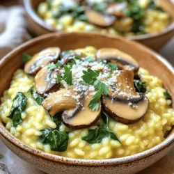 - 1 cup Arborio rice - 2 cups fresh spinach, roughly chopped - 8 ounces mushrooms, sliced (such as cremini or button) Arborio rice is key for creamy risotto. It absorbs liquid well and stays firm. Fresh spinach adds color and nutrients. Mushrooms bring a rich, earthy flavor that elevates the dish. - 4 cups vegetable broth - 2 tablespoons olive oil - 1 onion, finely chopped - 3 cloves garlic, minced Vegetable broth forms the base of the risotto. Use quality broth for best taste. Olive oil helps sauté the onion and garlic. They provide a flavorful foundation for the dish. - 1 teaspoon dried thyme - 1 teaspoon rosemary, chopped - ½ cup grated Parmesan cheese (or nutritional yeast for a vegan option) - ½ cup heavy cream (or coconut cream for a dairy-free version) - Salt and pepper to taste - Fresh parsley, chopped (for garnish) Thyme and rosemary add a fragrant touch. Parmesan cheese gives a creamy, salty finish. Heavy cream ensures the risotto is rich and smooth. Fresh parsley brightens the dish and enhances the presentation. - Heat 2 tablespoons of olive oil in a large pot over medium heat. - Add 1 finely chopped onion. Cook until it is soft, about 5 minutes. - Stir in 3 minced garlic cloves. Cook for 1 more minute. - Add 8 ounces of sliced mushrooms to the pot. - Cook the mushrooms until browned, about 5 to 7 minutes. This helps bring out their flavor. - Add 1 cup of Arborio rice to the pot. Stir well to coat the rice in oil. - Toast the rice for about 2 minutes. This step enhances the risotto's taste. - Gradually add 4 cups of vegetable broth, one ladle at a time. - Stir continuously and let the rice absorb most of the broth before adding more. This process takes about 20 minutes. - Once the rice is creamy and tender, stir in 2 cups of roughly chopped spinach. - Add 1 teaspoon of dried thyme and 1 teaspoon of chopped rosemary. Cook until the spinach wilts, about 2 to 3 minutes. - Mix in ½ cup of grated Parmesan cheese and ½ cup of heavy cream. Stir until the mixture is smooth. - Season with salt and pepper to your taste. Enjoy the creamy goodness! To get that creamy risotto, you need to focus on a few key things. First, the type of rice is crucial. Always use Arborio rice; it releases starch and gives risotto its creamy texture. When cooking, stir often. This helps the rice release more starch. For the best texture, you want the rice to be al dente, which means it should be firm but cooked through. Test the rice after about 18 minutes. If it is too hard, keep cooking and add more broth if needed. Using homemade vegetable broth can elevate your risotto. Store-bought broth is fine, but homemade broth packs in more flavor. You can make it with vegetable scraps, water, and herbs. Experiment with different cheeses to enhance the taste. Parmesan is classic, but you can try goat cheese or a sharp cheddar. These can add depth and richness to your dish. One mistake is overcooking the rice. Keep an eye on it and test it often. If you cook it too long, it will become mushy. Stirring is important, but do not overdo it. Stir gently and consistently, allowing the rice to cook evenly. This technique helps prevent clumping and ensures a creamy finish. {{image_2}} You can easily make a vegan version of this risotto. Replace heavy cream with coconut cream. For cheese, use nutritional yeast instead of Parmesan. Both substitutions keep the creamy texture. They also add a unique flavor that enhances your dish. Want to add some protein? You can mix in chicken, shrimp, or tofu. Cook the protein separately first. Then, stir it into the risotto right before serving. This adds heartiness and makes the dish more filling. You can boost the nutrition by adding other veggies. Peas or bell peppers work great here. They add color and crunch, making the dish even more appealing. Just toss them in when you add the spinach. To store your leftover risotto, place it in an airtight container. This helps keep the risotto fresh. Make sure to cool it down first before sealing it. You can store it in the fridge for up to three days. Label the container with the date. This way, you know when to eat it. Freezing risotto is a great way to save it for later. First, let it cool completely. Then, scoop portions into freezer-safe bags or containers. Press out as much air as possible before sealing. You can freeze it for up to three months. When you are ready to eat it, thaw it overnight in the fridge. Reheating risotto can be tricky. You want to bring back its creamy texture. The best way is to use a saucepan. Add a splash of broth or water to help loosen it. Heat it over low to medium heat, stirring often. This keeps it from sticking to the pan. If you want, add a little extra cream or cheese for richness. Enjoy your delicious risotto again! For risotto, I love using cremini or button mushrooms. They add great flavor and texture. Shiitake mushrooms also bring a rich taste. You can mix different types for more depth. Just make sure to slice them evenly for even cooking. Yes, you can use other grains like Carnaroli or Vialone Nano. These types also give a creamy texture. Quinoa can be a fun choice too, but it will change the flavor. Just remember, not all grains will absorb liquid like Arborio rice. To make risotto gluten-free, check your broth for gluten. Use a gluten-free vegetable broth. You can also add rich flavors with dairy-free cream or cheese. Nutritional yeast is an excellent substitute for cheese. It gives a cheesy flavor without gluten. In this post, we explored making a delicious risotto. We began with key ingredients like Arborio rice, fresh spinach, and mushrooms. Then, I shared step-by-step instructions on sautéing aromatics, cooking mushrooms, and finishing the dish. We talked about tips to perfect your risotto and variations like vegan options or added proteins. Lastly, I covered how to store leftovers effectively. With these tips, you can create a risotto that impresses and satisfies. Enjoy cooking and sharing this tasty meal with others!