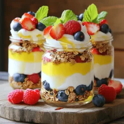 - 2 cups Greek yogurt (plain or vanilla) - 1 cup granola (your choice) - 2 cups mixed berries (strawberries, blueberries, raspberries) - 2 tablespoons honey or maple syrup - 1 teaspoon vanilla extract (optional) - Fresh mint leaves for garnish When making Greek yogurt parfait jars, the right ingredients matter. You can choose between plain or vanilla Greek yogurt. I love vanilla for that extra touch of sweetness. Next, select a granola you enjoy. Crunchy granola adds texture to your parfait. You can pick from various flavors, like honey or nut. For the berries, I recommend a mix of strawberries, blueberries, and raspberries. Each berry brings its unique taste and color. Wash and slice strawberries before using. Sweeteners like honey or maple syrup add a delightful drizzle. Just two tablespoons will do. For an extra layer of flavor, consider adding a teaspoon of vanilla extract to your yogurt. Finally, don't forget the fresh mint leaves for garnish. They add a burst of color and freshness. Each ingredient works together to create a simple yet tasty treat. Start by washing the mixed berries. Use cold water to rinse them well. Pat them dry with a clean towel. If you have strawberries, hull them first. Slice the strawberries into thin rounds. This makes them easier to layer. Next, mix the Greek yogurt with vanilla extract. This step is optional, but it adds flavor. Stir the vanilla into the yogurt until it blends well. If you use plain yogurt, this makes it taste sweeter. Grab some clean jars for the parfaits. Start with a layer of Greek yogurt at the bottom. Use about ⅓ cup of yogurt for each jar. Now, sprinkle about 2 tablespoons of granola on top of the yogurt. This adds a nice crunch. Next, add a layer of mixed berries, around ¼ cup. You can use any mix of berries you like. Repeat these layers. Add another layer of yogurt, then more granola, and more berries. Fill the jars almost to the top. Aim for at least two to three layers in each jar for the best look. After layering, drizzle honey or maple syrup over the last layer of berries. This adds a sweet touch. Now, garnish the parfait with a sprig of fresh mint. It adds color and freshness. Place the jars in the refrigerator for about 30 minutes. This chilling time helps the flavors mix well. When ready to serve, take them out and enjoy! To make your parfait look great, pay attention to layers. Start with yogurt at the bottom. Use about ⅓ cup for each layer. Next, sprinkle on 2 tablespoons of granola. Add ¼ cup of mixed berries on top. Repeat this until you reach the top of the jar. Aim for two to three layers for depth and color. For jar sizes, use small jars like 8-ounce ones. They are perfect for individual servings. They also make your parfait look pretty and neat. If you want a dairy-free option, use coconut yogurt or almond yogurt. These are great choices that still taste good. For vegan options, choose maple syrup instead of honey. If you need gluten-free granola, check labels carefully. Some granolas contain wheat. Look for brands that are certified gluten-free. You can also make your own granola at home for freshness and control. You can add more fun to your parfait with extra toppings. Try nuts, seeds, or a sprinkle of cinnamon. If you like chocolate, add cocoa nibs or dark chocolate chips. Seasonal fruits can change your parfait game. In summer, use peaches or nectarines. In fall, try apples or pears. Each season brings new flavors to enjoy! {{image_2}} You can switch up your Greek yogurt parfait jars to create fun flavor profiles. A tropical parfait is refreshing. Add coconut and pineapple for a sunny twist. Combine ½ cup of diced pineapple with shredded coconut. Layer this mix with yogurt and berries for a bright treat. If you love chocolate, try a chocolate yogurt parfait. Use chocolate-flavored Greek yogurt instead of plain or vanilla. You can also add cocoa powder to the yogurt. This adds rich flavor without extra sugar. Top it with chocolate granola for a delightful crunch. For a lighter option, focus on health-conscious variations. Choose low-sugar granola or skip it altogether. You can also replace honey with a sugar-free sweetener. This keeps the parfait tasty without the extra sugar. To increase protein, add nut butter or seeds. A tablespoon of almond or peanut butter works well. You can also sprinkle chia seeds on each layer. These additions boost protein and fiber, making your parfait filling and nutritious. Dessert versions of parfaits are fun and indulgent. Add layers of chocolate pudding or crumbled cookies. You can use graham crackers or Oreos for a sweet crunch. Try a brownie parfait by mixing bite-sized brownie pieces in your layers. Top it with whipped cream for a rich finish. These desserts can satisfy your sweet tooth while still being easy to prepare. Enjoy experimenting with flavors! To keep your Greek yogurt parfaits fresh, use airtight containers. These containers help prevent air and moisture from spoiling your tasty treat. When you layer the parfait, leave some space at the top. This way, the yogurt stays creamy, and the granola stays crunchy. Store the parfaits in the fridge for up to three days. Always check for any changes in smell or texture before eating. Can you freeze Greek yogurt parfaits? Yes, you can! However, freezing can change the texture of the yogurt and granola. For best results, freeze only the yogurt and berries. Avoid freezing granola, as it may get soggy. When you want to enjoy your parfait, thaw it in the fridge overnight. This helps maintain the right texture. After thawing, add fresh granola on top for crunch. Enjoy your parfaits as if they were just made! Greek yogurt parfaits can last for about 2-3 days in the fridge. Make sure to cover them well. This keeps them fresh and tasty. The yogurt may get watery over time, but the flavors will still be good. Yes, you can make Greek yogurt parfaits a day ahead. Just layer the yogurt, granola, and fruits in jars. Store them in the fridge until you are ready to serve. This makes breakfast or snacks super easy. You can use many fruits in parfaits. Here are some tasty options: - Bananas - Peaches - Apples - Mangoes - Kiwis - Pineapple Feel free to mix and match your favorites! In this post, we've explored how to make delicious Greek yogurt parfaits. You learned about choosing the right ingredients, like yogurt, granola, and berries. I’ve shared simple steps for prepping and layering your parfaits, along with tips for variations and storage. These parfaits offer endless options for flavor and health. Remember, you can customize it to fit any taste. Enjoy your delicious and nutritious creations!