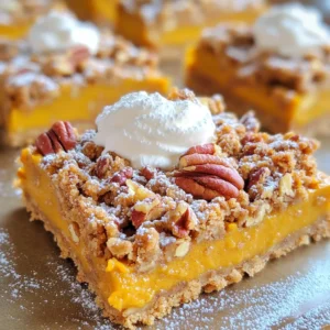 - 1 cup all-purpose flour - 1/2 cup brown sugar - 1/2 cup rolled oats - 1/4 teaspoon salt - 1/2 teaspoon ground cinnamon - 1/2 cup unsalted butter, melted - 1 cup pumpkin puree - 1/2 cup sweetened condensed milk - 1/4 cup granulated sugar - 1 large egg - 1 teaspoon vanilla extract - 1 teaspoon ground nutmeg - 1/2 teaspoon ground ginger - 1/4 teaspoon ground cloves - 1/4 cup chopped pecans (optional) You can add chopped pecans for a nice crunch. If you want a twist, try adding chocolate chips. They give a fun flavor that pairs well with pumpkin. If you need to swap some items, here are a few ideas: - Use whole wheat flour for a healthier option. - Swap brown sugar with coconut sugar for a different taste. - You can replace unsweetened condensed milk with coconut milk for a dairy-free version. - If you want to skip the egg, use a flax egg instead. Just mix 1 tablespoon of flaxseed meal with 3 tablespoons of water. Let it sit for 5 minutes before adding it to your mix. Start by preheating your oven to 350°F (175°C). Grab a 9x9 inch baking pan and line it with parchment paper. Make sure to leave some paper hanging over the edges. This helps you lift the bars out later. In a medium bowl, mix the following: - 1 cup all-purpose flour - 1/2 cup brown sugar - 1/2 cup rolled oats - 1/4 teaspoon salt - 1/2 teaspoon ground cinnamon Now, pour in 1/2 cup of melted unsalted butter. Stir until it looks crumbly. Set aside 1/2 cup of this mixture for the topping. Press the rest into the bottom of your prepared pan. This forms the crust. In another bowl, combine: - 1 cup pumpkin puree - 1/2 cup sweetened condensed milk - 1/4 cup granulated sugar - 1 large egg - 1 teaspoon vanilla extract - 1 teaspoon ground nutmeg - 1/2 teaspoon ground ginger - 1/4 teaspoon ground cloves Mix these well until smooth. This filling will be rich and tasty. Pour the pumpkin mixture over your crust. Use a spatula to spread it evenly. Next, sprinkle the reserved streusel mixture on top. If you like, add 1/4 cup of chopped pecans for a crunchy touch. Bake in the oven for 30-35 minutes. The center should be set and the edges lightly golden. Once baked, let the bars cool in the pan on a wire rack. This helps them firm up. After cooling, lift the bars out using the parchment paper. Cut them into squares. For extra flair, dust with powdered sugar or serve with whipped cream. Enjoy your delicious pumpkin pie streusel bars! To make a great crust, always use cold butter. Cold butter gives your crust a flaky texture. Mix the dry ingredients well. This helps the flavors blend nicely. Press the crust firmly into the pan. A solid base supports the filling. Bake until the edges look slightly golden. This step ensures a well-cooked bottom. Spices make your pumpkin bars pop! Use a mix of nutmeg, ginger, and cloves. These spices add warmth and depth to your filling. Don’t skip the cinnamon! It pairs perfectly with pumpkin. Adjust the spice amounts to fit your taste. Add a pinch of salt to balance the sweetness. This makes every bite burst with flavor. Presentation matters, especially for dessert. Dust the bars with powdered sugar for a lovely look. Serve with a dollop of whipped cream on the side. This adds a creamy touch that many love. Cut the bars into even squares for a neat display. For extra flair, add some chopped pecans on top. They give a nice crunch and look fancy! {{image_2}} You can make these pumpkin pie streusel bars gluten-free. Swap out the all-purpose flour for a gluten-free blend. Look for a mix that includes xanthan gum. This will help keep the bars from crumbling. The taste will still be great, and everyone can enjoy them! Pecans are tasty, but you can use other nuts too. Walnuts and almonds work well in this recipe. If you want a nut-free option, try adding seeds. Sunflower seeds or pumpkin seeds can add a nice crunch without nuts. Just sprinkle them on top for some fun texture. Feel free to get creative with seasonal flavors! Add dried cranberries or chopped apples for a twist. You might also like to mix in some chocolate chips. This adds a rich flavor that pairs well with pumpkin. Think about adding a bit of orange zest for a fresh, bright taste. Each variation can make this dessert unique and fun! To keep your Pumpkin Pie Streusel Bars fresh, place them in an airtight container. You can stack them with parchment paper between layers. This method prevents sticking and keeps flavors intact. Store them in the fridge for up to five days. If you want to save some bars for later, freezing works well. Cut the bars into squares first. Wrap each square tightly in plastic wrap, then place them in a freezer-safe bag. They can last up to three months in the freezer. When you're ready to enjoy them, simply thaw in the fridge overnight. These bars stay fresh in the fridge for five days. If you freeze them, just remember they last about three months. To reheat, place bars in the microwave for about 15-20 seconds. You can also warm them in the oven at 350°F for about 10 minutes. Enjoy warm for a cozy treat! Yes, you can easily make these bars ahead of time. I like to prepare them the day before serving. Just bake the bars, let them cool, and store them in an airtight container. They taste even better the next day as the flavors blend nicely. For the best cuts, allow the bars to cool completely. Use a sharp knife to slice them into squares. To get nice edges, wipe the knife with a damp cloth between cuts. This method keeps the pieces looking neat and tidy. Absolutely! Fresh pumpkin can give your bars a unique flavor. To use fresh pumpkin, roast it until soft, then mash it well. Make sure to remove excess moisture to avoid a soggy filling. This will keep your bars rich and tasty. The bars are done when the center is set and slightly firm to the touch. You can also check for a golden edge around the sides. If a toothpick inserted in the center comes out clean, your bars are ready to cool. Enjoy the warm aroma as they bake! You learned how to make delicious Pumpkin Pie Streusel Bars with easy steps. We covered the main ingredients and some fun options to add. You also discovered tips for the best crust and ways to present your bars nicely. Remember, you can store and freeze leftovers for later. Experiment with variations to suit your taste. Enjoy making these bars for yourself and your loved ones. Happy baking!
