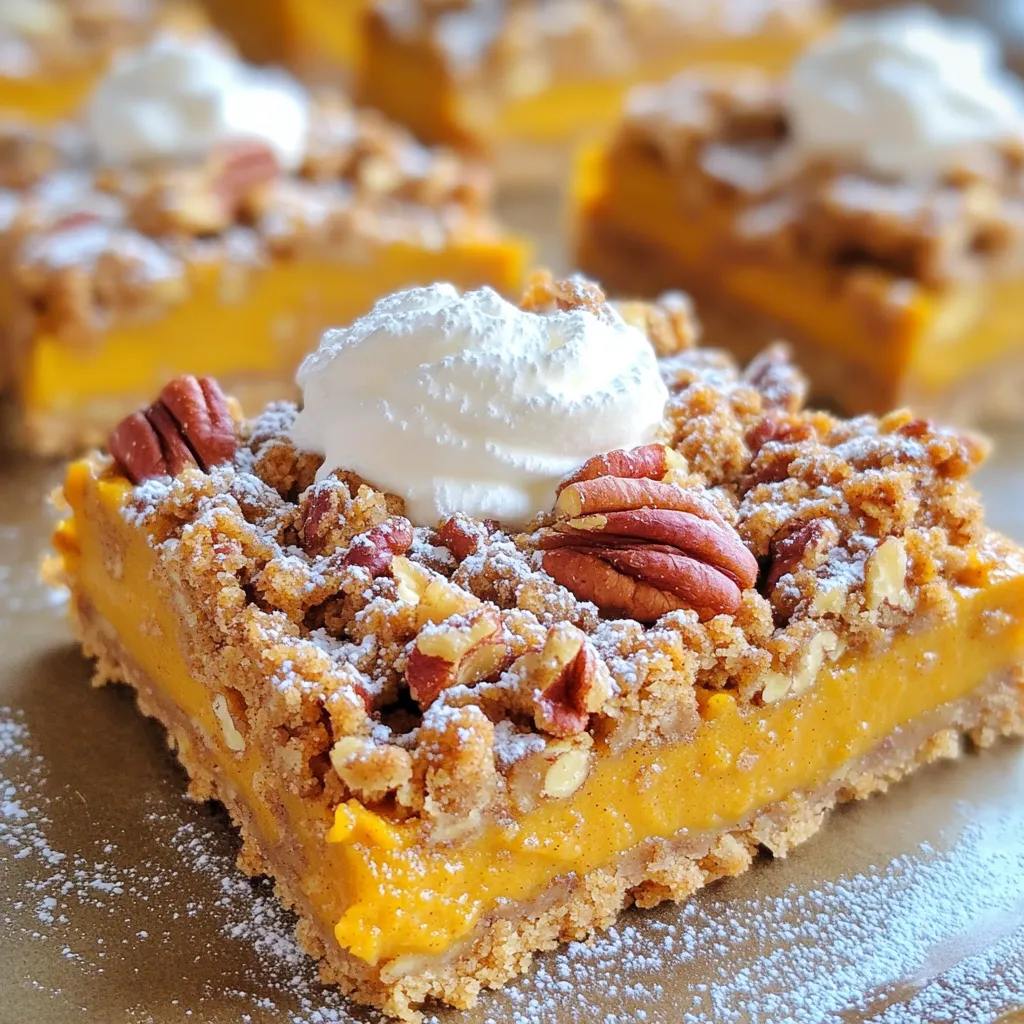 - 1 cup all-purpose flour - ½ cup brown sugar - ½ cup rolled oats - ¼ teaspoon salt - ½ teaspoon ground cinnamon - ½ cup unsalted butter, melted - 1 cup pumpkin puree - ½ cup sweetened condensed milk - ¼ cup granulated sugar - 1 large egg - 1 teaspoon vanilla extract - 1 teaspoon ground nutmeg - ½ teaspoon ground ginger - ¼ teaspoon ground cloves - ¼ cup chopped pecans (optional) You can add chopped pecans for a nice crunch. If you want a twist, try adding chocolate chips. They give a fun flavor that pairs well with pumpkin. If you need to swap some items, here are a few ideas: - Use whole wheat flour for a healthier option. - Swap brown sugar with coconut sugar for a different taste. - You can replace unsweetened condensed milk with coconut milk for a dairy-free version. - If you want to skip the egg, use a flax egg instead. Just mix 1 tablespoon of flaxseed meal with 3 tablespoons of water. Let it sit for 5 minutes before adding it to your mix. Start by preheating your oven to 350°F (175°C). Grab a 9x9 inch baking pan and line it with parchment paper. Make sure to leave some paper hanging over the edges. This helps you lift the bars out later. In a medium bowl, mix the following: - 1 cup all-purpose flour - ½ cup brown sugar - ½ cup rolled oats - ¼ teaspoon salt - ½ teaspoon ground cinnamon Now, pour in ½ cup of melted unsalted butter. Stir until it looks crumbly. Set aside ½ cup of this mixture for the topping. Press the rest into the bottom of your prepared pan. This forms the crust. In another bowl, combine: - 1 cup pumpkin puree - ½ cup sweetened condensed milk - ¼ cup granulated sugar - 1 large egg - 1 teaspoon vanilla extract - 1 teaspoon ground nutmeg - ½ teaspoon ground ginger - ¼ teaspoon ground cloves Mix these well until smooth. This filling will be rich and tasty. Pour the pumpkin mixture over your crust. Use a spatula to spread it evenly. Next, sprinkle the reserved streusel mixture on top. If you like, add ¼ cup of chopped pecans for a crunchy touch. Bake in the oven for 30-35 minutes. The center should be set and the edges lightly golden. Once baked, let the bars cool in the pan on a wire rack. This helps them firm up. After cooling, lift the bars out using the parchment paper. Cut them into squares. For extra flair, dust with powdered sugar or serve with whipped cream. Enjoy your delicious pumpkin pie streusel bars! To make a great crust, always use cold butter. Cold butter gives your crust a flaky texture. Mix the dry ingredients well. This helps the flavors blend nicely. Press the crust firmly into the pan. A solid base supports the filling. Bake until the edges look slightly golden. This step ensures a well-cooked bottom. Spices make your pumpkin bars pop! Use a mix of nutmeg, ginger, and cloves. These spices add warmth and depth to your filling. Don’t skip the cinnamon! It pairs perfectly with pumpkin. Adjust the spice amounts to fit your taste. Add a pinch of salt to balance the sweetness. This makes every bite burst with flavor. Presentation matters, especially for dessert. Dust the bars with powdered sugar for a lovely look. Serve with a dollop of whipped cream on the side. This adds a creamy touch that many love. Cut the bars into even squares for a neat display. For extra flair, add some chopped pecans on top. They give a nice crunch and look fancy! {{image_2}} You can make these pumpkin pie streusel bars gluten-free. Swap out the all-purpose flour for a gluten-free blend. Look for a mix that includes xanthan gum. This will help keep the bars from crumbling. The taste will still be great, and everyone can enjoy them! Pecans are tasty, but you can use other nuts too. Walnuts and almonds work well in this recipe. If you want a nut-free option, try adding seeds. Sunflower seeds or pumpkin seeds can add a nice crunch without nuts. Just sprinkle them on top for some fun texture. Feel free to get creative with seasonal flavors! Add dried cranberries or chopped apples for a twist. You might also like to mix in some chocolate chips. This adds a rich flavor that pairs well with pumpkin. Think about adding a bit of orange zest for a fresh, bright taste. Each variation can make this dessert unique and fun! To keep your Pumpkin Pie Streusel Bars fresh, place them in an airtight container. You can stack them with parchment paper between layers. This method prevents sticking and keeps flavors intact. Store them in the fridge for up to five days. If you want to save some bars for later, freezing works well. Cut the bars into squares first. Wrap each square tightly in plastic wrap, then place them in a freezer-safe bag. They can last up to three months in the freezer. When you're ready to enjoy them, simply thaw in the fridge overnight. These bars stay fresh in the fridge for five days. If you freeze them, just remember they last about three months. To reheat, place bars in the microwave for about 15-20 seconds. You can also warm them in the oven at 350°F for about 10 minutes. Enjoy warm for a cozy treat! Yes, you can easily make these bars ahead of time. I like to prepare them the day before serving. Just bake the bars, let them cool, and store them in an airtight container. They taste even better the next day as the flavors blend nicely. For the best cuts, allow the bars to cool completely. Use a sharp knife to slice them into squares. To get nice edges, wipe the knife with a damp cloth between cuts. This method keeps the pieces looking neat and tidy. Absolutely! Fresh pumpkin can give your bars a unique flavor. To use fresh pumpkin, roast it until soft, then mash it well. Make sure to remove excess moisture to avoid a soggy filling. This will keep your bars rich and tasty. The bars are done when the center is set and slightly firm to the touch. You can also check for a golden edge around the sides. If a toothpick inserted in the center comes out clean, your bars are ready to cool. Enjoy the warm aroma as they bake! You learned how to make delicious Pumpkin Pie Streusel Bars with easy steps. We covered the main ingredients and some fun options to add. You also discovered tips for the best crust and ways to present your bars nicely. Remember, you can store and freeze leftovers for later. Experiment with variations to suit your taste. Enjoy making these bars for yourself and your loved ones. Happy baking!