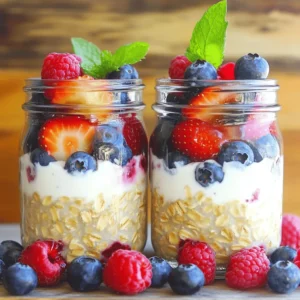 - 1 cup rolled oats - 1 cup Greek yogurt (high protein) - 1 cup almond milk (or any milk of choice) - 1/2 cup mixed berries (blueberries, strawberries, raspberries) - 1 tablespoon chia seeds - 1 tablespoon honey or maple syrup (optional) - 1 teaspoon vanilla extract - Pinch of salt For this Berry Overnight Oats recipe, you need simple ingredients. Rolled oats form the base. They provide fiber and help keep you full. Greek yogurt adds protein, making this breakfast great for muscle repair. You can choose almond milk or any milk you like for creaminess. Mixed berries bring a burst of flavor and color. You can use blueberries, strawberries, or raspberries. Chia seeds add more protein and fiber, while honey or maple syrup gives a touch of sweetness, though it’s optional. A pinch of salt enhances all the flavors. Gather these ingredients, and you are ready to create a tasty and healthy breakfast. You will love how easy it is to make this dish. Plus, it’s packed with nutrients, perfect for your busy mornings. 1. Start by taking a medium bowl. Combine the rolled oats, Greek yogurt, almond milk, chia seeds, honey (if you want some sweetness), vanilla extract, and a pinch of salt. Mix them well until everything is smooth. 2. Now, gently fold in the mixed berries. Take care not to crush them. You want to keep their shape and flavor intact. 3. Once mixed, divide the oat mixture evenly into two mason jars or airtight containers. This keeps them fresh and easy to grab in the morning. - I recommend letting the oats soak overnight. This gives them enough time to absorb the liquid. - Soaking is important because it softens the oats and blends all the flavors. If you’re short on time, soak them for at least 4 hours. To get your oats just right, you may need to adjust the liquid. If you want thick oats, use less milk. For creamier oats, add more milk. After refrigeration, stir well. This mixes everything and checks the texture. If it's too thick, add a splash of almond milk. You can add sweeteners like honey or maple syrup. If you want to skip sugar, try mashed banana or applesauce. For extra flavor, add a dash of cinnamon or nutmeg. These spices go well with berries and oats. Serve your oats in the mason jars you used. This makes it easy and looks great. Top with extra berries for color. Add a sprig of mint to make it pop. This simple touch gives your dish a fresh look. {{image_2}} You can have fun mixing berries. Blueberries, strawberries, and raspberries work well together. Try different combinations based on what you find fresh at the store. In summer, use strawberries and blackberries for a sweet treat. In fall, add cranberries for a tart bite. Each mix adds unique flavors to your overnight oats. To make your oats more filling, add protein powder. A scoop of your favorite flavor can transform the dish. You can also add nuts like almonds or walnuts. They add crunch and healthy fats. Seeds like pumpkin or sunflower seeds are great too. This way, your breakfast is packed with flavor and nutrition. If you want a dairy-free option, use coconut yogurt instead of Greek yogurt. It gives a creamy texture and adds a hint of coconut flavor. For the milk, try oat milk or soy milk. Both work well and keep the recipe tasty. These swaps make it easy to enjoy this dish no matter your diet. To keep your berry overnight oats fresh, use airtight containers. Mason jars work great. They seal tightly and help maintain flavor. You can also use glass or plastic containers with lids. Store your oats in the fridge for up to five days. This way, you can enjoy a healthy breakfast all week long. You can freeze your overnight oats if you want to make them last longer. To freeze, place the oats in a freezer-safe container. Leave some space at the top, as they will expand. When you're ready to eat, thaw them in the fridge overnight. You can also microwave them for a quick meal. Freezing may change the texture a bit. It can make the oats a little mushy, but the flavor will still be good. Just stir well after thawing. If you want a thicker texture, use less milk before freezing. Enjoy your berry overnight oats any time you want! Yes, you can use frozen berries. They are often picked at the peak of ripeness, so they are still very tasty. The main difference is that frozen berries can make the oats a bit more watery. This happens because they release extra juice as they thaw. To avoid this, I suggest thawing them first and draining any excess liquid. You can also add them just before serving to keep the texture nice. Overnight oats can last up to five days in the fridge. Just make sure to store them in sealed containers. If you notice any strange smells or changes in color, it's best to throw them out. For the best taste and texture, enjoy them within three days. Yes, you can easily make these oats vegan. Swap Greek yogurt for a plant-based yogurt. Almond milk is already a great choice, but you can use any nut or oat milk. For the sweetener, you can use maple syrup instead of honey. This way, you keep the taste delicious and friendly for a vegan diet. You can add many tasty toppings to your oats. Here are some ideas: - Sliced bananas for added sweetness - Nuts like almonds or walnuts for crunch - Seeds such as pumpkin or sunflower for extra nutrition - Coconut flakes for a tropical twist - A sprinkle of cinnamon for warmth and depth Feel free to mix and match these toppings to suit your taste! In this article, we covered the essentials for making delicious overnight oats. You learned the key ingredients, step-by-step instructions, and helpful tips for perfecting this dish. We also explored variations, storage methods, and answered common questions. Now, you can enjoy a quick, healthy breakfast that fits your taste. Experiment with flavors and find your favorite mix. Overnight oats can be both fun and nutritious. Try it out and elevate your breakfast game!