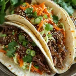 - 2 lbs flank steak - 1 cup soy sauce - ½ cup brown sugar - ¼ cup sesame oil - 4 cloves garlic, minced - 1 tablespoon ginger, minced - 1 tablespoon gochujang - 1 medium onion, sliced - 2 green onions, chopped (for garnish) - 8 small flour or corn tortillas - 1 cup shredded carrots - 1 cup shredded cabbage - ¼ cup cilantro leaves (optional) - Sesame seeds (for garnish) Using flank steak gives the tacos a great flavor. The marinade is key. Soy sauce adds saltiness. Brown sugar brings sweetness. Sesame oil gives a nutty taste. Garlic and ginger add freshness. Gochujang adds a spicy kick. The toppings make these tacos fun. Sliced onion adds crunch. Green onions bring a mild onion flavor. Shredded carrots add sweetness and color. Shredded cabbage gives a nice crunch. Cilantro adds a fresh note. Sesame seeds give a nutty finish. For tortillas, both flour and corn work well. Flour tortillas are soft and chewy. Corn tortillas have a nice corn flavor. Choose what you like best. With these ingredients, you create a delicious meal that everyone will love! To start, you will need to whisk together a few key ingredients. In a bowl, mix: - 1 cup soy sauce - ½ cup brown sugar - ¼ cup sesame oil - 4 cloves garlic, minced - 1 tablespoon ginger, minced - 1 tablespoon gochujang Whisk these together until they blend well. This marinade gives your beef its rich flavor. Marinating the meat is crucial. It helps the flavors soak in deeply. The longer you marinate, the better the taste. Next, place your sliced flank steak in the slow cooker. Pour the marinade over the beef, making sure to coat every piece. It’s important to layer the beef well. Add the sliced onion on top and stir gently. Cover the slow cooker and set it to cook. You can choose high for 4 hours or low for 6-8 hours. The beef will become tender and easy to shred when it’s done. After cooking, use two forks to shred the beef inside the cooker. Mix it with the sauce for even more flavor. Now it's time to assemble your tacos. Start by heating the tortillas. You can use a skillet or microwave to warm them up until they are soft. Next, spoon the shredded Korean beef bulgogi onto each tortilla. Add your toppings for the best flavor. Top with shredded carrots, shredded cabbage, and chopped green onions. For an extra touch, sprinkle sesame seeds and cilantro leaves on top. This adds color and flavor. Enjoy your delicious tacos! To get the best taste, let the meat marinate for at least 30 minutes. This lets the flavors soak in deeply. You can even do it overnight for a richer taste. For spice lovers, add more gochujang to your marinade. This Korean chili paste gives a nice kick. Adjust it to match your heat level. To ensure tender beef, slice the flank steak thinly against the grain. This makes it easier to chew. If you run out of ingredients, you can swap soy sauce with tamari for a gluten-free option. You can also use honey instead of brown sugar for a different sweetness. Pair these tacos with sides like rice or kimchi. This adds a crunchy contrast to your meal. For garnishing, add chopped green onions and sesame seeds on top. You can also sprinkle cilantro leaves for freshness. Enjoy your delicious creation! {{image_2}} You can switch up the flank steak for other meats. Try using chicken thighs or pork. They both absorb flavor well and cook nicely in the slow cooker. For a lighter option, use turkey breast. If you want a vegetarian or vegan twist, use jackfruit. Jackfruit has a meaty texture that works well in tacos. You can also try marinated tofu or tempeh. Both soak up flavors and add protein. To enhance the flavor, think about adding different spices. A touch of smoked paprika gives a nice depth. You can also try adding cumin for a warm touch. Mixing in fresh herbs can change the taste too. Add chopped basil or mint for a fresh kick. You can create unique topping combinations as well. Try avocado slices or pickled radishes for added crunch. Sauces can take your tacos to the next level. A drizzle of sriracha adds heat. You can also use a creamy sesame sauce for a rich touch. Try serving with a sweet chili sauce for a sweet twist. For a tangy flavor, mix in lime juice with your sauces. Each sauce brings out new flavors in the bulgogi tacos, making them even more enjoyable. To keep your leftover Korean beef bulgogi fresh, follow these tips: - Refrigeration: Place the beef in an airtight container. It will stay good for up to 3 days. The flavors will blend more over time, making it taste even better! - Freezing: If you want to store it longer, freeze the beef. Use a freezer-safe bag, and remove as much air as you can. It can last for up to 3 months. Just remember to label it with the date. When it's time to enjoy your leftovers, here are the best ways to warm them up: - Microwave: Place the beef in a microwave-safe dish. Cover it with a damp paper towel. Heat in short bursts of 30 seconds until warm. This keeps the beef moist. - Stovetop: Heat a skillet over medium heat. Add the beef and a splash of water or broth. Stir occasionally until heated through. This method helps maintain the flavor and texture. Always check that the beef is hot all the way through before serving. Enjoy the deliciousness! Bulgogi is a Korean dish made from marinated beef. The meat is usually thinly sliced, which helps it cook quickly. The marinade often includes soy sauce, sugar, garlic, and sesame oil. This dish is popular for its sweet and savory flavor. You can serve bulgogi on rice or in lettuce wraps, but it's great in tacos too. It brings a taste of Korea to many meals. Yes, you can make bulgogi without a slow cooker. You can use a skillet or grill. Just heat some oil in a pan and add the marinated beef. Cook it on medium-high heat for about 5 to 7 minutes. Stir it often to avoid burning. The beef will cook faster this way. If you grill, cook it for 2 to 3 minutes per side. Both methods give you tasty results. To adjust the spice level, change the amount of gochujang in your marinade. If you want it milder, reduce the gochujang to half a tablespoon. You can also add a tablespoon of honey to balance the heat. For a spicier kick, add more gochujang or some red pepper flakes. Taste the marinade before using it. This way, you can find the perfect heat level for your tacos. This post shared how to make flavorful tacos using flank steak and a tasty marinade. We covered ingredients, step-by-step cooking, and tips to boost flavor. Remember to marinate your meat well for the best taste. You can swap proteins or adjust spices to fit your taste. Leftovers are easy to store and reheat. Enjoy creating your tacos and have fun with different flavors and toppings. Your journey into making delicious tacos starts now!