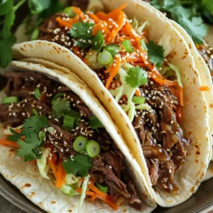 - 2 lbs flank steak - 1 cup soy sauce - 1/2 cup brown sugar - 1/4 cup sesame oil - 4 cloves garlic, minced - 1 tablespoon ginger, minced - 1 tablespoon gochujang - 1 medium onion, sliced - 2 green onions, chopped (for garnish) - 8 small flour or corn tortillas - 1 cup shredded carrots - 1 cup shredded cabbage - 1/4 cup cilantro leaves (optional) - Sesame seeds (for garnish) Using flank steak gives the tacos a great flavor. The marinade is key. Soy sauce adds saltiness. Brown sugar brings sweetness. Sesame oil gives a nutty taste. Garlic and ginger add freshness. Gochujang adds a spicy kick. The toppings make these tacos fun. Sliced onion adds crunch. Green onions bring a mild onion flavor. Shredded carrots add sweetness and color. Shredded cabbage gives a nice crunch. Cilantro adds a fresh note. Sesame seeds give a nutty finish. For tortillas, both flour and corn work well. Flour tortillas are soft and chewy. Corn tortillas have a nice corn flavor. Choose what you like best. With these ingredients, you create a delicious meal that everyone will love! To start, you will need to whisk together a few key ingredients. In a bowl, mix: - 1 cup soy sauce - 1/2 cup brown sugar - 1/4 cup sesame oil - 4 cloves garlic, minced - 1 tablespoon ginger, minced - 1 tablespoon gochujang Whisk these together until they blend well. This marinade gives your beef its rich flavor. Marinating the meat is crucial. It helps the flavors soak in deeply. The longer you marinate, the better the taste. Next, place your sliced flank steak in the slow cooker. Pour the marinade over the beef, making sure to coat every piece. It’s important to layer the beef well. Add the sliced onion on top and stir gently. Cover the slow cooker and set it to cook. You can choose high for 4 hours or low for 6-8 hours. The beef will become tender and easy to shred when it’s done. After cooking, use two forks to shred the beef inside the cooker. Mix it with the sauce for even more flavor. Now it's time to assemble your tacos. Start by heating the tortillas. You can use a skillet or microwave to warm them up until they are soft. Next, spoon the shredded Korean beef bulgogi onto each tortilla. Add your toppings for the best flavor. Top with shredded carrots, shredded cabbage, and chopped green onions. For an extra touch, sprinkle sesame seeds and cilantro leaves on top. This adds color and flavor. Enjoy your delicious tacos! To get the best taste, let the meat marinate for at least 30 minutes. This lets the flavors soak in deeply. You can even do it overnight for a richer taste. For spice lovers, add more gochujang to your marinade. This Korean chili paste gives a nice kick. Adjust it to match your heat level. To ensure tender beef, slice the flank steak thinly against the grain. This makes it easier to chew. If you run out of ingredients, you can swap soy sauce with tamari for a gluten-free option. You can also use honey instead of brown sugar for a different sweetness. Pair these tacos with sides like rice or kimchi. This adds a crunchy contrast to your meal. For garnishing, add chopped green onions and sesame seeds on top. You can also sprinkle cilantro leaves for freshness. Enjoy your delicious creation! {{image_2}} You can switch up the flank steak for other meats. Try using chicken thighs or pork. They both absorb flavor well and cook nicely in the slow cooker. For a lighter option, use turkey breast. If you want a vegetarian or vegan twist, use jackfruit. Jackfruit has a meaty texture that works well in tacos. You can also try marinated tofu or tempeh. Both soak up flavors and add protein. To enhance the flavor, think about adding different spices. A touch of smoked paprika gives a nice depth. You can also try adding cumin for a warm touch. Mixing in fresh herbs can change the taste too. Add chopped basil or mint for a fresh kick. You can create unique topping combinations as well. Try avocado slices or pickled radishes for added crunch. Sauces can take your tacos to the next level. A drizzle of sriracha adds heat. You can also use a creamy sesame sauce for a rich touch. Try serving with a sweet chili sauce for a sweet twist. For a tangy flavor, mix in lime juice with your sauces. Each sauce brings out new flavors in the bulgogi tacos, making them even more enjoyable. To keep your leftover Korean beef bulgogi fresh, follow these tips: - Refrigeration: Place the beef in an airtight container. It will stay good for up to 3 days. The flavors will blend more over time, making it taste even better! - Freezing: If you want to store it longer, freeze the beef. Use a freezer-safe bag, and remove as much air as you can. It can last for up to 3 months. Just remember to label it with the date. When it's time to enjoy your leftovers, here are the best ways to warm them up: - Microwave: Place the beef in a microwave-safe dish. Cover it with a damp paper towel. Heat in short bursts of 30 seconds until warm. This keeps the beef moist. - Stovetop: Heat a skillet over medium heat. Add the beef and a splash of water or broth. Stir occasionally until heated through. This method helps maintain the flavor and texture. Always check that the beef is hot all the way through before serving. Enjoy the deliciousness! Bulgogi is a Korean dish made from marinated beef. The meat is usually thinly sliced, which helps it cook quickly. The marinade often includes soy sauce, sugar, garlic, and sesame oil. This dish is popular for its sweet and savory flavor. You can serve bulgogi on rice or in lettuce wraps, but it's great in tacos too. It brings a taste of Korea to many meals. Yes, you can make bulgogi without a slow cooker. You can use a skillet or grill. Just heat some oil in a pan and add the marinated beef. Cook it on medium-high heat for about 5 to 7 minutes. Stir it often to avoid burning. The beef will cook faster this way. If you grill, cook it for 2 to 3 minutes per side. Both methods give you tasty results. To adjust the spice level, change the amount of gochujang in your marinade. If you want it milder, reduce the gochujang to half a tablespoon. You can also add a tablespoon of honey to balance the heat. For a spicier kick, add more gochujang or some red pepper flakes. Taste the marinade before using it. This way, you can find the perfect heat level for your tacos. This post shared how to make flavorful tacos using flank steak and a tasty marinade. We covered ingredients, step-by-step cooking, and tips to boost flavor. Remember to marinate your meat well for the best taste. You can swap proteins or adjust spices to fit your taste. Leftovers are easy to store and reheat. Enjoy creating your tacos and have fun with different flavors and toppings. Your journey into making delicious tacos starts now!