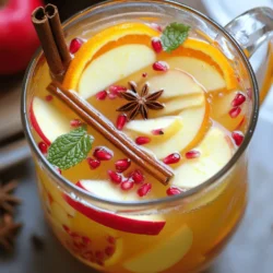 To make the Apple Cider Cinnamon Stick Sangria, gather these items: - 4 cups apple cider - 1 cup sparkling water - ½ cup orange juice - ½ cup pomegranate juice - 1 apple, thinly sliced - 1 orange, thinly sliced - ½ cup pomegranate seeds - 4-5 cinnamon sticks You can make your sangria pop with these garnishes: - Star anise - Fresh mint leaves To keep your sangria fresh, follow these tips: - Chill the sangria for at least 1 hour. - For best flavor, let it sit for 4-6 hours. - Serve over ice to keep it cool. - Add fresh fruit just before serving for a vibrant look. Start with a large pitcher. Pour in the apple cider, sparkling water, orange juice, and pomegranate juice. Stir gently to mix everything well. The apple cider adds sweetness, while the sparkling water brings a nice fizz. This base sets the stage for our sangria. Now, it’s time to add some fun! Slice the apple and orange thinly. Toss them into the pitcher. Next, add the pomegranate seeds. These fruits brighten the drink and add color. Don’t forget to add the cinnamon sticks. They give a warm flavor. Make sure they are submerged in the liquid. Refrigerate your sangria for at least 1 hour. If you can wait, let it sit for 4-6 hours. This waiting time helps the flavors mix well. When you are ready to serve, give the sangria a gentle stir. Pour it over ice in glasses. Garnish with fresh mint leaves and a star anise if you like. Enjoy your refreshing drink! To get the best flavor, let your sangria chill. I recommend at least one hour. For deeper flavor, let it sit for 4-6 hours. This time allows the spices and fruits to blend well. Stir gently after chilling to mix everything. Remember to keep the cinnamon sticks submerged. They add a warm taste that makes the drink special. Serve your sangria cold. Pour it over ice in each glass. The ice keeps your drink refreshing. If you want it extra cold, chill your glasses too. This small step makes a big difference. Plus, it keeps the drink crisp longer. To make your sangria look amazing, use fresh mint leaves for garnish. They add a pop of green. You can also add a star anise for a touch of elegance. Slice your fruits thinly. This way, they sit nicely in the glass. Arrange them well for a beautiful look. A well-presented drink is always more inviting! {{image_2}} You can change the fruit in your sangria. Try adding berries, pears, or even kiwi. These fruits add fun colors and unique flavors. For a tropical twist, use pineapple or mango. Mixing fruits keeps it fresh and exciting. If you like it sweeter, add more orange juice or a splash of honey. For more tartness, use more pomegranate juice or a squeeze of lemon. Taste as you mix. This way, you can find the perfect balance just for you. You can enjoy this drink with or without alcohol. For an alcoholic version, add white wine or vodka. This makes it a bit more festive. If you want a non-alcoholic drink, just skip the alcohol. The flavors still shine through with the juices and spices. Store any leftover sangria in a pitcher or jar. Make sure the container has a tight lid. This keeps the flavors fresh. If you have cut fruit in it, consume it within two days. Otherwise, the fruit can get mushy. The sangria stays good for up to three days when stored well. Keep it in the fridge. The cold helps maintain its taste and freshness. If you notice a change in smell or flavor, it’s best to toss it. You can reuse some ingredients for a new batch. If you have leftover apple cider or juices, use them again. Just add fresh fruit and new cinnamon sticks. This saves waste and makes a tasty drink again. Yes, you can swap out juices in this sangria. Try using apple juice or cranberry juice. Each juice brings its own taste. This can change the drink's flavor a lot. Mix and match to find your favorite blend. Just keep the main apple cider base. I suggest letting the sangria chill for at least one hour. This gives the flavors time to mix well. For the best taste, aim for four to six hours. The longer it sits, the better it tastes. This waiting time really lets the spices shine. Yes, you can make this sangria ahead of time. Just prepare it and keep it in the fridge. This drink tastes even better after sitting. Make it the day before for the best flavor. Just remember to add the sparkling water right before serving. This keeps the bubbles fresh and lively. You’ve learned how to make delicious sangria. We covered ingredients, tips, and storage. Fresh fruits and spices are key for flavor. Remember to chill your sangria before serving. You can try many variations to suit your taste. Experiment with different fruits and juices. Lastly, store any leftovers properly for next time. Enjoy your sangria-making journey and impress your friends with your new skills!
