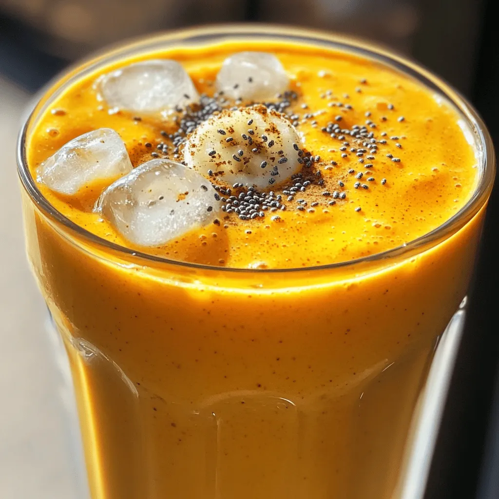 - 1 cup pumpkin puree (canned or fresh) - 1 banana, sliced and frozen - 1 cup almond milk (or any milk of choice) - 1 scoop vanilla protein powder - 1 teaspoon pumpkin pie spice - 1 tablespoon maple syrup (optional, for sweetness) - 1 tablespoon chia seeds (optional, for added nutrition) - Ice cubes (for desired thickness) - Pumpkin puree: Use one cup for a creamy base. Canned works well. - Banana: A frozen banana adds sweetness and a smooth texture. - Almond milk: One cup gives you a nice consistency. Choose any milk you like. - Vanilla protein powder: One scoop boosts protein levels. It’s great for muscle health. - Pumpkin pie spice: Just one teaspoon brings all the fall flavors. - Maple syrup: Add one tablespoon if you like it sweeter. - Chia seeds: One tablespoon adds fiber and omega-3s. - Ice cubes: Use as many as you want for thickness. This smoothie is packed with nutrients! Here’s what you get in one serving: - Calories: About 300 - Protein: 20 grams - Fat: 7 grams - Carbohydrates: 50 grams - Fiber: 10 grams - Sugar: 20 grams (with maple syrup) Enjoy this smoothie as a quick breakfast or a snack. It’s tasty, filling, and has many health benefits! To make your pumpkin spice protein smoothie, follow these simple steps: 1. First, grab your blender. Add 1 cup of pumpkin puree. You can use canned or fresh pumpkin. 2. Next, take your frozen banana. Slice it if needed, and add it to the blender. 3. Pour in 1 cup of almond milk or your favorite milk. This makes the smoothie creamy. 4. Add 1 scoop of vanilla protein powder. This will boost the protein content. 5. Sprinkle in 1 teaspoon of pumpkin pie spice for that warm, fall flavor. 6. If you like it sweeter, add 1 tablespoon of maple syrup. This step is optional. 7. For added nutrition, toss in 1 tablespoon of chia seeds. They are packed with fiber. 8. If you want a thicker smoothie, add a few ice cubes. 9. Blend everything on high until it is smooth and creamy. Make sure all bits are mixed well. 10. Taste your smoothie. If it needs more sweetness, add a bit more maple syrup. 11. Once it’s perfect, pour your smoothie into a glass. 12. Optional: Top with a sprinkle of pumpkin pie spice or chia seeds for a fun look. Using your blender well makes a big difference. Here are some tips: - Start with liquid ingredients first. This helps the blender mix better. - Cut fruits into small pieces. This makes blending easier and faster. - Use the pulse option for ice. It breaks it down quickly without over-blending. - If the mixture is too thick, stop and add more liquid. This will help it blend well. - Clean your blender right after use. This makes it easy for the next time. Getting the right texture is key for a great smoothie. Here are ways to achieve it: - If your smoothie is too thin, add more banana or pumpkin puree. - If it’s too thick, add more almond milk. Blend again until smooth. - Ice cubes help thicken the smoothie but can make it icy if overused. - A well-blended smoothie should be creamy and pourable, not runny or chunky. - Adjust based on your taste. Everyone has their perfect smoothie texture! Sweetening your smoothie can be fun and simple. Use natural sweeteners like maple syrup or honey. Start with one tablespoon first. Blend, then taste. If you want it sweeter, add a bit more. You can also use ripe bananas. They add natural sweetness and creaminess. If you like it less sweet, skip the extra syrup. Storing leftover ingredients helps reduce waste. If you have extra pumpkin puree, store it in an airtight container. Keep it in the fridge for up to five days. You can also freeze it for longer storage. Pour small amounts into ice cube trays. Once frozen, pop them out and store in a zip-top bag. This way, you can use them for future smoothies. Making this smoothie vegan is easy. Just use almond milk, coconut milk, or oat milk instead of dairy milk. Ensure your protein powder is plant-based too. Check the label to confirm. You can replace maple syrup with agave nectar or date syrup for sweetness. This way, everyone can enjoy this tasty drink! {{image_2}} You can switch up the protein source in your smoothie. Instead of vanilla protein powder, try: - Greek yogurt for creaminess and extra protein. - Pea protein for a plant-based option. - Hemp seeds for a nutty flavor and healthy fats. These swaps keep the smoothie tasty and nutritious. To change the flavor, consider these fun ideas: - Add cocoa powder for a chocolate twist. - Toss in a few slices of fresh banana for extra sweetness. - Mix in a handful of spinach for a hidden veggie boost. These tweaks can help keep your smoothie exciting and delicious. You can also try different spices for a seasonal touch. Here are some suggestions: - Use cinnamon for warmth and a classic flavor. - Add nutmeg for a cozy, holiday vibe. - Try ginger for a spicy kick that warms you up. These spice changes can make your smoothie feel fresh and new with each season. If you have smoothie leftovers, pour them into a glass or jar. Seal it with a lid. Keep it in the fridge for up to 24 hours. The smoothie may separate after a while. Just give it a good shake before you drink it again. You can freeze the smoothie for later. Pour it into ice cube trays or freezer-safe bags. This way, it stays fresh for about one month. When you're ready to enjoy it, let it thaw in the fridge overnight or blend it frozen for a cold treat. Use glass jars or BPA-free plastic containers. They keep your smoothie fresh and safe. Make sure the container has a tight seal. This helps avoid spills and keeps the flavors locked in. Pumpkin spice is a mix of warm spices. It usually has cinnamon, nutmeg, and ginger. These spices add flavor and aroma to dishes. They also have health benefits. Cinnamon can help control blood sugar levels. Nutmeg may improve digestion. Ginger can aid in reducing inflammation. Together, they make your smoothie tasty and healthy. Yes, you can use fresh pumpkin! If you choose fresh, be sure to cook it first. Roast or boil the pumpkin until soft. Then, puree it until smooth. This process may take longer than using canned. Canned pumpkin is already cooked and smooth, saving you time. Both options will give you a delicious smoothie. Yes! This smoothie can work as a meal replacement. It has healthy carbs from the banana and pumpkin. The protein powder adds protein to keep you full. Chia seeds also add fiber and healthy fats. If you want more nutrients, consider adding greens like spinach. This boosts the smoothie even more. You can boost the protein in this smoothie in several ways. Here are some ideas: - Add an extra scoop of protein powder. - Mix in Greek yogurt, which is high in protein. - Use silken tofu for a creamy texture and added protein. - Toss in nut butter, like almond or peanut butter. These options make your smoothie even more filling and nutritious. This blog post covered key aspects of making a delicious smoothie. We explored ingredients, how to use your blender, and tips for sweetening. You also learned ways to make variations, store leftovers, and answered common questions. Smoothies can be fun and healthy! Use this guide to create your perfect blend. Enjoy the process and get creative with flavors. Remember, a great smoothie fits your taste and needs. Use it to fuel your day and support your health goals.
