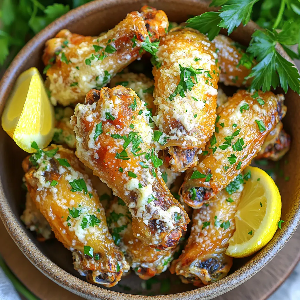 - 2 pounds chicken wings - 1 tablespoon olive oil - 1 teaspoon garlic powder - 1 teaspoon onion powder - 1 teaspoon paprika - Salt and pepper to taste - ½ cup grated Parmesan cheese - 2 tablespoons fresh parsley, chopped - Zest of 1 lemon - 1 tablespoon lemon juice - Optional: hot sauce for serving Gather these ingredients before you start. You need 2 pounds of chicken wings. They are the star of the show. Use 1 tablespoon of olive oil to help the seasoning stick. For the seasoning, grab 1 teaspoon each of garlic powder, onion powder, and paprika. Salt and pepper will add flavor too. Once you cook the wings, you will top them off. For the topping, you need ½ cup of grated Parmesan cheese. This cheese gives a rich taste. You will also need 2 tablespoons of fresh parsley, chopped. The parsley adds a fresh touch. Zest of 1 lemon and 1 tablespoon of lemon juice will brighten the dish. If you like heat, keep some hot sauce handy for serving. With these ingredients, you will make wings that are crunchy and full of flavor. - Preheat the air fryer to 400°F (200°C) for 5 minutes. - In a large bowl, combine 2 pounds of chicken wings with 1 tablespoon of olive oil. Add 1 teaspoon of garlic powder, 1 teaspoon of onion powder, 1 teaspoon of paprika, and salt and pepper to taste. Toss the wings until they are evenly coated. - Place the seasoned wings in a single layer in the air fryer. Cook for 25-30 minutes. Flip the wings halfway through to ensure even cooking. You want them golden and crispy. - While the wings cook, mix together ½ cup of grated Parmesan cheese, 2 tablespoons of chopped fresh parsley, the zest of 1 lemon, and 1 tablespoon of lemon juice in a small bowl. This sauce adds a fresh and tangy flavor. - Once the wings are ready, transfer them to a large bowl. Coat the wings well with the garlic Parmesan sauce. Serve hot, garnished with extra parsley and lemon wedges. You can also drizzle them with hot sauce for a spicy kick. To get those perfect crispy wings, start by preheating your air fryer to 400°F (200°C). This step helps seal the juices in and creates a nice outer layer. Make sure to space the wings out in the basket. If they touch, it can lead to uneven cooking and less crispiness. I often cook in batches to keep that nice space. This way, the hot air flows freely around each wing. You can really boost the flavor of your wings. Try adding spices like cayenne pepper or smoked paprika for a kick. If you like a tangy taste, consider marinating the wings in lemon juice or vinegar before cooking. Adjusting the seasoning is easy. If you love garlic, add more garlic powder. Taste the wings before you coat them, and make changes as you want. Making your wings look great adds to the fun! Serve them on a large platter with fresh parsley sprinkled on top. You can also add lemon wedges around the wings. This not only looks nice but also adds freshness. For a dipping option, place a small bowl of hot sauce or ranch dressing in the middle. This way, your wings are not just tasty; they are a feast for the eyes too! {{image_2}} To make your wings spicy, add hot sauce or cayenne pepper. Both options give a kick. Mix your chosen spice into the chicken wings before air frying. This spice will blend with the garlic flavor. You can adjust the heat to match your taste. Start with a little and add more if needed. This variation is perfect for those who love heat! While Parmesan is great, you can try other cheeses too. Asiago and Romano cheese can add unique flavors. Each cheese has its own taste profile. Asiago is nutty, while Romano is sharp. Swap out the Parmesan for these cheeses in the sauce. You may discover a new favorite! Fresh herbs can change the flavor of your wings. You can use basil, thyme, or oregano. Each herb brings a fresh taste to the dish. If you love herbs, experiment with your favorites. Add them to the sauce for a burst of flavor. Using different herbs can make each batch unique! To keep leftover wings fresh, store them in an airtight container. This method helps keep out moisture and air. You can also wrap them in plastic wrap or foil, but the container works best. Chicken wings stay fresh in the fridge for about 3 to 4 days. After that, they may lose flavor and texture. The best way to reheat wings is in the air fryer. Set your air fryer to 350°F (175°C) and heat the wings for about 5 to 10 minutes. This method keeps them crispy. You can also use an oven. Preheat it to 350°F (175°C) and bake the wings for 10 to 15 minutes. Microwaving is quick but may make them soggy, so I don’t recommend it. To freeze wings, first, let them cool completely. Place them in a freezer-safe bag or container. Be sure to remove as much air as possible. Label the bag with the date. Wings can stay fresh in the freezer for up to 3 months. When you’re ready to eat, thaw them in the fridge overnight. For a quicker method, you can use the microwave’s defrost setting. Yes, you can use frozen chicken wings in your air fryer. Just know they need more time. Cook them for about 30-35 minutes at 400°F (200°C). Check them often to ensure they cook evenly. If you want crispier wings, let them thaw slightly before cooking. This helps the skin crisp up better. Wings usually take 25-30 minutes at 400°F (200°C). If your wings weigh more than usual, add about 5 minutes. Always flip them halfway through cooking. This helps them get crispy on both sides. If your wings are smaller, you may need around 20 minutes. Yes, air fryer wings are healthier. They use less oil, cutting down on fat and calories. Deep-fried wings soak up a lot of oil, making them greasier. Air frying keeps the flavor but gives you a crunchy texture without the extra fat. Garlic Parmesan wings go great with simple sides. Try serving them with celery and carrot sticks. A creamy ranch or blue cheese dip pairs well, too. You can also add some fries or a fresh salad for balance. A cold drink like lemonade can also make the meal more enjoyable. You learned how to make tasty garlic Parmesan wings in an air fryer. With simple steps and key ingredients, you can create a crispy dish. Don’t forget the tips to boost flavor and presentation. You can also try fun variations to change things up. Storing leftovers or reheating is easy, so your wings can last. Enjoy these wings for any occasion, and share your tasty creations with friends!
