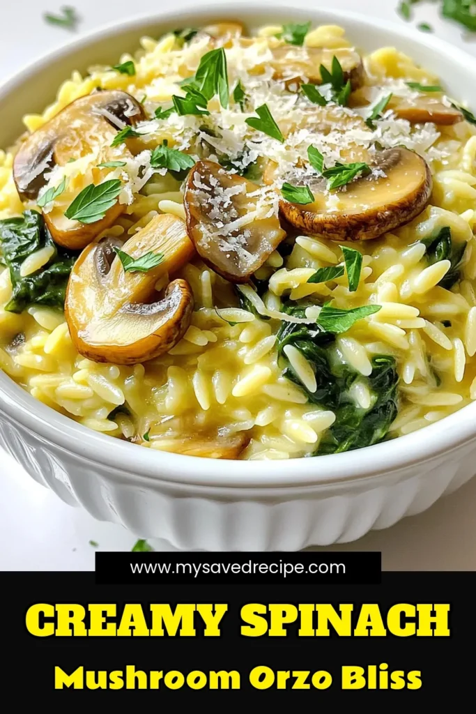 Indulge in the deliciousness of creamy mushroom spinach orzo risotto with this easy recipe! Perfect for a comforting weeknight dinner, this dish combines tender orzo pasta with savory mushrooms and fresh spinach, all wrapped in a creamy sauce. Ready in just 30 minutes, it's a delightful way to elevate your cooking. Click through for the full recipe and impress your family tonight! #OrzoRisotto #ComfortFood #RecipeInspiration #MushroomLovers
