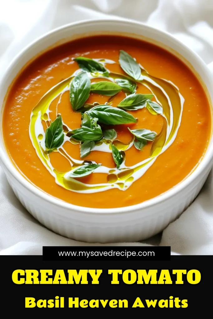 Indulge in a bowl of Creamy Tomato Basil Bliss, the perfect comforting soup for any occasion! With a rich blend of crushed tomatoes, fresh basil, and creamy goodness, this slow cooker recipe is both easy and delicious. Ideal for busy days, just set it and let the flavors develop. Ready to elevate your meal? Click through for the full recipe and transform your dinner time! #TomatoSoup #SlowCookerRecipes #ComfortFood #HealthyEating