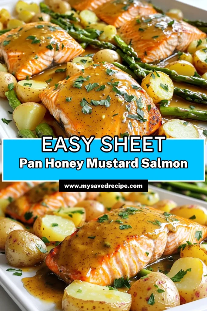 Savor a delicious and healthy dinner with this Sheet Pan Honey Mustard Salmon recipe! It's quick, easy, and perfect for busy weeknights. Featuring succulent salmon, tender baby potatoes, and crisp asparagus, all drizzled with a zesty honey mustard glaze, this dish is a flavor bomb you'll love. Click through to explore the full recipe and make your next meal unforgettable! #HoneyMustardSalmon #SheetPanDinner #HealthyRecipes #EasyMeals