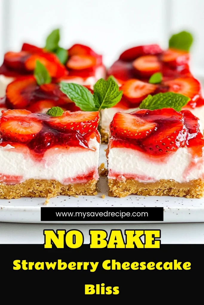 Indulge in these delightful No Bake Strawberry Cheesecake Bars that are perfect for any occasion! With a buttery graham cracker crust and a creamy filling infused with fresh strawberries, this easy recipe will wow your guests and satisfy your sweet tooth. Ready in just 20 minutes plus chilling time, these bars are a great way to enjoy summer's bounty. Click through for the full recipe and treat yourself today! #StrawberryCheesecake #NoBakeDesserts #SummerTreats #EasyRecipes