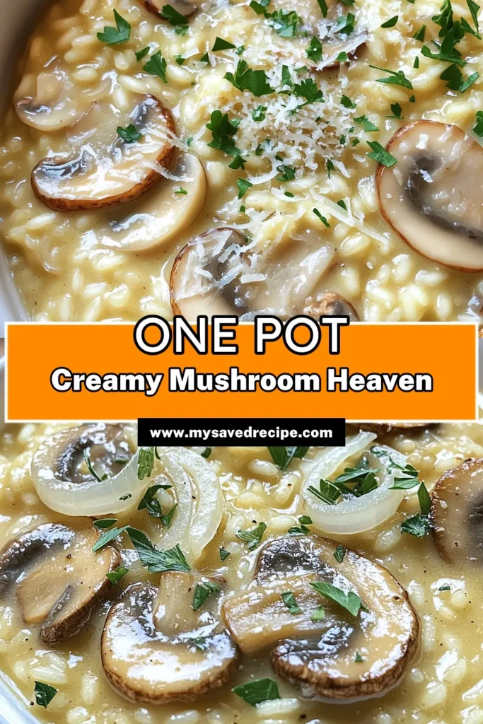 Indulge in the rich flavors of this One Pot Creamy Mushroom Risotto! This easy recipe combines Arborio rice, assorted mushrooms, and a touch of creamy goodness for a delightful meal that's both comforting and satisfying. Perfect for weeknight dinners, it's quick to prepare and packed with flavor. Click through to discover how to create this delicious dish in just 40 minutes! #MushroomRisotto #ComfortFood #EasyRecipes #OnePotMeals