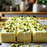 - 2 cups white chocolate chips - 1 cup sweetened condensed milk - 1 cup chopped pistachios - 1 teaspoon vanilla extract - ¼ teaspoon sea salt - Green food coloring (optional) - Microwave-safe bowl - Spatula - 8x8-inch baking dish - Parchment paper When making No-Bake Pistachio White Chocolate Fudge, gather your ingredients first. This helps keep things smooth and fun. You will need two cups of white chocolate chips. These give the fudge its sweet flavor. Next, grab one cup of sweetened condensed milk. This makes the fudge creamy and rich. Then, use one cup of chopped pistachios. They add a nice crunch and flavor. You will also need one teaspoon of vanilla extract. This brings extra warmth to the taste. A pinch of sea salt, about ¼ teaspoon, balances the sweetness. If you want a pop of color, add some green food coloring. This is optional but makes the fudge look festive. For tools, you will need a microwave-safe bowl. This is where you will melt your chocolate. A spatula helps mix everything well. Use an 8x8-inch baking dish, lined with parchment paper. This makes it easy to lift out the fudge later. Having all these items ready will make your fudge-making easy and fun! - First, grab an 8x8-inch baking dish. - Line it with parchment paper. - Make sure to leave some overhang. This will help you lift the fudge out later. - Now, take a microwave-safe bowl. - Combine 2 cups of white chocolate chips and 1 cup of sweetened condensed milk. - Microwave this mixture in 30-second intervals. Stir between each interval. - Keep doing this until it becomes smooth and creamy. - Next, stir in 1 teaspoon of vanilla extract. - Add ¼ teaspoon of sea salt for a nice balance. - If you want some color, add a few drops of green food coloring. Mix it well. - Now, grab your chopped pistachios. - Fold in 1 cup of them into the chocolate mixture. - Make sure they are well spread throughout the fudge. - Pour this mixture into your prepared dish. - Use a spatula to spread it evenly. - Gently press down to smooth the top. - Sprinkle the reserved pistachios on top for a nice touch. - Refrigerate for at least 3 hours, or until set. - When firm, lift the fudge out using the parchment overhang. - Cut it into squares and enjoy! To achieve a smooth fudge, melt the chocolate completely. Use a microwave-safe bowl for easy melting. Microwave the white chocolate chips and sweetened condensed milk in 30-second bursts. Stir between each burst. This helps prevent burning. Once smooth, mix in the vanilla and salt well. When folding in the pistachios, use a gentle motion. This keeps them whole and evenly mixed. For a beautiful presentation, cut the fudge into neat squares. Place them on a decorative platter. Sprinkle extra pistachios on top for color and crunch. Drizzle melted white chocolate over the fudge for a fancy touch. Pair the fudge with a cup of hot tea or coffee for a delightful treat. It also goes well with vanilla ice cream for a rich dessert. Store your fudge in the refrigerator for the best taste and texture. Wrap it tightly in plastic wrap or place it in an airtight container. This keeps it fresh longer. The fudge lasts about two weeks when stored properly. If you want to keep it longer, you can freeze it. Just cut it into squares and place it in a freezer-safe bag. {{image_2}} You can change the taste of your fudge in fun ways. Try adding different nuts, such as almonds or walnuts. Each nut brings its own flavor and crunch. You can also mix in treats like dried fruit or chocolate chips. These add a nice twist to your fudge. Flavored extracts can also enhance your fudge. Instead of vanilla, try almond or coconut extract. Just use a small amount to keep the balance. These changes can make your fudge unique and personal. If you need gluten-free options, this fudge works well. All the ingredients are naturally gluten-free. For dairy-free alternatives, use dairy-free chocolate chips and coconut milk. This way, everyone can enjoy your fudge. You can also make vegan fudge. Use vegan chocolate chips and plant-based sweetened condensed milk. These simple swaps keep the taste delicious while meeting dietary needs. Seasonal changes can inspire your fudge. For holidays, add festive colors. Use red and green food coloring for Christmas or pastel shades for Easter. These colors make your fudge perfect for celebrations. You can also use seasonal ingredients. In fall, mix in pumpkin spice or even a touch of maple syrup. In summer, try adding fresh berries for a burst of flavor. These ideas keep your fudge exciting all year round. This fudge stays fresh in the refrigerator for about two weeks. Store it in an airtight container. It may last longer, but the taste and texture could change. Yes, you can use white chocolate bars. Chop them into small pieces. Use the same weight as the chips, about 12 ounces. Melt them slowly in the microwave like you would with chips. If your fudge is too soft, try chilling it longer. Place it back in the fridge for an extra hour. If it's still soft, you can add more melted white chocolate to thicken it. Let it set again. To cut fudge, use a sharp knife. First, let it sit at room temperature for a few minutes. This will make cutting easier. Wipe the knife with a warm cloth between cuts. This helps create clean edges. This No-Bake Pistachio White Chocolate Fudge takes just 15 minutes to prep. You will need to wait about 3 hours for it to set in the fridge. The total time is 3 hours and 15 minutes, making it a quick and easy recipe for any occasion. This recipe yields 16 squares of fudge. Each square is a perfect treat for sharing or enjoying yourself. You can easily double the recipe if you want to make more. Each square contains about 120 calories. It has 6 grams of fat, 16 grams of carbs, and 2 grams of protein. This fudge is a sweet and delightful treat, perfect for a special occasion or a simple snack. We covered everything you need to make delicious No-Bake Pistachio White Chocolate Fudge. You learned the key ingredients, helpful tools, and step-by-step instructions. I shared tips for perfect texture and creative serving ideas. You also discovered fun variations and answers to FAQs. Now it's time to try this simple recipe. Enjoy making it your own!
