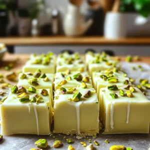 - 2 cups white chocolate chips - 1 cup sweetened condensed milk - 1 cup chopped pistachios - 1 teaspoon vanilla extract - 1/4 teaspoon sea salt - Green food coloring (optional) - Microwave-safe bowl - Spatula - 8x8-inch baking dish - Parchment paper When making No-Bake Pistachio White Chocolate Fudge, gather your ingredients first. This helps keep things smooth and fun. You will need two cups of white chocolate chips. These give the fudge its sweet flavor. Next, grab one cup of sweetened condensed milk. This makes the fudge creamy and rich. Then, use one cup of chopped pistachios. They add a nice crunch and flavor. You will also need one teaspoon of vanilla extract. This brings extra warmth to the taste. A pinch of sea salt, about 1/4 teaspoon, balances the sweetness. If you want a pop of color, add some green food coloring. This is optional but makes the fudge look festive. For tools, you will need a microwave-safe bowl. This is where you will melt your chocolate. A spatula helps mix everything well. Use an 8x8-inch baking dish, lined with parchment paper. This makes it easy to lift out the fudge later. Having all these items ready will make your fudge-making easy and fun! - First, grab an 8x8-inch baking dish. - Line it with parchment paper. - Make sure to leave some overhang. This will help you lift the fudge out later. - Now, take a microwave-safe bowl. - Combine 2 cups of white chocolate chips and 1 cup of sweetened condensed milk. - Microwave this mixture in 30-second intervals. Stir between each interval. - Keep doing this until it becomes smooth and creamy. - Next, stir in 1 teaspoon of vanilla extract. - Add 1/4 teaspoon of sea salt for a nice balance. - If you want some color, add a few drops of green food coloring. Mix it well. - Now, grab your chopped pistachios. - Fold in 1 cup of them into the chocolate mixture. - Make sure they are well spread throughout the fudge. - Pour this mixture into your prepared dish. - Use a spatula to spread it evenly. - Gently press down to smooth the top. - Sprinkle the reserved pistachios on top for a nice touch. - Refrigerate for at least 3 hours, or until set. - When firm, lift the fudge out using the parchment overhang. - Cut it into squares and enjoy! To achieve a smooth fudge, melt the chocolate completely. Use a microwave-safe bowl for easy melting. Microwave the white chocolate chips and sweetened condensed milk in 30-second bursts. Stir between each burst. This helps prevent burning. Once smooth, mix in the vanilla and salt well. When folding in the pistachios, use a gentle motion. This keeps them whole and evenly mixed. For a beautiful presentation, cut the fudge into neat squares. Place them on a decorative platter. Sprinkle extra pistachios on top for color and crunch. Drizzle melted white chocolate over the fudge for a fancy touch. Pair the fudge with a cup of hot tea or coffee for a delightful treat. It also goes well with vanilla ice cream for a rich dessert. Store your fudge in the refrigerator for the best taste and texture. Wrap it tightly in plastic wrap or place it in an airtight container. This keeps it fresh longer. The fudge lasts about two weeks when stored properly. If you want to keep it longer, you can freeze it. Just cut it into squares and place it in a freezer-safe bag. {{image_2}} You can change the taste of your fudge in fun ways. Try adding different nuts, such as almonds or walnuts. Each nut brings its own flavor and crunch. You can also mix in treats like dried fruit or chocolate chips. These add a nice twist to your fudge. Flavored extracts can also enhance your fudge. Instead of vanilla, try almond or coconut extract. Just use a small amount to keep the balance. These changes can make your fudge unique and personal. If you need gluten-free options, this fudge works well. All the ingredients are naturally gluten-free. For dairy-free alternatives, use dairy-free chocolate chips and coconut milk. This way, everyone can enjoy your fudge. You can also make vegan fudge. Use vegan chocolate chips and plant-based sweetened condensed milk. These simple swaps keep the taste delicious while meeting dietary needs. Seasonal changes can inspire your fudge. For holidays, add festive colors. Use red and green food coloring for Christmas or pastel shades for Easter. These colors make your fudge perfect for celebrations. You can also use seasonal ingredients. In fall, mix in pumpkin spice or even a touch of maple syrup. In summer, try adding fresh berries for a burst of flavor. These ideas keep your fudge exciting all year round. This fudge stays fresh in the refrigerator for about two weeks. Store it in an airtight container. It may last longer, but the taste and texture could change. Yes, you can use white chocolate bars. Chop them into small pieces. Use the same weight as the chips, about 12 ounces. Melt them slowly in the microwave like you would with chips. If your fudge is too soft, try chilling it longer. Place it back in the fridge for an extra hour. If it's still soft, you can add more melted white chocolate to thicken it. Let it set again. To cut fudge, use a sharp knife. First, let it sit at room temperature for a few minutes. This will make cutting easier. Wipe the knife with a warm cloth between cuts. This helps create clean edges. This No-Bake Pistachio White Chocolate Fudge takes just 15 minutes to prep. You will need to wait about 3 hours for it to set in the fridge. The total time is 3 hours and 15 minutes, making it a quick and easy recipe for any occasion. This recipe yields 16 squares of fudge. Each square is a perfect treat for sharing or enjoying yourself. You can easily double the recipe if you want to make more. Each square contains about 120 calories. It has 6 grams of fat, 16 grams of carbs, and 2 grams of protein. This fudge is a sweet and delightful treat, perfect for a special occasion or a simple snack. We covered everything you need to make delicious No-Bake Pistachio White Chocolate Fudge. You learned the key ingredients, helpful tools, and step-by-step instructions. I shared tips for perfect texture and creative serving ideas. You also discovered fun variations and answers to FAQs. Now it's time to try this simple recipe. Enjoy making it your own!