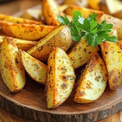 To make crispy air fryer potato wedges, you need fresh ingredients. Here’s what you’ll need: - 4 medium-sized russet potatoes - 3 tablespoons olive oil - 2 teaspoons garlic powder - 1 teaspoon onion powder - 1 teaspoon smoked paprika - 1 teaspoon dried oregano - 1 teaspoon salt - ½ teaspoon black pepper - Fresh parsley, chopped (for garnish) Russet potatoes work best for this recipe. They have a high starch content, which helps create that perfect crispy texture. Olive oil adds flavor and aids in crisping. The garlic and onion powders give a savory taste. Smoked paprika adds a hint of smokiness, while oregano enhances the flavor profile. Salt and pepper balance everything out. Finally, fresh parsley brightens up the dish for a nice finish. When you gather these ingredients, you set the stage for a delicious snack. Each item plays a role in making these wedges both crispy and flavorful. To start, wash the russet potatoes well. Scrub them under cold water to remove dirt. After washing, cut each potato in half lengthwise. Then, cut each half into 4 to 6 wedges. I suggest making them about 1-inch thick. This size helps them cook evenly and get crispy. Next, we need to season our wedges. In a large bowl, combine the potato wedges with 3 tablespoons of olive oil. Add 2 teaspoons of garlic powder, 1 teaspoon of onion powder, 1 teaspoon of smoked paprika, 1 teaspoon of dried oregano, 1 teaspoon of salt, and ½ teaspoon of black pepper. Toss everything together until each wedge is well coated. Make sure every wedge gets some seasoning for the best flavor. Now, it's time to cook. Preheat your air fryer to 400°F (200°C) for about 5 minutes. Once it's ready, place the seasoned potato wedges in the air fryer basket. Arrange them in a single layer. If you have too many, cook them in batches. Cook the wedges for 15 to 20 minutes. Halfway through, shake the basket. This helps the wedges cook and crisp up evenly. When done, they should be golden brown and crispy. Enjoy your delicious potato wedges! To make your potato wedges extra crispy, keep these tips in mind: - For thicker wedges, cook for 20–25 minutes. You may need to adjust the time based on your air fryer. - Single-layer cooking works best. Spread the wedges out in one layer. This helps hot air reach all sides and creates even crispiness. You can boost the flavor of your wedges in many ways: - Try different herbs and spices like rosemary, thyme, or chili powder for a kick. - Fresh versus dried spices: Fresh herbs add brightness, while dried spices offer a more intense flavor. Use what you like best! Pair your crispy potato wedges with these ideas: - Dipping sauces like ranch, ketchup, or garlic aioli add a tasty twist. - For a complete meal, serve the wedges with grilled chicken or a fresh salad. They make a great side! {{image_2}} You can switch up the potato type for your wedges. While russet potatoes work best, sweet potatoes make a great swap. They add a nice sweetness and color. Just follow the same steps, but keep an eye on cooking time. Sweet potatoes can cook faster. You can also try other potato types. Yukon Gold or red potatoes offer different textures and flavors. Just cut them into similar-sized wedges. This ensures even cooking, no matter the potato you choose. Want to change the taste? Try BBQ potato wedges! Add BBQ sauce after cooking for a smoky kick. You could sprinkle some extra seasoning too. Just mix your favorite BBQ flavors with the original ingredients. If you love cheese, try cheese-loaded air fryer wedges. After cooking, sprinkle shredded cheese on top. Let it melt in the air fryer for a few minutes. You’ll have a cheesy, tasty wedge that everyone will love! Keeping it vegan? It’s easy! Just use oil and spices from the recipe. All the ingredients are already plant-based. Make sure your spices are fresh and gluten-free. To ensure all ingredients are gluten-free, check labels. Many spices are gluten-free, but some blends may not be. Always read to be sure. You can enjoy these wedges worry-free! To keep your potato wedges fresh, use an airtight container. This will lock in moisture and flavor. Stored properly, they last up to 3 days in the fridge. Make sure to cool them completely before sealing. This helps prevent sogginess. The best way to reheat your wedges is in the air fryer. Set it to 350°F (175°C) and heat for 5-7 minutes. This will make them crispy again. If you don’t have an air fryer, you can use the oven. Preheat it to 400°F (200°C) and bake for about 10 minutes. You can also use a microwave, but this may make them soft. To freeze cooked wedges, let them cool first. Then, place them in a freezer bag or container. They can stay frozen for up to 2 months. When ready to eat, you can reheat them right from the freezer. Use the air fryer at 400°F (200°C) for about 10-15 minutes. This will help them regain their crispy texture. Yes, you can use frozen potato wedges. They are quick and easy. However, cooking times differ. Frozen wedges may need more time than fresh ones. Here are some tips: - Preheat your air fryer to 400°F (200°C). - Cook frozen wedges for about 20-25 minutes. - Shake the basket halfway through for even cooking. - Check for a golden brown color when done. You’ll know the wedges are done by their color and texture. Look for a crispy, golden-brown exterior. You can also check by poking a wedge with a fork. It should be soft inside. If they are not crispy enough, cook them for a few more minutes. Yes, you can make potato wedges in the oven. Here’s how: - Preheat your oven to 425°F (220°C). - Spread seasoned wedges on a baking sheet in a single layer. - Bake for 25-30 minutes, flipping halfway through. - You can also use a deep fryer for a crispy texture. Just make sure to monitor the oil temperature. This guide on making crispy potato wedges covers everything you need. You learned about the right ingredients, preparation, and cooking methods. Tips for flavor and storage are included too. With these easy steps, you can enjoy tasty potato wedges any time. Experiment with different spices and herbs to find your favorite. Now, it’s time to get cooking and enjoy your homemade treats!