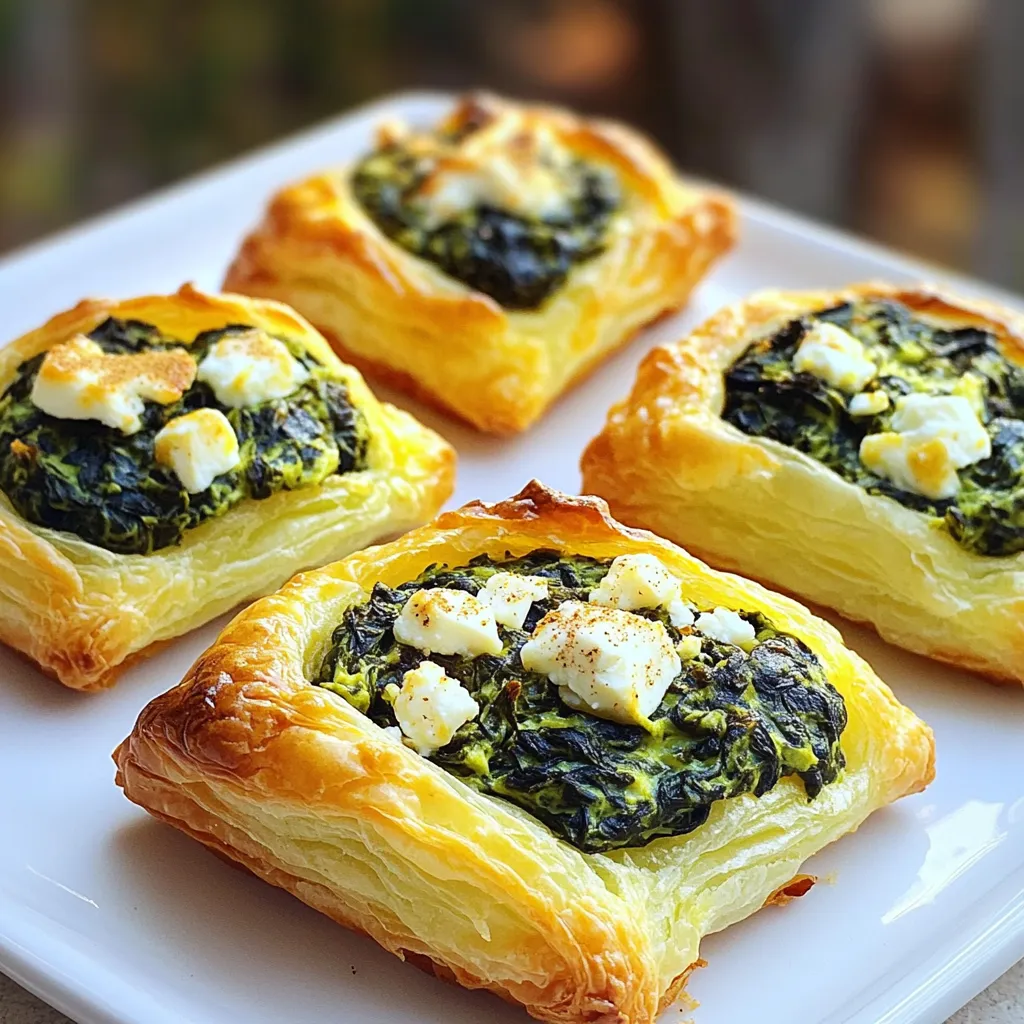 - Puff pastry: Use 1 sheet of thawed puff pastry. This is the base of your puffs. It creates a flaky and light texture that pairs well with the filling. Choose a good quality brand for the best results. - Spinach and other vegetables: You need 2 cups of fresh spinach, chopped. Spinach adds a nice green color and healthy nutrients. You can also use kale or Swiss chard if you want a change. Both are rich in vitamins and add great flavor. - Cheese options: Use 1 cup of crumbled feta cheese for that tangy taste. Feta melts nicely and gives a creamy texture. You can mix in ½ cup of softened cream cheese for extra creaminess. This blend makes the filling rich and tasty. 1. Sauté the Vegetables: Start by heating the olive oil in a skillet over medium heat. Add the finely chopped onion. Sauté for about 3 to 4 minutes until it turns translucent. Then, stir in the minced garlic and cook for 1 more minute. This brings out the garlic's flavor. Next, add the chopped spinach. Cook until the spinach wilts, about 2 to 3 minutes. Season with salt, pepper, and nutmeg if you like. Once done, remove it from heat and let it cool slightly. 2. Prepare the Puff Pastry: Take the puff pastry sheet out of the fridge and let it thaw. On a lightly floured surface, roll it out gently. This helps make it smooth and easy to work with. Cut the pastry into squares, each about 4 inches by 4 inches. Make sure the edges are even for a nice shape. 3. Assemble the Breakfast Puffs: Grab your cooled spinach mixture. Place a spoonful of it in the center of each pastry square. Be careful not to overfill, or they won't seal well. Fold the corners over the filling to form a pocket. Press the edges closed with a fork or your fingers. To give your puffs a nice shine, brush the tops with the beaten egg. This will make them golden and tempting when baked. Now you’re ready for the oven! These steps will help you create savory breakfast puffs that are both delicious and easy to make. To make the best Savory Spinach and Feta Breakfast Puffs, start with the right temperature. Preheat your oven to 400°F (200°C). This heat helps the puffs rise well and turn golden. Timing is key too. Bake the puffs for 15-20 minutes. Keep an eye on them! They should be golden brown when done. For a golden finish, use an egg wash. Brush the tops with a beaten egg before baking. This gives them that nice shine and color. Avoid common mistakes to ensure your puffs come out great. Don't overfill the pastry. A spoonful of the filling is enough. If you add too much, the filling may leak out while baking. Make sure to seal the edges well. Press them with a fork or your fingers. This helps keep the filling inside. Another tip is to let the spinach mixture cool slightly before filling. If it's too hot, it can make the pastry soggy. Enjoy making your breakfast puffs! {{image_2}} You can make these breakfast puffs even better with simple swaps. Try different cheeses for a new flavor. Goat cheese adds a tangy twist. Cheddar gives a rich taste. You can also mix in cooked meats. Crumbled bacon or diced ham work well. For a vegetarian option, add more veggies. Bell peppers or mushrooms can enhance the filling. You can also use artichoke hearts for a unique taste. Spices and herbs can change the whole dish. Add fresh herbs like dill or parsley for brightness. A pinch of red pepper flakes gives a nice kick. You can also try adding a bit of lemon zest for a fresh burst of flavor. Experimenting with these options can help you find your favorite version of these savory puffs! To keep your Savory Spinach and Feta Breakfast Puffs fresh, follow these simple tips: - Refrigeration tips for leftovers: Once cooled, place the puffs in an airtight container. Refrigerate them for up to three days. This keeps them safe and tasty. - Freezing instructions for puffs: If you want to store them longer, freeze them. Place the cooled puffs on a baking sheet. Freeze until firm, then transfer them to a freezer bag. They last up to three months in the freezer. - Reheating methods for optimal taste: To reheat, bake the puffs at 350°F (175°C) for about 10-15 minutes. This method keeps them crispy. You can also microwave them, but they may lose their crunch. Following these storage tips helps you enjoy these delicious puffs later. Yes, you can use store-bought spinach. Fresh spinach gives a nice taste. However, if you’re short on time, frozen spinach works too. Just make sure to thaw and drain it well. This keeps the puffs from getting soggy. You can prepare the filling a day before. Just store it in the fridge. When ready, cut the puff pastry and fill it. You can also assemble the puffs and freeze them. Bake straight from the freezer; just add a few extra minutes to the baking time. These puffs pair well with a simple salad. A light yogurt dip adds a nice touch too. You can also serve them with fresh fruit or a smoothie for a balanced breakfast. Enjoy your meal! This blog post covered the essentials for making savory spinach and feta breakfast puffs. We explored ingredients like puff pastry, various cheeses, and vegetables that boost flavor. I shared clear steps for preparation and assembly, along with helpful tips to perfect your puffs. You learned about ingredient variations and best storage methods too. Remember, each puff can be a tasty canvas for your creativity and taste. Enjoy making these delightful treats for breakfast!