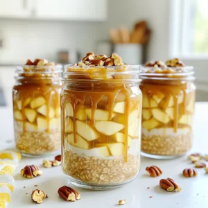 To make delicious caramel apple overnight oats, gather the following ingredients: - 1 cup rolled oats - 1 cup almond milk (or milk of choice) - 1 medium apple, diced (Fuji or Honeycrisp recommended) - 2 tablespoons caramel sauce (store-bought or homemade) - 1 tablespoon chia seeds - 1 tablespoon maple syrup (optional, adjust to taste) - 1/2 teaspoon ground cinnamon - 1/4 teaspoon vanilla extract - Pinch of salt - Optional toppings (chopped pecans or walnuts) These ingredients work together to create a creamy, sweet, and satisfying breakfast. The rolled oats provide a hearty base, while the apple adds a fresh crunch. The caramel sauce brings sweetness, and the chia seeds help thicken the mix. If you want a little extra sweetness, you can add maple syrup. Ground cinnamon and vanilla extract give this dish a warm and cozy flavor. Finally, a sprinkle of nuts on top adds a nice crunch. Enjoy the blend of flavors and textures in every bite! - Mixing the base ingredients In a bowl, combine 1 cup of rolled oats, 1 cup of almond milk, and 1 tablespoon of chia seeds. Mix well until everything is blended evenly. - Adding the apple and other flavorings Next, chop a medium apple, like a Fuji or Honeycrisp. Add the diced apple to the bowl. Then pour in 2 tablespoons of caramel sauce, and if you like it sweeter, add 1 tablespoon of maple syrup. Sprinkle in 1/2 teaspoon of ground cinnamon, 1/4 teaspoon of vanilla extract, and a pinch of salt. Stir again until all the ingredients blend well. - Dividing into jars for soaking Take two jars or containers with lids. Divide the mixture evenly between them. Close the jars tightly to keep the oats fresh. - Recommended overnight soaking Place the jars in the fridge. Let them soak overnight for the best results. This helps the oats absorb milk and flavors. - Minimum soaking time requirements If you are short on time, let them soak for at least 4 to 6 hours. This will still give you a tasty meal but may not be as creamy. - Stirring before serving When you are ready to eat, take the jars out of the fridge. Give the oats a good stir. If they seem too thick, you can add a splash of milk. - Adding toppings and garnishing Top your oats with extra caramel sauce, and sprinkle some chopped pecans or walnuts on top. A dash of cinnamon adds a nice touch too. Enjoy! You can adjust the maple syrup to fit your taste. If you like it sweeter, add more syrup. Start with one tablespoon and add more if needed. You can also choose between store-bought and homemade caramel. Store-bought is quick, but homemade can taste fresher. Just mix sugar and cream over low heat until it melts. Soaking time is key for great texture. Overnight soaking works best, but at least four hours will do. This helps the oats soften and absorb flavors. For milk consistency, use almond milk or your favorite milk. Thinner milk makes a creamier texture, while thicker milk gives more body. Serve your oats in clear jars. This shows off the pretty layers of apple and caramel. You can drizzle extra caramel on top for a sweet touch. Garnish with a slice of apple or a sprinkle of cinnamon. These small details make your dish pop! {{image_2}} You can change the flavor of your caramel apple overnight oats easily. Try adding different fruits like berries or bananas for a new twist. Berries add a tart flavor, while bananas bring sweetness. You can also sprinkle in spices like nutmeg or ginger. Nutmeg gives a warm taste, and ginger adds a spicy kick. These changes keep your breakfast exciting and full of flavor. If you need gluten-free options, use certified gluten-free rolled oats. This keeps the oats safe for those with gluten sensitivities. For vegan modifications, swap almond milk for any plant milk. You can also use a vegan caramel sauce. This way, everyone can enjoy the oats without worry. Want to make more? You can easily scale the recipe for meal prep. Just double or triple the ingredients based on how many servings you need. If you are serving a crowd, adjust the jars or containers accordingly. This makes breakfast fun for family or friends. Prepared caramel apple overnight oats last up to five days in the fridge. Store them in airtight jars or containers. This keeps them fresh and prevents unwanted flavors. To maintain texture, avoid adding toppings until you are ready to eat. You can freeze leftovers for later. Portion the oats into freezer-safe containers. They can last up to three months in the freezer. When ready to eat, thaw them overnight in the fridge. To serve frozen oats, heat them in the microwave or on the stove. Add a splash of milk if they seem too thick. Enjoy them warm with your favorite toppings! Caramel apple overnight oats taste sweet and creamy. You get a mix of soft oats, crunchy apples, and rich caramel. The cinnamon adds warmth, making every bite delightful. It's like enjoying dessert for breakfast! You can use steel-cut oats, but the texture will change. Steel-cut oats are chewier and need more time to soak. If you choose them, soak the oats longer, at least 8 to 12 hours, for the best result. You can keep overnight oats in the fridge for up to 4 days. Just store them in airtight jars. This makes it easy for meal prep. Enjoy a quick breakfast all week! Soaking oats overnight helps them soften and absorb flavors. It also aids digestion. If you’re short on time, leave them to soak for at least 4 to 6 hours. They still taste good but may be a bit firmer. You can use any milk you like. Options include dairy milk, soy milk, or oat milk. Each type adds a different flavor and creaminess. Choose what you enjoy best! Caramel apple overnight oats are simple, tasty, and fun to make. You can mix rolled oats and almond milk with Fuji or Honeycrisp apples for a sweet treat. Soaking overnight makes the oats soft and creamy. Feel free to customize sweetness and add nuts for crunch. When ready, serve them in clear jars to impress. With the tips and variations provided, you can enjoy endless options. Now, go create your perfect bowl of overnight oats!
