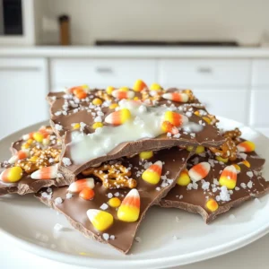 - 2 cups semi-sweet chocolate chips - 1 cup candy corn - 1 cup mini pretzels, broken into pieces - 1/2 cup white chocolate chips - 1/4 teaspoon sea salt - Additional toppings such as sprinkles or nuts - Variants of chocolate (dark or milk chocolate) Gathering the right ingredients makes this treat a breeze. The star of the show is the semi-sweet chocolate. It gives the bark a rich, sweet taste. Candy corn adds a fun crunch and colorful flair. The mini pretzels bring a delightful salty twist, balancing the sweetness of the chocolate. I use white chocolate chips for drizzling on top. This adds a nice contrast in color and flavor. Sea salt enhances all the tastes and makes the bark even more special. If you want to mix things up, consider adding sprinkles or nuts as toppings. You can also switch to dark or milk chocolate if you prefer those flavors. The options are endless, and you can customize this bark to fit your taste. - Line a baking sheet with parchment paper. This makes it easy to lift the bark later. - Melt the semi-sweet chocolate chips. Use a microwave-safe bowl, heating in 30-second bursts. Stir after each burst until smooth. - Pour the melted chocolate onto the lined baking sheet. Spread it out evenly to about 1/4 inch thick. - Sprinkle broken pretzel pieces all over the melted chocolate. This adds a nice crunch. - Next, add the candy corn evenly on top. The colors will look great against the chocolate. - Melt the white chocolate chips in the same way as the semi-sweet chocolate. Once melted, drizzle it over the bark. This adds a lovely design. - Sprinkle a little sea salt on top. It enhances the sweet and salty taste. - Place the baking sheet in the refrigerator for about 30 minutes. This helps the chocolate set firm. - When set, break the bark into pieces and enjoy! How to avoid chocolate seizing To keep your chocolate smooth, avoid water. Even a drop can ruin it. Make sure your bowl and tools are dry. Stir gently as it melts. This helps keep the heat even. Best practices for microwaving chocolate Microwave in short bursts, like 30 seconds. Stir between each burst. This lets the heat spread. If you notice lumps, keep stirring. The chocolate will eventually melt. Use a microwave-safe bowl to be safe. Creative ways to cut and serve After the bark cools, break it into fun shapes. You can use your hands or a knife. For a neat look, cut it into squares or rectangles. Arrange different sizes for a fun mix. Using festive packaging for gifts Wrap your bark in clear bags or boxes. Add a ribbon for a cute touch. You can also use seasonal colors. This makes it a great gift for friends or family. They will love the tasty treat and cool look! {{image_2}} You can change up this bark in fun ways. Adding crushed nuts brings a great crunch. Try using almonds or pecans for a nice twist. Toffee bits also add a sweet crunch. They mix well with the salty pretzels. Next, think about flavored chocolate. You can use dark or milk chocolate for a different taste. If you want a fun twist, try mint or orange-flavored chocolate. These flavors mix well with candy corn. You can easily customize this bark for any holiday. For Christmas, use red and green candy. For Easter, go for pastel colors like pink and purple. This makes the bark festive and fun. You can also change the color scheme for special occasions. Use your favorite team colors for game day. Or, use colors that match a birthday party theme. This bark will be a hit no matter the event! To keep your Chocolate Pretzel Candy Corn Bark fresh, use an airtight container. Glass or plastic containers work great. Make sure to layer the bark with parchment paper. This will prevent the pieces from sticking together. Store the container in a cool, dry place. Avoid places that get too hot or humid. A pantry shelf or cupboard is ideal. If your home is warm, consider refrigerating it. Just remember to let it come to room temperature before enjoying. Chocolate Pretzel Candy Corn Bark lasts about a week at room temperature. If you refrigerate it, it can stay good for up to two weeks. Always check for signs of spoilage. Look for any off smells or changes in texture. If the chocolate looks dull or has white spots, it may have gone bad. Keep an eye out for any signs of moisture. If you see any, toss the bark. You want to enjoy this treat at its best! You can try several fun options instead of candy corn. Use mini marshmallows for a soft touch. M&M's add color and crunch. Try dried fruit for a chewy bite, like cranberries or raisins. For a nutty flavor, chopped almonds or peanuts work great. Each choice gives the bark a unique taste. Yes, you can make this bark vegan with a few swaps. Use dairy-free chocolate chips instead of semi-sweet ones. You can find lots of brands that offer these. Skip the white chocolate or use a vegan version. Check labels to ensure all ingredients meet your needs. This way, everyone can enjoy your treat! Making this bark ahead of time is easy. Prepare it one day in advance and store it. After breaking it into pieces, keep it in an airtight container. This helps it stay fresh. You can also make it a week ahead for parties. Just remember to chill it before serving! You learned how to make Chocolate Pretzel Candy Corn Bark with easy steps. With just a few simple ingredients, you can create a sweet and salty treat for any occasion. Remember that adding your own twist can make it even more fun. Store it well and enjoy it later, or gift it with festive flair. This tasty bark will surely impress friends and family. Get creative and enjoy making your own unique version today!