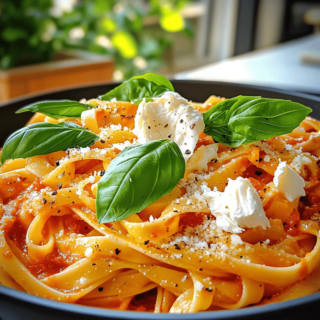 - 12 oz pasta of your choice - 2 large red bell peppers - 1 tablespoon olive oil - 3 cloves garlic, minced - 1 cup vegetable broth - ½ teaspoon red pepper flakes - Salt and pepper to taste - 8 oz burrata cheese - Fresh basil leaves for garnish - Grated parmesan cheese for serving Each ingredient plays a key role in this dish. The pasta forms the base, while the roasted red peppers add a rich, sweet flavor. Olive oil helps in roasting, and garlic brings depth. Vegetable broth makes the sauce creamy and smooth. Red pepper flakes give a gentle heat, while salt and pepper enhance all the flavors. Burrata cheese adds a creamy texture that you will love. Fresh basil adds a hint of freshness, and parmesan cheese adds a savory finish. Using high-quality ingredients can make a big difference. Look for fresh peppers and good olive oil. The seasonings should be fresh, too. This attention to detail will elevate your dish. Enjoy the process of gathering these ingredients. It sets the stage for a great meal. Preheat your oven to 450°F (230°C). Cut the red bell peppers in half and remove the seeds and stems. Place them skin-side up on a baking sheet. Drizzle with olive oil for flavor. Roast the peppers for about 25-30 minutes. Look for charred and blistered skins. Once done, remove them from the oven. Cover with foil for 10 minutes to steam. This makes peeling easier. After steaming, let them cool slightly. Peel off the skins, and you will have tender roasted peppers. In a large pot, bring salted water to a boil. Add the pasta of your choice. Cook it according to the package instructions until it’s al dente. This usually takes around 8-10 minutes. Al dente means the pasta is firm but cooked. Before draining, reserve ½ cup of the pasta water. This water helps to adjust the sauce later. Drain the pasta and set it aside while you make the sauce. In a blender, combine the roasted red peppers, minced garlic, vegetable broth, and red pepper flakes. Blend until the mixture is smooth and creamy. This is the base of your sauce. Transfer the sauce to a saucepan over medium heat. Bring the sauce to a simmer. Season with salt and pepper to taste. This simple sauce packs a lot of flavor and is easy to make. Add the drained pasta to the saucepan with the roasted red pepper sauce. Toss everything together gently. If the sauce feels too thick, add reserved pasta water a little at a time. This will help reach your desired consistency. Mix until the pasta is well-coated in the sauce. Divide the pasta into bowls. Top each serving with a portion of burrata cheese. You can gently tear the burrata or leave it whole for a nice look. Lastly, garnish with fresh basil leaves and a sprinkle of grated parmesan cheese. This adds color and flavor to your dish. Serve hot and enjoy the wonderful blend of tastes! To get great charred skin on your red peppers, follow these steps: - Use high heat: Set your oven to 450°F (230°C). This helps the skin blister and char nicely. - Prep the peppers: Cut the peppers in half, remove the seeds, and place them skin-side up on a baking sheet. Drizzle with olive oil for flavor. - Watch the time: Roast for about 25-30 minutes. The skin should be dark and blistered. If you want to try other methods, grilling is a fun option. Just place whole peppers on the grill and turn until the skin chars. You can also use a broiler for quick results. Keep a close eye so they don’t burn! Cooking pasta can be tricky, but here are my tips: - Don’t overcook: Boil the pasta until it’s al dente. This means it should still have a slight bite. Check the package for timing. - Salt the water: Always add salt to your boiling water. This boosts the pasta's flavor. Use about 1-2 tablespoons for a big pot. Remember, you can reserve some pasta water. It helps adjust the sauce’s thickness later! To make your dish even tastier, consider adding extra herbs or spices: - Basil and parsley: These fresh herbs add brightness. - Oregano or thyme: A pinch of these can deepen the flavor. If you want to switch up the cheese, burrata is creamy and rich, but you can also try: - Ricotta: For a lighter option. - Goat cheese: This adds a tangy flavor. - Cream cheese: For extra creaminess. Mix and match to find your perfect flavor! {{image_2}} You can switch burrata for other cheeses. Ricotta adds a smooth texture. Goat cheese gives a tangy taste. Cream cheese can make the sauce creamier. Each choice brings a new spin to the dish. Want to make it heartier? Add grilled chicken, shrimp, or sausage. Chicken works well with the red pepper flavor. Shrimp adds a nice touch of sweetness. Sausage brings a bit of spice. Cook proteins separately and mix them in before serving. To make this dish vegan-friendly, swap burrata for vegan cheese. You can use cashew cheese or tofu for creaminess. Use vegetable broth and skip any animal products. This way, you keep the flavors while meeting dietary needs. To keep your Roasted Red Pepper Burrata Pasta fresh, store it in a sealed container. Make sure to let the pasta cool down to room temperature before putting it away. This helps prevent condensation and keeps the dish from getting soggy. Cooked pasta and sauce can last in the fridge for about three to four days. If you want to enjoy it later, make sure it is stored properly. When you’re ready to eat your leftovers, reheating is key. Place the pasta in a pot over low heat. Add a splash of water or broth to keep it moist. Stir gently to avoid overcooking the pasta. You can also use the microwave, but heat it in short bursts and stir in between. This helps heat it evenly and keeps it tasty. If you want to save your Roasted Red Pepper Burrata Pasta for longer, freezing is a great option. First, let the dish cool completely. Then, divide the pasta into portions and place them in freezer-safe bags or containers. Remove as much air as possible to prevent freezer burn. When you’re ready to enjoy it again, take the pasta out of the freezer and let it thaw in the fridge overnight. To reheat, use the same method as before. Heat it gently on the stove or microwave until it is warm throughout. You can use many types of pasta for this dish. I recommend: - Fettuccine: It holds the sauce well. - Penne: Its shape captures the sauce inside. - Spaghetti: A classic choice that twirls nicely. Choose any pasta you love. The key is to cook it until al dente for the best texture. Yes, you can use different bell peppers. Each type adds unique flavors. For instance: - Yellow bell peppers: Sweeter and milder than red. - Green bell peppers: A bit more bitter and earthy. - Orange bell peppers: Similar to red but slightly sweeter. These peppers will change the taste, so pick what you enjoy best. If you can’t find burrata, don’t worry. Try these options: - Fresh mozzarella: It has a similar creamy texture. - Ricotta cheese: Creamy and slightly sweet, it works well. - Goat cheese: Adds a tangy flavor that pairs nicely. These alternatives will still give you a delicious finish to your pasta. Adjusting spice is easy! Here are some tips: - For milder pasta: Reduce or omit red pepper flakes. - For more heat: Add more red pepper flakes or a pinch of cayenne. Taste as you go to get it just right for you. Yes, you can make the sauce ahead of time. Here’s how: - Prepare the sauce and let it cool. - Store it in an airtight container in the fridge for up to 3 days. When you're ready to serve, just reheat it on the stove. This makes meal prep easy and quick! This recipe uses simple ingredients and clear steps to create a tasty dish. Roasting red peppers gives the sauce a great flavor. Cooking the pasta just right keeps it perfect. You can customize it with different cheeses or proteins to fit your taste. Also, storing leftovers and reheating them properly is easy. Whether for dinner or lunch, this meal is sure to please. Enjoy the fun of making your dish unique!