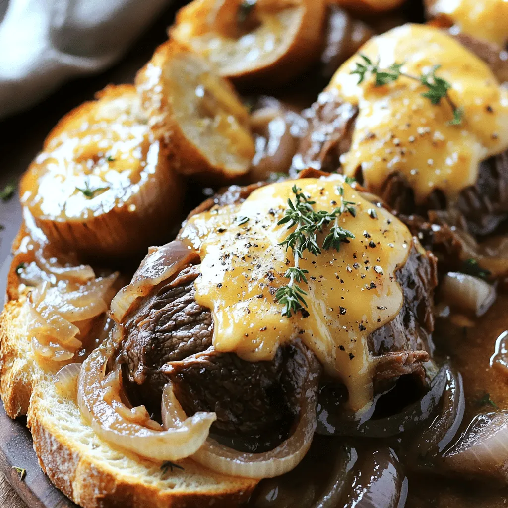 - 3 to 4 pounds beef chuck roast - 3 large onions, thinly sliced - 4 cloves of garlic, minced - 4 cups beef broth - 2 tablespoons olive oil - 1 tablespoon fresh thyme leaves (or 1 teaspoon dried thyme) - 2 bay leaves - Salt and pepper to taste - 1 cup Gruyère cheese, grated - 1 French baguette, sliced When it comes to beef, look for a chuck roast with good marbling. Marbling adds flavor and makes the roast tender. Choose onions that feel heavy for their size. They should have smooth, shiny skin. For the broth, use low-sodium beef broth for better control of salt. Fresh thyme gives the best taste, but dried works too. Always check the expiration date on packaged items. Fresh garlic adds a punch to the dish, so pick firm cloves that are not sprouted. Start by seasoning the beef chuck roast. Use salt and pepper to coat all sides well. This step adds flavor and helps the meat taste great. Set the seasoned roast aside for now. Heat olive oil in a large skillet over medium-high heat. When the oil is hot, add the roast. Sear it for 4-5 minutes on each side. You want it to be nicely browned. This helps lock in juices. Once browned, remove the roast and set it aside. In the same skillet, add the thinly sliced onions. Sauté them for about 10-12 minutes. You want the onions to become soft and lightly browned. This adds sweetness to your dish. After that, add the minced garlic and sauté for 2 more minutes. This gives your meal a nice aroma. Pour in the beef broth while scraping the skillet’s bottom. This adds extra flavor from the browned bits. Now, transfer the caramelized onions into the slow cooker. Place the seared roast on top. Add thyme and bay leaves for more flavor. Then, pour the beef broth mixture over the meat. Cover the slow cooker and set it to low. Cook for 8-10 hours. The roast should be fork-tender when done. After cooking, remove the roast and let it rest for about 10 minutes before slicing. Discard the bay leaves from the broth. For an extra treat, serve slices of the roast on toasted baguette slices. Top them with Gruyère cheese if you like. Broil them for 1-2 minutes until the cheese is melted and bubbly. Enjoy your meal! To get the best flavor in your Slow Cooker French Onion Pot Roast, start with high-quality beef. I recommend a beef chuck roast for its rich taste. Season the roast well with salt and pepper. Searing the meat in olive oil adds depth. Don’t skip the step of caramelizing onions. They bring sweetness and umami to the dish. Use fresh thyme for a bright flavor, or dried thyme if fresh isn’t available. To ensure your meat is tender, cook it low and slow. Set your slow cooker on low for 8 to 10 hours. This slow cooking breaks down tough fibers in the meat. If you want to speed things up, you can cook it on high for 4 to 5 hours, but I recommend going low for the best results. Rest the roast for 10 minutes after cooking before slicing. This helps keep the juices in. For serving, slice the roast and place it on toasted baguette slices. Top with melted Gruyère cheese for that French onion flair. You can also serve it with a bowl of the rich onion broth. A sprinkle of fresh thyme leaves adds a nice touch. Pair this dish with a simple green salad or roasted vegetables for a balanced meal. Enjoy this comforting dish with family or friends on a cozy night! {{image_2}} You can switch up the meat in this recipe. While beef chuck roast is a classic, you might try a brisket or even pork shoulder. Each type gives a different taste and texture. A brisket can be more tender, while pork shoulder adds a hint of sweetness. If you prefer leaner meat, use a round roast. Just remember, the cooking time may change based on the cut you choose. To boost the flavors, consider adding a splash of red wine. It adds depth and richness. You can also toss in sliced mushrooms for an earthy tone. Some fresh herbs, like rosemary or parsley, can brighten the dish. For a spicy kick, add a pinch of red pepper flakes. If you want a hint of sweetness, a tablespoon of balsamic vinegar works wonders. If you don’t have a slow cooker, you can still make this dish. Use a Dutch oven on the stovetop. Start by searing the meat like in the slow cooker method. Then, add your onions and broth. Cover and let it simmer on low heat for about 3-4 hours. You can also use an oven. Set it to 325°F and let it cook for 3-4 hours. Both methods yield a deliciously tender pot roast. After enjoying your Slow Cooker French Onion Pot Roast, store leftovers right away. Place the pot roast in an airtight container. Make sure to include some broth with the meat. This keeps the roast moist. You can keep it in the fridge for up to three days. To reheat, use a microwave or stove. If using a microwave, place the roast on a plate. Pour some broth over it to keep it juicy. Heat it for about 2-3 minutes, checking to see if it’s warm. If using a stove, place the roast in a pot with some broth. Warm it on low heat until it is hot throughout. You can freeze the pot roast for longer storage. Allow the roast to cool completely. Then, slice it and place it in a freezer-safe bag or container. Make sure to add some broth again. Label the bag with the date. The roast can stay in the freezer for up to three months. When you’re ready to eat, thaw it in the fridge overnight and reheat as mentioned above. Cooking a pot roast in a slow cooker takes about 8 to 10 hours on low heat. This long cooking time helps the meat become tender and flavorful. If you're short on time, you can cook it on high for about 4 to 5 hours, but the meat may not be as tender. Yes, you can use different cheeses for your pot roast. While Gruyère cheese adds a nice flavor, you can also try Swiss or mozzarella. If you want a sharp taste, cheddar works well too. Feel free to experiment with cheeses you enjoy. You can serve the French onion pot roast with a few tasty sides. Here are some ideas: - Garlic bread or toasted baguette - Mashed potatoes or creamy polenta - Steamed vegetables like green beans or carrots - A fresh side salad with vinaigrette These sides balance the rich flavors of the pot roast nicely. You will know the pot roast is done when it is fork-tender. This means you can easily pull it apart with a fork. If you have a meat thermometer, the internal temperature should be at least 195°F to 205°F for ideal tenderness. Always let the roast rest for 10 minutes before slicing. We covered all the steps to make a great pot roast. First, we looked at ingredients, both required and optional. Then, we detailed preparation, cooking, and tips for great flavor. I shared variations you can try and how to store leftovers well. With this guide, you can create delicious meals every time. Now, get cooking and enjoy your rich, tender pot roast with family and friends!