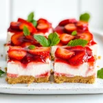 The ingredients for No Bake Strawberry Cheesecake Bars are simple and fresh. Here's what you need: - 1 ½ cups graham cracker crumbs - ½ cup unsalted butter, melted - 2 cups cream cheese, softened - 1 cup powdered sugar - 1 teaspoon vanilla extract - 2 cups heavy whipping cream - 2 cups fresh strawberries, hulled and sliced - ½ cup strawberry preserves (or jam) - Fresh mint leaves for garnish (optional) Each ingredient plays a key role in making these bars creamy and delicious. The graham cracker crumbs form a crunchy base, while the cream cheese gives it a rich texture. The heavy whipping cream adds lightness. Fresh strawberries bring bright flavor and color. Strawberry preserves add sweetness and a beautiful swirl, enhancing the look and taste of the bars. You can also use mint leaves to add a pop of color and freshness on top. Using fresh ingredients will make your dessert stand out even more. To start, mix 1 ½ cups of graham cracker crumbs with ½ cup of melted butter in a medium bowl. Stir until it looks like wet sand. This mixture will form a tasty base for our bars. Now, press the mixture firmly into the bottom of a 9x9 inch baking dish. Make sure it is even. Place the dish in the fridge while you work on the filling. Next, take 2 cups of softened cream cheese and beat it in a large bowl. Use an electric mixer on medium speed for about 2 minutes. The cream cheese should be smooth and creamy. Gradually add 1 cup of powdered sugar and 1 teaspoon of vanilla extract. Mix until everything is well combined. In a separate bowl, pour in 2 cups of heavy whipping cream. Whip the cream with a mixer until stiff peaks form. This should take about 3-4 minutes. Gently fold this whipped cream into your cream cheese mixture. Be careful not to deflate it. You want it to stay fluffy and light. Now, it’s time to layer the filling. Pour half of the cheesecake filling over the prepared crust. Spread it out evenly. Take 1 cup of sliced strawberries and arrange them on top. Pour the rest of the cheesecake filling over the strawberries and smooth it out. Next, dollop ½ cup of strawberry preserves evenly over the top of the cheesecake filling. Use a knife or spatula to swirl the preserves into the cheesecake. This will add a sweet, fruity flavor. Cover the dish with plastic wrap and refrigerate for at least 4 hours. For best results, chill overnight. Once set, take the cheesecake out of the fridge. Cut it into bars and garnish with fresh strawberries and mint leaves if you like. Enjoy your no bake strawberry cheesecake bars! To get the best texture, whip the cream well. You want it to form stiff peaks. This makes the cheesecake light and fluffy. If the cream is not whipped enough, the bars will be heavy. For cream cheese, make sure it is very soft. Soft cream cheese blends easily and gives a smooth filling. Beat it until there are no lumps. This adds to the creaminess of the bars. You can change the fruit toppings if you like. Try raspberries, blueberries, or peaches instead of strawberries. Each fruit adds a new flavor twist to your bars. You can also use flavored extracts. A bit of almond or lemon extract can change the taste. Just start with a small amount and taste as you go. This lets you create a unique bar each time. These cheesecake bars pair well with other desserts. Serve them with a scoop of vanilla ice cream. You can also add a drizzle of chocolate sauce on top. They are perfect for summer parties, birthdays, or family gatherings. The bright colors make them look nice on any table. You can even garnish with fresh mint leaves for a pop of color. {{image_2}} Want to add a chocolate twist? Use chocolate graham crackers for the crust. Mix 1 cup of chocolate crumbs with ½ cup of melted butter. Press this mixture into your baking dish as you did before. For an extra touch, drizzle melted chocolate over the top before serving. This adds a rich flavor that pairs well with strawberries. If you want a vegan version, swap cream cheese for vegan cream cheese. Use maple syrup instead of powdered sugar for sweetness. You can also replace heavy cream with coconut cream. Make sure to chill the can overnight for the best results. This keeps the texture creamy without any dairy. For a gluten-free treat, choose gluten-free graham crackers. Crush them as you would regular crackers. You may want to add a bit more butter to hold the crust together. This small change helps keep the bars from falling apart. The taste remains just as delicious, so you won’t miss the gluten! You can keep these cheesecake bars in the fridge for about 4 to 5 days. Wrap them tightly in plastic wrap or store them in an airtight container. This helps keep the bars fresh and tasty. Always remember to keep them chilled until you are ready to serve. To freeze, slice the bars first. Then, wrap each piece in plastic wrap. Place them in a freezer-safe bag or container. For thawing, put them in the fridge overnight. Freezing may change the texture slightly, making it a bit softer. However, the taste remains delicious. When you're ready to serve, take the bars out of the fridge or freezer. Let them sit at room temperature for about 10 minutes. This helps bring back some of the flavors. You can add fresh strawberries or mint leaves on top to make them look even better. Yes, you can use frozen strawberries. Just thaw them first. Drain any excess juice. This helps keep the bars from becoming too watery. Fresh strawberries give a brighter flavor, but frozen work well too. These cheesecake bars need to chill for at least 4 hours. For the best results, chill them overnight. This allows the flavors to mix and the bars to set properly. Yes, you can make these bars ahead of time. They can be made up to 2 days in advance. Just keep them covered in the fridge until you’re ready to serve. You can substitute cream cheese with Greek yogurt or vegan cream cheese. Both options give a nice creamy texture. They may alter the taste a bit, but they still work well. To keep the crust from getting soggy, ensure you press it firmly into the dish. Use melted butter to bind the crumbs well. Chill the crust before adding the filling, too. This extra step helps keep it crisp. In this post, we covered how to make delicious strawberry cheesecake bars. We explored the key ingredients and detailed steps, from preparing the crust to serving your tasty treat. I shared tips for the perfect texture and offered fun variations to try. Remember, use fresh ingredients and follow the chilling times. These bars are great for any occasion. Enjoy creating your own sweet twist on this classic dessert!