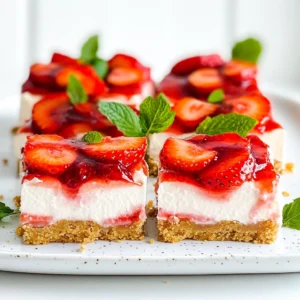 The ingredients for No Bake Strawberry Cheesecake Bars are simple and fresh. Here's what you need: - 1 ½ cups graham cracker crumbs - ½ cup unsalted butter, melted - 2 cups cream cheese, softened - 1 cup powdered sugar - 1 teaspoon vanilla extract - 2 cups heavy whipping cream - 2 cups fresh strawberries, hulled and sliced - ½ cup strawberry preserves (or jam) - Fresh mint leaves for garnish (optional) Each ingredient plays a key role in making these bars creamy and delicious. The graham cracker crumbs form a crunchy base, while the cream cheese gives it a rich texture. The heavy whipping cream adds lightness. Fresh strawberries bring bright flavor and color. Strawberry preserves add sweetness and a beautiful swirl, enhancing the look and taste of the bars. You can also use mint leaves to add a pop of color and freshness on top. Using fresh ingredients will make your dessert stand out even more. To start, mix 1 ½ cups of graham cracker crumbs with ½ cup of melted butter in a medium bowl. Stir until it looks like wet sand. This mixture will form a tasty base for our bars. Now, press the mixture firmly into the bottom of a 9x9 inch baking dish. Make sure it is even. Place the dish in the fridge while you work on the filling. Next, take 2 cups of softened cream cheese and beat it in a large bowl. Use an electric mixer on medium speed for about 2 minutes. The cream cheese should be smooth and creamy. Gradually add 1 cup of powdered sugar and 1 teaspoon of vanilla extract. Mix until everything is well combined. In a separate bowl, pour in 2 cups of heavy whipping cream. Whip the cream with a mixer until stiff peaks form. This should take about 3-4 minutes. Gently fold this whipped cream into your cream cheese mixture. Be careful not to deflate it. You want it to stay fluffy and light. Now, it’s time to layer the filling. Pour half of the cheesecake filling over the prepared crust. Spread it out evenly. Take 1 cup of sliced strawberries and arrange them on top. Pour the rest of the cheesecake filling over the strawberries and smooth it out. Next, dollop ½ cup of strawberry preserves evenly over the top of the cheesecake filling. Use a knife or spatula to swirl the preserves into the cheesecake. This will add a sweet, fruity flavor. Cover the dish with plastic wrap and refrigerate for at least 4 hours. For best results, chill overnight. Once set, take the cheesecake out of the fridge. Cut it into bars and garnish with fresh strawberries and mint leaves if you like. Enjoy your no bake strawberry cheesecake bars! To get the best texture, whip the cream well. You want it to form stiff peaks. This makes the cheesecake light and fluffy. If the cream is not whipped enough, the bars will be heavy. For cream cheese, make sure it is very soft. Soft cream cheese blends easily and gives a smooth filling. Beat it until there are no lumps. This adds to the creaminess of the bars. You can change the fruit toppings if you like. Try raspberries, blueberries, or peaches instead of strawberries. Each fruit adds a new flavor twist to your bars. You can also use flavored extracts. A bit of almond or lemon extract can change the taste. Just start with a small amount and taste as you go. This lets you create a unique bar each time. These cheesecake bars pair well with other desserts. Serve them with a scoop of vanilla ice cream. You can also add a drizzle of chocolate sauce on top. They are perfect for summer parties, birthdays, or family gatherings. The bright colors make them look nice on any table. You can even garnish with fresh mint leaves for a pop of color. {{image_2}} Want to add a chocolate twist? Use chocolate graham crackers for the crust. Mix 1 cup of chocolate crumbs with ½ cup of melted butter. Press this mixture into your baking dish as you did before. For an extra touch, drizzle melted chocolate over the top before serving. This adds a rich flavor that pairs well with strawberries. If you want a vegan version, swap cream cheese for vegan cream cheese. Use maple syrup instead of powdered sugar for sweetness. You can also replace heavy cream with coconut cream. Make sure to chill the can overnight for the best results. This keeps the texture creamy without any dairy. For a gluten-free treat, choose gluten-free graham crackers. Crush them as you would regular crackers. You may want to add a bit more butter to hold the crust together. This small change helps keep the bars from falling apart. The taste remains just as delicious, so you won’t miss the gluten! You can keep these cheesecake bars in the fridge for about 4 to 5 days. Wrap them tightly in plastic wrap or store them in an airtight container. This helps keep the bars fresh and tasty. Always remember to keep them chilled until you are ready to serve. To freeze, slice the bars first. Then, wrap each piece in plastic wrap. Place them in a freezer-safe bag or container. For thawing, put them in the fridge overnight. Freezing may change the texture slightly, making it a bit softer. However, the taste remains delicious. When you're ready to serve, take the bars out of the fridge or freezer. Let them sit at room temperature for about 10 minutes. This helps bring back some of the flavors. You can add fresh strawberries or mint leaves on top to make them look even better. Yes, you can use frozen strawberries. Just thaw them first. Drain any excess juice. This helps keep the bars from becoming too watery. Fresh strawberries give a brighter flavor, but frozen work well too. These cheesecake bars need to chill for at least 4 hours. For the best results, chill them overnight. This allows the flavors to mix and the bars to set properly. Yes, you can make these bars ahead of time. They can be made up to 2 days in advance. Just keep them covered in the fridge until you’re ready to serve. You can substitute cream cheese with Greek yogurt or vegan cream cheese. Both options give a nice creamy texture. They may alter the taste a bit, but they still work well. To keep the crust from getting soggy, ensure you press it firmly into the dish. Use melted butter to bind the crumbs well. Chill the crust before adding the filling, too. This extra step helps keep it crisp. In this post, we covered how to make delicious strawberry cheesecake bars. We explored the key ingredients and detailed steps, from preparing the crust to serving your tasty treat. I shared tips for the perfect texture and offered fun variations to try. Remember, use fresh ingredients and follow the chilling times. These bars are great for any occasion. Enjoy creating your own sweet twist on this classic dessert!