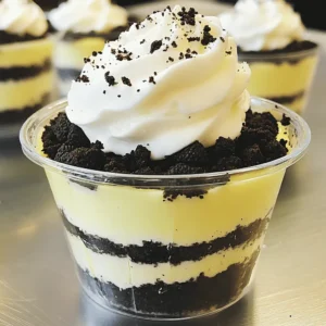 To make these tasty treats, gather the following key ingredients: - 24 Oreo cookies, crushed - 4 tablespoons unsalted butter, melted - 16 oz cream cheese, softened - 1/2 cup powdered sugar - 1 teaspoon vanilla extract - 1 cup heavy whipping cream - Additional Oreo cookies for topping These ingredients create a rich and creamy dessert. The crushed Oreos form a crunchy crust. The cream cheese offers a smooth filling. The heavy cream adds fluffiness, making each bite delightful. You can add fun toppings to make your cheesecake cups even better. Here are some ideas: - Extra crushed Oreo cookies - Whipped cream dollops - Chocolate syrup drizzle - Fresh fruit like strawberries or raspberries Feel free to mix and match. These options let you tailor each cup to your taste. If you need to change some ingredients, here are some smart swaps: - Use gluten-free cookies instead of Oreos for a gluten-free treat. - Swap cream cheese for mascarpone for a lighter taste. - Try coconut cream instead of heavy whipping cream for a dairy-free version. These substitutions can help you create a dessert that suits your diet or preferences. To start, grab a medium bowl. Add 24 crushed Oreo cookies and 4 tablespoons of melted butter. Mix them together until the crumbs feel like wet sand. Now, take small cups. Divide the mixture evenly into the cups. Use about 1.5 tablespoons per cup. Press the crumbs down firmly to make a nice crust layer. Next, take a large bowl. Put 16 ounces of softened cream cheese inside. Beat the cream cheese with an electric mixer until it's smooth. Add 1/2 cup of powdered sugar and 1 teaspoon of vanilla extract. Mix until everything is well combined and creamy. In a separate bowl, whip 1 cup of heavy whipping cream. Keep whipping until stiff peaks form—this means it holds its shape. Gently fold the whipped cream into the cream cheese mixture. Use a spatula, and be careful not to deflate the whipped cream. Now, take your cups with the crust. Spoon the cream cheese mixture over the crust in each cup. Smooth the top with your spatula to make it look nice. Finally, put the cheesecake cups in the fridge. They need to chill for at least 4 hours to set. After they are firm, you can add toppings. Crush extra Oreos or place a whole Oreo on top for garnish. To make your cheesecake cups creamy, use softened cream cheese. This helps it mix well. Beat the cream cheese until smooth before adding sugar and vanilla. When whipping the cream, look for stiff peaks. Fold it gently into the cream cheese mix. This keeps the texture light and fluffy. One common mistake is not crushing the Oreos fine enough. If the pieces are too big, the crust won't hold together. Also, don’t rush the chilling time. If you serve them too early, they can fall apart. Lastly, be careful when folding the whipped cream. Over-mixing can make the filling dense. You can add a pinch of salt to the cream cheese mix. This brings out the sweetness. For a fun twist, try adding a splash of coffee or a bit of melted chocolate. You can also mix in some peanut butter for a richer taste. Top with fresh fruit or chocolate sauce for added flair. {{image_2}} You can change the crust for fun! Instead of Oreos, try graham crackers. Just crush them the same way. You can also use chocolate chip cookies. They add a nice sweetness. For a nutty twist, crushed almonds or pecans work well. Just mix them with melted butter like the Oreos. This gives you a tasty base for your cheesecake. Why stick to plain when you can add flavor? You can mix in melted chocolate for a rich taste. Try adding peanut butter for a creamy, nutty surprise. If you like fruit, fold in some pureed strawberries or raspberries. This will give a fresh twist to your cheesecake. You can even use a bit of lemon zest for a zesty kick. Each option makes it special! Make your dessert stand out at parties! Use clear cups to show off the layers. Add fresh fruit or whipped cream on top for a fancy look. You can even drizzle chocolate or caramel sauce over the cups. For a birthday, add a candle on top. Everyone loves a personal touch, and it makes your treat feel special! To keep your No-Bake Oreo Cheesecake Cups fresh, store them in the fridge. Use an airtight container. This helps prevent the cheesecake from drying out or absorbing smells. If you have leftovers, cover each cup with plastic wrap. This keeps the flavors intact and helps maintain the texture. When stored properly, these cheesecake cups last about 3 to 5 days in the fridge. You should eat them within this time for the best taste and quality. After that, the texture may change, and the flavors may fade. If they look or smell off, it’s best to throw them away. You can freeze these cheesecake cups for later! Just make sure they are in an airtight container. They can last up to 2 months in the freezer. When you want to enjoy them, take them out and put them in the fridge overnight to thaw. Avoid refreezing them once thawed, as this can ruin their texture. Yes, you can use low-fat cream cheese. It will change the taste and texture a bit. The cheesecake might be less rich but still tasty. Just make sure it is soft before mixing. To make these cups dairy-free, use vegan cream cheese. You can also use coconut cream for the whipped topping. Make sure to check the labels for dairy-free options. This way, you can enjoy a great dessert without dairy. Yes, refrigerating is very important. It helps the cheesecake cups set properly. Chill them for at least four hours. This time allows the flavors to blend well and the texture to firm up. Absolutely! You can use any cookies you like. Chocolate cookies or graham crackers work well too. Just crush them the same way. Each cookie will give a unique taste to your cheesecake cups. If your filling is runny, try adding more powdered sugar. This will help thicken it up. You can also beat the mixture longer to add air. If all else fails, chill it longer before serving. This will help it set better. No-bake Oreo cheesecake cups are easy to make and delicious. We covered the key ingredients, from the crust to the creamy filling. I shared helpful tips to avoid mistakes and variations to try. Storing your cups properly ensures they stay fresh. Enjoy experimenting with flavors and toppings that excite you. With these ideas, your cheesecake cups will impress anyone! Dive in, and have fun creating your perfect treat!
