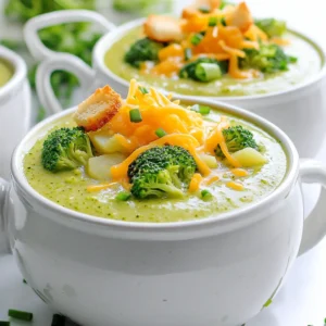 To make this one-pot broccoli cheddar soup, you need simple and fresh ingredients. Here’s what you will use: - 4 cups fresh broccoli florets - 1 onion, diced - 2 cloves garlic, minced - 1 medium potato, diced - 4 cups vegetable broth - 1 cup milk (or plant-based alternative) - 2 cups shredded sharp cheddar cheese - 2 tablespoons olive oil - 1 teaspoon thyme (dried or fresh) - Salt and pepper to taste - Optional: Croutons and fresh chives for garnish These ingredients come together to create a rich and creamy soup. The fresh broccoli adds great flavor and color. The potato gives it a nice body, making it filling. The sharp cheddar cheese adds a comforting richness that warms you up. You can easily find these items at your local grocery store. Plus, you can adjust the recipe to fit what you have on hand. For instance, you can swap the potato for cauliflower or add in some carrots for extra color. Enjoy preparing this delicious meal! - Step 1: Heat olive oil and sauté onion Start by adding two tablespoons of olive oil to a large pot over medium heat. Once hot, toss in one diced onion. Sauté it for about five minutes until it is soft and translucent. - Step 2: Add garlic and thyme Next, stir in two minced garlic cloves and one teaspoon of thyme. Cook this mix for one more minute. You want to release that wonderful aroma. - Step 3: Incorporate potato and broccoli Now, add one diced medium potato and four cups of fresh broccoli florets. Mix it all well. - Step 4: Bring to a boil and simmer Pour in four cups of vegetable broth, and bring the pot to a boil. Once boiling, lower the heat, cover the pot, and let it simmer. This should take about 15 to 20 minutes. The goal is to make the potato and broccoli tender. - Step 5: Blend the soup After simmering, take the pot off the heat. Use an immersion blender to blend the soup until it is smooth. If you don’t have one, carefully transfer the soup to a regular blender in batches. Be careful, as hot soup can splatter. - Step 6: Stir in milk and cheese Put the blended soup back on low heat. Now, stir in one cup of milk and two cups of shredded sharp cheddar cheese. Keep stirring until the cheese melts and the soup is creamy. - Step 7: Season and adjust consistency Taste the soup and add salt and pepper as needed. If the soup is too thick, pour in a bit more milk to reach your desired consistency. - Step 8: Serve warm with garnishes Serve the soup hot. For a nice touch, add croutons and fresh chives as garnishes if you like. Enjoy your warm, creamy bowl of broccoli cheddar soup! - Cook broccoli for 15-20 minutes until tender. - Use a potato for creaminess and texture. - Blend the soup until smooth for a rich finish. - Add a pinch of cayenne for heat. - Try using gouda for a smoky twist. - Nutritional yeast gives a cheesy flavor for vegans. - Serve in warm bowls for comfort. - Top with croutons and fresh chives for color. - Drizzle with olive oil for a glossy look. {{image_2}} You can change the cheese in this soup. Try using gouda for a smoky taste. A mix of cheeses can also add depth. If you want more veggies, add carrots or cauliflower. Both options give extra flavor and nutrition. To make this soup gluten-free, use a gluten-free broth. Most vegetable broths are safe. For a vegan version, swap the cheese with nutritional yeast. Use coconut milk or almond milk instead of regular milk. This keeps the creamy texture without dairy. This soup pairs well with crusty bread. A fresh salad is also a great match. For side dishes, serve some roasted vegetables or a light quinoa dish. These sides balance the rich flavor of the soup. To store your broccoli cheddar soup, first let it cool. Pour the soup into an airtight container. This keeps it fresh. You can keep it in the fridge for about 3 to 4 days. If you want to enjoy it later, follow these steps. To freeze broccoli cheddar soup, let it cool completely. Then, pour it into freezer-safe containers. Leave some space at the top for expansion. You can freeze it for up to 3 months. When you are ready to eat, thaw it in the fridge overnight. Reheat it in a pot over low heat. Stir it often. If it is too thick, add a splash of milk. You can repurpose leftover soup in many ways. Try using it as a sauce for pasta. It also works well as a base for casseroles. Another option is to mix it with rice or grains for a hearty meal. You can even pour it over baked potatoes for a tasty twist. Get creative and enjoy your leftovers! Can I use frozen broccoli instead of fresh? Yes, you can use frozen broccoli! It saves time and is still healthy. Just add it to the pot in the same way as fresh. The soup will taste great, and it cooks just fine. How can I make the soup spicier? To spice it up, add red pepper flakes or chopped jalapeños. You can also use a spicy cheese like pepper jack. Stir in a little at a time and taste as you go. This way, you find your perfect spice level. Is broccoli cheddar soup healthy? Yes, broccoli cheddar soup is healthy. It has vitamins from broccoli and protein from cheese. You can make it even healthier by using low-fat milk and less cheese. What are the calorie counts per serving? Each serving has around 300-400 calories, depending on how much cheese you add. It’s a filling meal that can fit into a balanced diet. How to make this recipe dairy-free? Swap the milk with a plant-based alternative, like almond or oat milk. Use dairy-free cheese for the cheddar. This makes it creamy and tasty without any dairy. Can I add protein to the soup? Yes! You can add cooked chicken, beans, or lentils for extra protein. Just mix them in after blending the soup. This makes it heartier and more filling. This blog post covered a simple and tasty broccoli cheddar soup recipe. You learned the key ingredients, each step of preparation and cooking, and helpful tips to enhance flavor. We also explored variations to fit diets, how to store leftovers, and answered common questions. In the end, this soup is not just comforting; it’s fun to make. Enjoy cooking and sharing it with others!