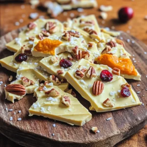 - 2 cups white chocolate chips - 1 cup pumpkin puree (not pumpkin pie filling) - 1 tablespoon pumpkin spice blend The main ingredients create a sweet and creamy base for the bark. White chocolate chips melt smoothly, giving the bark its rich texture. Pumpkin puree adds a warm flavor, while the pumpkin spice blend brings in cozy notes of cinnamon, nutmeg, and ginger. This mix makes every bite feel like fall. - 1/2 cup chopped pecans (or walnuts) - 1/4 cup dried cranberries (optional) Add-ins make your bark even better! Chopped pecans or walnuts add crunch and nutty flavor. Dried cranberries lend a touch of sweetness and a pop of color. You can choose to add them or leave them out, depending on your taste. - 1 teaspoon vanilla extract - Sea salt for sprinkling Vanilla extract boosts the flavor of the white chocolate. Just a teaspoon gives it a lovely depth. A sprinkle of sea salt on top balances the sweetness. This contrast makes each piece even more enjoyable. - Line a baking sheet with parchment paper. - Measure and gather your ingredients. Start by laying down parchment paper on your baking sheet. This helps the bark come off easily. Next, grab your ingredients: white chocolate chips, pumpkin puree, pumpkin spice blend, vanilla extract, chopped pecans, and dried cranberries. Make sure everything is ready for quick mixing. - Microwave white chocolate chips. - Stir until smooth. Put the white chocolate chips in a microwave-safe bowl. Heat them in the microwave for 30 seconds. Take them out and stir. Repeat this until the chocolate is smooth, which takes about 1 to 2 minutes. Be careful not to overheat; we want it creamy! - Combine pumpkin puree and spices. - Fold in nuts and cranberries. After melting, add the pumpkin puree, pumpkin spice blend, and vanilla extract to the bowl. Stir well until it becomes creamy and all the flavors mix. Then, gently fold in the chopped pecans and cranberries. This adds a nice crunch and a bit of sweetness. - Chill the bark until set. - Break into pieces for serving. Now, pour your mixture onto the prepared baking sheet. Use a spatula to spread it evenly, about a quarter-inch thick. Sprinkle a pinch of sea salt on top for a sweet and salty touch. Place the baking sheet in the fridge for about 1 to 2 hours. Once set, take it out and break it into irregular pieces. Enjoy your Pumpkin Spice White Chocolate Bark! To melt white chocolate, be careful not to overheat it. Heat in short bursts. I suggest microwaving in 30-second intervals. Stir after each interval. This prevents burning. If you prefer, you can use a double boiler. Place a heat-safe bowl over simmering water. Stir until smooth while it melts. You can add more spices to boost flavor. Try cinnamon or nutmeg for warmth. You can also mix in a bit of ginger for a kick. Want a fancier look? Drizzle melted dark chocolate on top. It adds flavor and a beautiful finish. Serve the bark on a festive platter. Arrange the pieces in a fun way. For a pop of color, sprinkle some pumpkin spice on top. You can also use edible flowers or extra nuts for garnish. These simple touches make your treat stand out. {{image_2}} You can change the flavor of pumpkin spice white chocolate bark in fun ways. - Dark chocolate version: Swap white chocolate chips for dark chocolate chips. This gives a rich taste and a nice contrast to the pumpkin flavor. - Adding different nuts: Try using almonds or hazelnuts instead of pecans or walnuts. Each nut adds its own unique crunch and flavor. You can make this bark fit many diets with a few tweaks. - Vegan alternatives for white chocolate: Use vegan white chocolate chips. They melt well and keep the treat dairy-free. - Gluten-free options: This recipe is gluten-free if you check your chocolate brands. Most white chocolate is gluten-free, but always double-check! You can also adjust this treat based on the season. - Christmas spice bark version: Add cinnamon and nutmeg for a holiday twist. You could even mix in some crushed peppermint candies for a festive look. - Halloween candy add-ins: Fold in mini candy corn or chocolate-covered pretzels for a spooky treat. Kids will love the extra fun! To keep your pumpkin spice white chocolate bark fresh, store it in an airtight container. This helps prevent moisture and keeps it tasty. Place a sheet of parchment paper between layers if you stack the bark. This will keep the pieces separate and avoid sticking. The best temperature for storage is at room temperature, around 68°F to 72°F. If your kitchen is warm, consider placing it in a cool pantry. Avoid direct sunlight, as it can melt the chocolate. Your bark lasts about two weeks when stored in the fridge. Just seal it well in an airtight container to keep it fresh and tasty. If you want to keep it longer, freezing is a great option. You can freeze pumpkin spice white chocolate bark for up to three months. Wrap each piece in plastic wrap, then place them in a freezer-safe bag. When you're ready to enjoy it, let it thaw at room temperature for about 30 minutes before serving. To make this sweet treat, follow these simple steps: 1. Line a baking sheet with parchment paper. 2. Melt 2 cups of white chocolate chips in the microwave. Use 30-second bursts and stir until smooth. 3. Mix in 1 cup of pumpkin puree, 1 tablespoon of pumpkin spice blend, and 1 teaspoon of vanilla extract. Stir until creamy. 4. Fold in 1/2 cup of chopped pecans and 1/4 cup of dried cranberries, if using. 5. Spread the mix onto the lined baking sheet in an even layer, about 1/4 inch thick. 6. Sprinkle a pinch of sea salt on top for a flavor boost. 7. Chill in the refrigerator for 1-2 hours until firm. 8. Break into pieces and enjoy! If you need an alternative, consider using: - Milk chocolate chips for a sweeter taste. - Dark chocolate chips for a richer flavor. - Vegan white chocolate for a plant-based option. These choices change the taste but keep the fun! You can tell the bark is set by checking its firmness. It should feel solid and not sticky. If you press gently, it should not leave a dent. The edges may also look a bit dry. This means it is ready to break apart. Yes, you can prep this bark ahead of time! Make it up to a week in advance. Just store it in an airtight container in the fridge. If you want to keep it longer, freeze the pieces in a sealed bag. Just let it thaw in the fridge before serving. This blog post shared a simple recipe for Pumpkin Spice White Chocolate Bark. We covered essential ingredients like white chocolate chips and pumpkin puree. I provided step-by-step instructions for preparation, mixing, and chilling. Tips helped ensure perfect results, while variations and dietary adaptations offered creative twists. Keep these ideas in mind for your baking adventures. Enjoy making and sharing this festive treat!