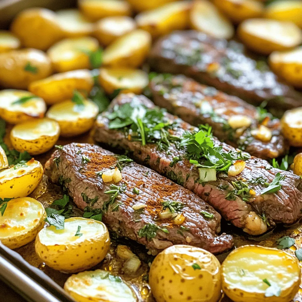For this dish, you need: - 1 lb flank steak, trimmed - 1 lb baby potatoes, halved - 4 cloves garlic, minced To make the flavors pop, grab: - 1 tablespoon fresh rosemary, chopped - 1 tablespoon fresh thyme, chopped - 1 teaspoon smoked paprika - 3 tablespoons olive oil - Salt and pepper to taste - Fresh parsley, chopped (for garnish) You will need a few key tools: - Large baking sheet - Parchment paper or cooking spray - Small mixing bowl - Resealable plastic bag or shallow dish - Large bowl for potatoes - Knife for slicing the steak To start, gather your ingredients. You need garlic, rosemary, thyme, smoked paprika, olive oil, salt, and pepper. In a small bowl, mix these together. This blend creates a rich flavor for your steak. The garlic adds zest, while the herbs bring freshness. The smoked paprika gives a warm, earthy taste. This marinade will make your steak shine. Next, take your flank steak. It should be trimmed and ready. Place it in a resealable bag or a shallow dish. Pour half the marinade over the steak. Make sure it is well coated. Seal the bag or cover the dish tightly. Now, let it chill in the fridge for at least 30 minutes. This wait lets the flavors soak in. If you have time, marinate for up to 2 hours for more taste. While the steak is marinating, it's time for the potatoes. Grab your baby potatoes and cut them in half. In a large bowl, add the remaining marinade to the halved potatoes. Toss them well until they are all coated. This step ensures each potato is flavorful. Spread the potatoes out on one side of your baking sheet. Make sure they have space to roast evenly. Once your steak has marinated, take it out of the fridge. Place it on the other side of the baking sheet, next to the potatoes. Preheat your oven to 425°F (220°C) if you haven't already. Roast everything for about 20-25 minutes. The steak should reach 135°F for medium-rare. The potatoes will turn golden and tender. After cooking, let the steak rest for 5 minutes. Slice it against the grain for the best texture. Serve with the roasted potatoes and garnish with parsley for a fresh touch. To marinate steak well, you need time and the right mix of flavors. Start by mixing minced garlic, chopped rosemary, thyme, smoked paprika, olive oil, salt, and pepper. This blend adds deep flavor. Place your flank steak in a bag or dish, then pour half the marinade over it. Seal it up and let it sit in the fridge for at least 30 minutes. For a richer taste, let it marinate for up to 2 hours. The longer it sits, the better it tastes. For the best roasted potatoes, cut them in half to help them cook evenly. Use the remaining marinade to coat them well. This adds flavor and helps them crisp up. Spread the potatoes on one side of your baking sheet. This gives them enough space to roast without steaming. Roast them at 425°F for 20-25 minutes. You want them golden brown and tender. Give them a little toss halfway through for even cooking. Steak doneness is key for the best taste. For medium-rare, aim for an internal temperature of 135°F. This gives you a juicy and tender steak. You can use a meat thermometer to check. If you prefer it more cooked, medium is 145°F, and medium-well is 150°F. Always let the steak rest for about 5 minutes before slicing. This keeps the juices inside, making every bite delicious. {{image_2}} You can mix up the flavors with different seasonings. Try using oregano or basil for a fresh twist. If you like heat, add a pinch of red pepper flakes. You can also swap smoked paprika for regular paprika for a milder taste. Each herb or spice can bring a new vibe to your dish. Experimenting allows you to find your favorite flavor. Flank steak is great, but other cuts work well too. Consider using sirloin, ribeye, or even skirt steak. Each cut has a unique taste and texture. Sirloin is lean and tender, while ribeye is rich and juicy. Skirt steak offers a deep beef flavor. Choose what you enjoy most or what you have on hand. Adding veggies boosts flavor and nutrition. Carrots, bell peppers, or zucchini make great choices. Just cut them to match the size of your potatoes. Toss them in the same marinade to soak up those tasty flavors. This way, you create a colorful, healthy meal all on one pan. Plus, it makes for an easy cleanup! After your meal, let the steak and potatoes cool. Place them in an airtight container. This keeps them fresh. Store in the fridge for up to three days. If you want to keep them longer, consider freezing. When you're ready to eat again, take the leftovers out. Preheat your oven to 350°F (175°C). Place the steak and potatoes in a baking dish. Cover them with foil to keep moisture in. Heat for about 15-20 minutes, or until warm. You can also use a microwave, but the oven keeps the food crispy. To freeze, wrap each piece of steak and potatoes tightly in plastic wrap. Then, place them in a freezer bag. Label the bag with the date. They can last up to three months in the freezer. When ready to eat, thaw overnight in the fridge. Then, reheat as mentioned above. Yes, you can use other potatoes. Red potatoes, Yukon Gold, or fingerlings work well. Each type has a unique taste and texture. Just make sure to cut them into similar sizes for even cooking. A nice red wine pairs well with garlic herb steak. Try a Cabernet Sauvignon or a Merlot. These wines enhance the savory flavors of the steak. The fruity notes balance the spices too. To serve more people, simply double or triple the ingredients. Use two baking sheets if needed. Keep the cooking time the same but check for doneness. This way, everyone enjoys a delicious meal. Yes, grilling is a great option! Preheat your grill to medium-high heat. Cook the marinated steak for about 6-8 minutes per side. For the potatoes, use a grill basket for even cooking. This method adds a smoky flavor. In this article, we covered how to make a delicious garlic herb steak and roasted potatoes. We explored key ingredients and kitchen tools, followed by step-by-step cooking instructions. Useful tips helped you understand marinating and cooking to the right doneness. We also discussed variations for different tastes and how to store leftovers. With these techniques, you can make a meal that impresses. Enjoy your cooking!