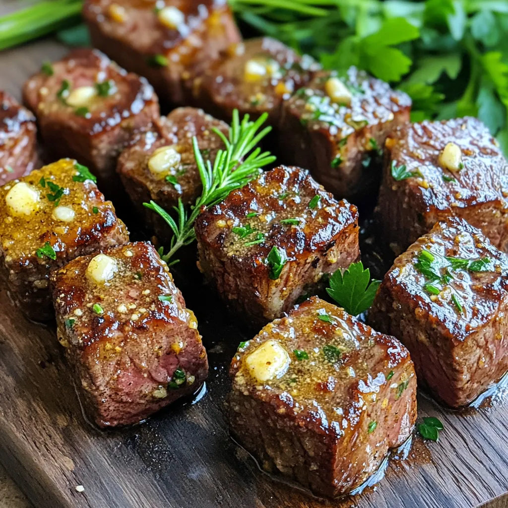 - 1 lb sirloin steak - 4 tablespoons unsalted butter - 4 cloves garlic - Fresh rosemary - Fresh thyme - Salt and pepper - Fresh parsley To make these air fryer garlic butter steak bites, start with fresh, high-quality ingredients. I choose sirloin steak for its great flavor and tenderness. You will cut it into bite-sized cubes, making it easy to cook and eat. Next, the unsalted butter adds richness, while the minced garlic brings a punch of flavor. Using fresh herbs like rosemary and thyme will elevate the taste. Season with salt and pepper to balance all the flavors. Finally, fresh parsley makes a lovely garnish, adding color and a hint of freshness. This ingredient list is simple, yet it creates a dish full of savory goodness. Each element plays a role in making your steak bites truly delicious. To start, I combine melted butter and minced garlic in a bowl. This mix brings rich flavor. Next, I add chopped rosemary and thyme. These herbs give a fresh taste. I stir everything until well mixed. This garlic butter mixture is key to our dish. Now, I take my sirloin steak and cut it into bite-sized cubes. I season these pieces with salt and pepper. This step is simple but important. Then, I pour the garlic butter mixture over the steak. I toss the steak gently in the bowl. This ensures each piece gets coated well. Next, I preheat the air fryer to 400°F (200°C). This usually takes about 5 minutes. Once ready, I place the steak bites in the air fryer basket. I make sure they are in a single layer. If there are too many, I cook them in batches. I then cook the steak for 8 to 10 minutes. Halfway through, I shake the basket for even cooking. I check the doneness to see if they reach my desired level. I like medium-rare, which is about 135°F (57°C) inside. After cooking, I remove the steak bites from the air fryer. I drizzle any leftover garlic butter over them for added flavor. Finally, I sprinkle chopped parsley on top before serving. To cook steak bites just right, check the internal temperature. - Medium-rare: 135°F (57°C) - Medium: 145°F (63°C) - Medium-well: 150°F (66°C) Adjust the cooking time for your taste. If you like it more cooked, add a couple of extra minutes. This way, every bite matches your preference. For well-cooked steak bites, shake the basket halfway through cooking. This helps them brown evenly. If you fill the basket too much, some pieces might not cook well. If needed, cook steak bites in batches. This keeps them juicy and delicious. To add even more flavor, try using different herbs. - Thyme and rosemary work great, but you can also use: - Oregano - Basil - Parsley Marinades can boost taste, too. A simple mix of soy sauce, garlic, and olive oil can add a nice twist. You can marinate the steak bites for 30 minutes before cooking for extra flavor. {{image_2}} You can use different cuts for this recipe. Ribeye and filet mignon are great options. - Ribeye: This cut is tender and full of flavor. It has more fat, which makes it juicy. However, it can be richer in taste. - Filet Mignon: This cut is lean and very tender. It cooks quickly and offers a subtle flavor. Its lack of fat means it may need added moisture. Both cuts can work well for steak bites. Choose based on your taste and budget. You can easily change the flavor of your steak bites. Adding chili flakes gives a nice kick. This spice enhances the garlic without overpowering it. You can also try different kinds of butter. Use garlic herb butter for more flavor. Herb-infused butter adds a fresh twist. Each option makes the steak bites unique and fun to explore. These steak bites are versatile. Pair them with sides like mashed potatoes or roasted veggies. The creamy potatoes balance the savory steak. Fresh veggies add color and crunch. You can serve steak bites as appetizers or main dishes. For appetizers, offer toothpicks for easy eating. For main dishes, plate them with your favorite sides. They bring joy to any table setting. To store leftover steak bites, first let them cool. Place the bites in an airtight container. This keeps them fresh and prevents odors from mixing. You can also wrap them tightly in plastic wrap. Store them in the fridge for up to three days. When you're ready to enjoy them again, simply reheat for a few minutes in the air fryer or microwave. If you want to keep steak bites longer, freezing works well. Let them cool completely before freezing. Arrange the bites in a single layer on a baking sheet. This helps them freeze separately. Once frozen, transfer them to a freezer-safe bag. Remove as much air as you can. They can last up to three months in the freezer. To reheat, cook them in the air fryer at 350°F (175°C) for about 8-10 minutes. Cooked steak bites last about three days in the fridge. In the freezer, they can stay good for up to three months. Always check for any signs of spoilage before eating. If they smell off or look strange, it's best to discard them. Following these storage tips ensures you enjoy your delicious garlic butter steak bites later! Cooking steak bites in an air fryer usually takes about 8 to 10 minutes. The exact time depends on the size of the steak cubes. For medium-rare, aim for an internal temperature of 135°F (57°C). Larger pieces require a bit more time, while smaller ones cook faster. Always check the doneness halfway through and adjust as needed. Yes, you can use frozen steak, but it needs some extra care. When cooking from frozen, increase the cooking time by about 5 to 7 minutes. Make sure to check the internal temperature to ensure doneness. Thawing the steak first can help it cook more evenly and give you a better result. If you don’t have fresh herbs, dried herbs work great too. Use half the amount of dried herbs compared to fresh. For example, if the recipe calls for 1 teaspoon of fresh rosemary, use ½ teaspoon of dried. You can also use spice blends that include similar flavors. These options still add delicious taste to your steak bites. In this blog post, we explored how to make delicious steak bites using sirloin, garlic, and herbs. I provided step-by-step instructions for preparation, cooking tips, and variations to enhance flavor. Remember, you can customize your dish with different cuts of steak or exciting flavor combinations. With these tips, you will create a meal that impresses. Enjoy cooking and share your tasty results!
