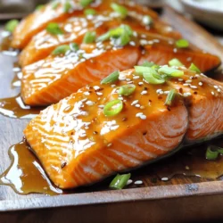 - 4 salmon fillets (about 6 oz each) - ¼ cup honey - 3 tablespoons soy sauce (or tamari for gluten-free) - 4 cloves garlic, minced - 1 tablespoon ginger, grated - 1 tablespoon rice vinegar - 1 teaspoon sesame oil - ¼ teaspoon red pepper flakes (optional) - Salt and pepper to taste - 2 green onions, sliced (for garnish) - Sesame seeds (for garnish) Gathering the right ingredients is key to making honey garlic glazed salmon. First, you need fresh salmon fillets. Aim for about 6 ounces each. This size cooks well and stays moist. Next, grab some honey. It adds sweetness and helps create a nice glaze. Soy sauce brings in saltiness and depth. If you want a gluten-free option, use tamari instead. You also need minced garlic and grated ginger. Both add fresh flavor. Rice vinegar gives a nice tang. Sesame oil adds a rich, nutty taste. If you like heat, red pepper flakes are optional but fun. Don’t forget to season with salt and pepper to balance the flavors. Finally, for garnishes, have green onions and sesame seeds ready. They make your dish look great and add a crunch. With these ingredients, you're set to create a delicious meal! - Combining Ingredients Start by taking a mixing bowl. Add ¼ cup honey, 3 tablespoons soy sauce, 4 minced garlic cloves, 1 tablespoon grated ginger, 1 tablespoon rice vinegar, and 1 teaspoon sesame oil. If you like spice, add ¼ teaspoon red pepper flakes. Whisk all the ingredients well until they blend smoothly. - Seasoning Salmon Fillets Take 4 salmon fillets, about 6 ounces each. Sprinkle salt and pepper on both sides of the fillets. This adds a nice base flavor to the fish. - Time and Storage Tips Place the seasoned salmon in a shallow dish. Pour the honey garlic mixture over the fillets. Make sure they are well coated. Cover the dish with plastic wrap and refrigerate. Let them marinate for 15 to 30 minutes. This helps the salmon soak up all those yummy flavors. - Preheating the Oven While the salmon marinates, preheat your oven to 375°F (190°C). Preheating ensures even cooking. - Baking Duration and Checking Doneness Line a baking sheet with parchment paper or spray it with cooking spray. After marinating, remove the salmon from the marinade and place it on the baking sheet. Bake for 12 to 15 minutes. The salmon is done when it flakes easily with a fork. - Thicken and Drizzle Sauce While the salmon bakes, take the leftover marinade and pour it into a small saucepan. Heat it over medium heat until it simmers. Cook for about 5 minutes to let it thicken. - Garnishing the Dish Once the salmon is done, drizzle the thickened sauce over each fillet. For a final touch, garnish with sliced green onions and sesame seeds. This adds color and a lovely crunch. Enjoy your delicious honey garlic glazed salmon! Cooking Time Guidelines For best results, bake the salmon for 12 to 15 minutes. The fish should be opaque and flake easily with a fork. If you prefer a crispy top, broil it for the last two minutes. Here’s How to Tell When It’s Done Check the thickest part of the salmon fillet. If it flakes easily and is no longer translucent, it's cooked. Use a fork to gently pull the fish apart for testing. Additional Ingredients for Varied Taste Try adding some cayenne pepper for extra heat or orange juice for a fruity twist. You can also mix in fresh herbs like cilantro or parsley for a fresh flavor. Suggested Cooking Methods (Grilling, Pan-Seared) For grilling, preheat your grill and cook for about 6 to 8 minutes per side. Pan-searing gives a nice crust. Heat oil in a skillet and cook for 4 to 5 minutes per side. Ideal Side Dishes Serve your salmon with rice, quinoa, or steamed veggies. A fresh salad with citrus dressing pairs well too. Pairing with Wine A light white wine, like Sauvignon Blanc, works great with honey garlic salmon. It balances the sweetness and enhances the meal. {{image_2}} You can change the fish for this recipe. Try using trout or cod instead of salmon. Both will soak up the tasty honey garlic glaze. If you want a vegetarian option, use firm tofu. Cut the tofu into thick slices. Marinate it just like the salmon. This makes for a great plant-based meal. You can adjust the heat level in this dish. If you like spice, add more red pepper flakes. If you prefer it milder, leave them out. You can also play with sweetness. Add more honey for a sweeter dish. If you want it less sweet, reduce the honey. Balance the salty flavor by adjusting the soy sauce. This way, you can make the dish just right for your taste! - Refrigeration Guidelines: After cooking, let the salmon cool to room temperature. Place it in an airtight container. Store in the fridge for up to 3 days. Make sure the container is sealed well to avoid smell transfer. - Freezing Tips: If you want to keep it longer, you can freeze the salmon. Wrap each piece tightly in plastic wrap. Then place it in a freezer bag. This helps prevent freezer burn. Label the bag with the date. Frozen salmon will keep for up to 3 months. - Best Methods for Maintaining Flavor and Texture: To reheat, use the oven or stovetop. Preheat the oven to 350°F (175°C). Place the salmon on a baking sheet and cover it with foil. Heat for about 10 minutes. This keeps the salmon moist. If using the stovetop, place it in a skillet on low heat. Add a little water or broth to help steam it. Heat gently for about 5 minutes. Avoid using the microwave as it can dry out the fish. Yes, you can use frozen salmon. Just make sure to thaw it first. Thaw it overnight in the fridge. If you are short on time, place it in a sealed bag and soak in cold water for 30 minutes. This will help retain the fish's texture. If you need a substitute for soy sauce, try tamari for a gluten-free option. You can also use coconut aminos for a sweeter taste. Both options will give you a nice flavor. To check if the salmon is cooked, use a fork to flake it. The fish should break apart easily. It should look opaque and not translucent. The internal temperature should reach 145°F (63°C). Yes, you can prepare the marinade ahead of time. Mix it and store it in the fridge for up to three days. You can also marinate the salmon a day before cooking. Just cover it and keep it in the fridge. To adjust this recipe for more servings, simply multiply the ingredients. For example, if you want to serve eight, use eight salmon fillets and double the marinade. Make sure to use a larger baking sheet to fit all the salmon. This blog post shared key details on making honey soy salmon. You learned about the ingredients, from salmon fillets to sesame oil. I provided simple steps to prepare your marinade and bake the dish. You also discovered tips to perfect your cooking and creative variations for different tastes. With these steps, you can create a delicious meal. Enjoy experimenting and serving this dish in your own style. Happy cooking!
