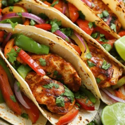 - 1 lb boneless, skinless chicken thighs - 2 tablespoons olive oil - 2 tablespoons chipotle in adobo sauce, minced - 1 teaspoon ground cumin - 1 teaspoon smoked paprika - 1 teaspoon garlic powder - 1 teaspoon onion powder - Salt and pepper to taste - 1 red bell pepper, sliced - 1 green bell pepper, sliced - 1 red onion, sliced - 8 small corn tortillas - Fresh cilantro, for garnish - Lime wedges, for serving In this recipe, the star is the chicken thighs. They stay juicy and are perfect for tacos. The chipotle in adobo sauce gives a nice smoky heat. Olive oil adds richness, while cumin and paprika bring warmth. Garlic and onion powder round out the flavor. Next, we have fresh veggies. The red and green bell peppers add crunch and sweetness. The red onion brings a slight bite that balances the dish. You will also need corn tortillas, which hold everything together. To finish, fresh cilantro adds a pop of color and flavor. Lime wedges serve as a zesty touch that brightens each bite. Together, these ingredients create a delicious meal that is simple yet packed with flavor. - In a large bowl, combine: - 2 tablespoons olive oil - 1 teaspoon ground cumin - 1 teaspoon smoked paprika - 1 teaspoon garlic powder - 1 teaspoon onion powder - Salt and pepper to taste - Next, mix in 2 tablespoons of minced chipotle in adobo. Stir until well blended. - Add 1 pound of boneless, skinless chicken thighs to the marinade. - Toss the chicken well to ensure even coating. Let it sit for about 15 minutes. - Preheat your oven to 400°F (200°C). - Line a large baking sheet with parchment paper. - Place the marinated chicken on one side of the sheet pan. - On the other side, add: - 1 sliced red bell pepper - 1 sliced green bell pepper - 1 sliced red onion - Drizzle a little olive oil over the vegetables and season with salt and pepper. Toss them to coat. - Bake in the preheated oven for 20-25 minutes. - Check that the chicken reaches an internal temperature of 165°F (74°C). - The vegetables should be tender and slightly charred. - While the chicken cools, warm 8 small corn tortillas in a skillet over medium heat. - Heat each side for about 30 seconds until they are pliable. - Slice the cooked chicken into strips. - Assemble your tacos by placing chicken and roasted vegetables on each tortilla. - Garnish with fresh cilantro and serve with lime wedges for squeezing. To get the best taste from your tacos, adjust the spice levels. If you love heat, add more chipotle in adobo sauce. For a milder dish, use less or skip it. Next, always use fresh ingredients. Fresh peppers and herbs make a big difference. They add bright flavors and colors. Choose ripe, firm vegetables for the best results. Choose a large, heavy baking sheet. This helps the chicken and veggies cook evenly. A rimmed baking sheet works well to catch any juices. For cutting, a sharp knife is key. It helps you slice the chicken and veggies with ease. A cutting board is also a must for safety. Pair your tacos with sides like rice or beans. They add a nice balance to the meal. You can also serve chips and salsa on the side. For a fun twist, try guacamole too. When plating, stack the tacos neatly. Use fresh cilantro on top for color. Lime wedges add a nice touch and flavor. {{image_2}} You can swap chicken thighs for chicken breast. Chicken breast is leaner and cooks quickly. If you prefer a plant-based option, try tofu. Tofu absorbs flavors well. Marinate it just like the chicken. Cut it into cubes for even cooking. Feel free to add other seasonal vegetables. Zucchini, corn, or mushrooms work well. They add color and taste. Just remember to slice them evenly. This ensures they cook at the same rate. Mix them in with the other veggies on the sheet. Get creative with marinades or spice blends. Try using a taco seasoning mix for a quick option. You can also add lime juice for a zesty kick. If you love heat, add more chipotle or fresh chilies. Experiment with flavors to suit your taste. To keep your tacos fresh, store leftovers in an airtight container. This helps prevent drying out. Place the chicken and veggies separately from the tortillas. This keeps everything fresh and tasty. You can store leftovers in the fridge for up to three days. After that, the quality may drop. When you’re ready to enjoy your tacos again, there are a few great ways to reheat. For the chicken and veggies, use the oven at 350°F (175°C) for about 10-15 minutes. This keeps the food moist. You can also use a microwave. Heat in short bursts of 30 seconds, stirring in between. This will help keep the chicken juicy. If you want to save some tacos for later, freezing is a smart choice. You can freeze the chicken and veggies together or separately. Cool them down before freezing. Wrap tightly in plastic wrap and then in foil. This helps avoid freezer burn. You can freeze them for up to three months. Just remember, the tortillas are best fresh, so freeze the filling only! To add more heat to your tacos, try these options: - Use more chipotle in adobo sauce. - Add diced jalapeños to the veggies. - Sprinkle some cayenne pepper over the chicken before baking. - Serve with hot sauce on the side. These changes will boost the spice level and give your tacos a kick! Yes, you can use flour tortillas! They will change the taste and texture. Flour tortillas are softer and have a different flavor. If you prefer them, go ahead and swap! Just warm them up like corn tortillas before serving. If you lack chipotle in adobo, here are some swaps: - Use smoked paprika for a smoky flavor. - Add diced green chilies for some heat. - Mix in some BBQ sauce for a sweet twist. These options will help you keep the flavor profile while making a tasty meal! This post walks you through making flavorful tacos with simple steps and fresh ingredients. You learned about the main ingredients, how to marinate and bake the chicken, and tips for flavor and storage. You can also try different proteins or vegetables to mix things up. Enjoy your new taco-making skills and share your tasty creations with friends. Simple meals can bring joy to your table.