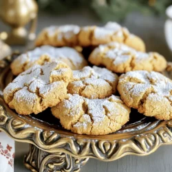 - 2 ¼ cups all-purpose flour - 2 teaspoons ground ginger - 1 teaspoon ground cinnamon - ½ teaspoon ground cloves - ½ teaspoon salt - 1 teaspoon baking soda These dry ingredients create a warm, spiced base for your cookies. The flour gives structure, while the spices provide that cozy flavor. Ginger leads the way, with cinnamon and cloves adding depth. Salt balances the sweetness. Baking soda helps the cookies rise and crinkle. - ¾ cup unsalted butter, softened - 1 cup brown sugar, packed - 1 large egg - ¼ cup molasses The wet ingredients bring moisture and sweetness. Softened butter mixes easily with brown sugar, making the dough creamy. The egg acts as a binder, while molasses delivers rich flavor and color. This mix makes your cookies soft and chewy. - ½ cup granulated sugar This sugar is for rolling the cookie dough balls. It adds a sweet crunch to the outside. The sugar creates that lovely crinkle effect as the cookies bake. This step is key for both texture and appearance. 1. Preheat your oven to 350°F (175°C). Line two baking sheets with parchment paper. 2. In a bowl, whisk together the dry ingredients: flour, ground ginger, ground cinnamon, ground cloves, salt, and baking soda. Set this mix aside. 3. In a large bowl, cream the softened butter and brown sugar. Mix until it feels light and fluffy, about 3 to 4 minutes. 1. Beat in the egg and molasses. Mix until everything is well combined. 2. Gradually add the dry ingredients to the wet mix. Stir gently until just combined. Avoid overmixing to keep your cookies soft. 1. Chill the dough in the fridge for at least 30 minutes. This makes it easier to handle. 2. Once chilled, scoop out the dough into tablespoon-sized balls. Roll each ball in granulated sugar to coat nicely. 3. Place the dough balls on the prepared baking sheets. Space them about 2 inches apart for even baking. 4. Bake the cookies for 8 to 10 minutes. They should spread out and show cracks on top but stay soft. 5. Let the cookies cool on the baking sheets for 5 minutes. Then, transfer them to wire racks to cool completely. Chilling the dough is key for great cookies. It makes the dough easier to handle. When dough is cold, it holds its shape better. I suggest chilling it for at least 30 minutes. This step makes a big difference. Mixing the dough should be quick. Overmixing can make cookies tough. You want them soft and chewy. Mix until just combined, and avoid beating too long. This keeps the texture light. Adding extra spices can boost the flavor. For more warmth, try adding a bit of nutmeg or allspice. These spices give depth and make each bite special. Experiment with small amounts to find your sweet spot. Using dark brown sugar adds richness. It contains more molasses than light brown sugar. This makes your cookies taste more complex and delicious. If you want a deeper flavor, choose dark brown sugar. Serve your cookies on a pretty platter. A decorative touch can impress your guests. You can dust them with powdered sugar for a snowy look, too. This adds a fun detail. Pair these cookies with warm drinks like tea or coffee. The flavors complement each other well. This makes for a cozy treat. You can also serve them with ice cream for a delightful dessert. {{image_2}} You can switch out some ingredients to suit your needs. If you want a dairy-free version, try using coconut oil or vegan butter instead of unsalted butter. For sugar, use coconut sugar or maple syrup. These swaps keep the cookies tasty. If you need gluten-free cookies, swap all-purpose flour with almond flour or a gluten-free blend. These options work well and keep the cookies soft and chewy. Want to mix things up? Add chocolate chips or nuts to the dough. Chocolate adds a rich flavor, while nuts give a nice crunch. Both make the cookies even more delightful. You can also add citrus zest, like orange or lemon, for a fresh twist. This small change brightens up the taste and brings a unique flavor to each bite. For the holidays, swap the spices for seasonal favorites. You can add nutmeg or allspice for a festive flavor. These changes make the cookies perfect for holiday gatherings. When it comes to presentation, get creative! Decorate the cookies with icing or festive sprinkles. You can arrange them on a platter with seasonal fruits for a beautiful display. These small touches make your cookies stand out! To keep your Spiced Ginger Molasses Crinkle Cookies fresh, use airtight containers. This prevents air from making them dry. Place layers of cookies with parchment paper to avoid sticking. Store them at room temperature. They stay fresh for up to one week. After that, they still taste good but may lose some softness. You can freeze the cookie dough for later use. First, scoop out the dough into balls. Place them on a baking sheet and freeze until solid. Then, transfer the dough balls to a freezer bag. They can last up to three months in the freezer. When ready to bake, just take out the dough. Let it thaw in the fridge overnight, or bake straight from frozen. Just add a minute or two to the bake time. To restore the softness of your cookies, use the microwave. Heat them for about 10 seconds at a time. This warms them without making them hard. You can also use the oven. Preheat it to 300°F (150°C) and warm the cookies for about 5 minutes. Be careful not to overbake, as this can dry them out. Enjoy your cookies just as fresh as when you first made them! How do you make the cookies chewy vs. crispy? To make these cookies chewy, you should not overmix the dough. This keeps them soft. Chilling the dough also helps. If you want them crispy, bake a little longer. The edges should turn golden brown. Can I use another type of sugar? Yes, you can use white sugar instead of brown sugar. However, the flavor may change. Brown sugar adds moisture and a rich taste. If you use white sugar, the cookies may be less chewy. What should I avoid when making molasses cookies? Avoid overmixing the dough. This can make the cookies tough. Also, do not skip chilling the dough. Chilling helps cookies hold their shape and makes them easier to handle. Can I double the recipe? Yes, you can double the recipe. Just mix the ingredients in a large bowl. Make sure you have enough space on your baking sheets. You may need to bake in batches. What drinks pair well with Spiced Ginger Molasses Crinkle Cookies? These cookies go well with warm drinks. Try pairing them with tea or coffee. Hot cider also complements the spices nicely. Ideas for serving with ice cream or other desserts Serve these cookies warm with vanilla ice cream. The mix of warm and cold is amazing. You can also crumble them on top of desserts like pudding for a nice crunch. This blog post covered how to make delicious Spiced Ginger Molasses Crinkle Cookies. We looked at key ingredients, steps for making the dough, and important tips for getting that perfect crinkle. Remember, chilling the dough and using dark brown sugar can enhance flavor. Don’t forget the fun variations and storage tips to keep your cookies fresh. Baking should be enjoyable, so experiment and make it your own. Happy baking and enjoy your cookies!