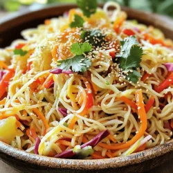 - 8 oz rice noodles - 1 tablespoon fresh ginger, grated - 1 cup shredded carrots - 1 cup red cabbage, thinly sliced - 1 bell pepper (red or yellow), thinly sliced - ½ cup green onions, chopped I love using rice noodles in this salad. They are light and soak up flavors well. Fresh ginger adds a great zing. The vegetables bring color and crunch, making the dish vibrant. Carrots add sweetness, while red cabbage gives a nice crunch. Bell peppers add a touch of brightness. Finally, green onions lend a mild onion flavor. - 2 tablespoons sesame oil - 3 tablespoons soy sauce (or tamari for gluten-free) - 1 tablespoon honey or maple syrup - 1 tablespoon rice vinegar The dressing is key to this salad. Sesame oil gives a nutty flavor. Soy sauce or tamari provides saltiness. Honey or maple syrup adds sweetness. Rice vinegar brings acidity, balancing all the flavors. Whisk these together, and you have a perfect dressing. - ¼ cup sesame seeds, toasted - Fresh herbs (cilantro or parsley) Garnish makes your dish pop. Toasted sesame seeds add a nice crunch. Fresh herbs like cilantro or parsley brighten the dish. They also add fresh flavors that complement the salad well. Don’t skip this step; it makes a difference! First, boil a large pot of water. When the water is boiling, add 8 oz of rice noodles. Cook them according to the package instructions. This usually takes about 4 to 6 minutes. Once cooked, drain the noodles in a colander. Rinse them under cold water to stop the cooking process. This step keeps the noodles firm and prevents them from sticking together. In a small bowl, whisk together the dressing ingredients. Combine 2 tablespoons of sesame oil, 1 tablespoon of grated fresh ginger, 3 tablespoons of soy sauce (or tamari for gluten-free), 1 tablespoon of honey or maple syrup, and 1 tablespoon of rice vinegar. Whisk until all the ingredients are well mixed. Set this aside for later. Grab a large mixing bowl and add the vegetables. Put in 1 cup of shredded carrots, 1 cup of thinly sliced red cabbage, 1 thinly sliced bell pepper (red or yellow), and ½ cup of chopped green onions. Toss these veggies together to mix them well. Next, gently fold in the cold rice noodles from earlier. Pour the dressing over the noodle and vegetable mix. Toss everything together until the noodles and veggies are evenly coated in the dressing. For a finishing touch, sprinkle ¼ cup of toasted sesame seeds over the top and toss gently again. Transfer the salad to a serving platter or individual bowls. You can add fresh cilantro or parsley for extra flavor and color. - How to avoid overcooking noodles: Watch your timer closely. Rice noodles cook fast, usually in 4-6 minutes. To avoid mushy noodles, taste them a minute before the time is up. If they feel firm, drain them right away. Rinse them under cold water to stop cooking. This keeps them perfect and chewy. - Ensuring the dressing is adequately mixed: Use a small bowl to mix the dressing first. Whisk together sesame oil, ginger, soy sauce, honey, and rice vinegar well. Make sure all the ingredients blend together. Pour the dressing over the salad right before serving. This keeps the veggies crisp and fresh. - Ways to serve: You can serve this salad in a big bowl or on a platter. For a more personal touch, use individual bowls for each guest. This makes it easy for everyone to enjoy. - Recommended side dishes: Pair this salad with grilled chicken, shrimp, or tofu. You can also serve it with spring rolls or dumplings to create a fun, shared meal. - Adding proteins: If you want to make this salad more filling, add proteins like grilled chicken, shrimp, or tofu. Cook the protein separately, then add it to the salad before serving. This adds great taste and makes it a full meal. - Incorporating additional herbs or spices: To make your salad unique, try adding fresh herbs like mint or basil. You can also sprinkle in red pepper flakes for heat. These simple changes make your salad more exciting. {{image_2}} You can make this salad gluten-free by using tamari instead of soy sauce. Tamari is a great choice for those who cannot have gluten. It has a similar taste to soy sauce but is made without wheat. Just swap it in your recipe. This simple change keeps all the flavor intact while catering to your dietary needs. If you want a vegan salad, just replace honey with maple syrup. Maple syrup adds a sweet touch without any animal products. It blends well with the dressing. This small swap makes the dish suitable for everyone. You still get that nice sweetness in every bite. Feel free to get creative with seasonal vegetables. Adding snap peas, cucumber, or radishes can enhance the crunch. You can also use zucchini or bell peppers in different colors for visual appeal. Mixing colors makes the dish more inviting. You might also consider swapping ingredients based on what you have on hand. For example, use broccoli instead of cabbage or add avocado for creaminess. This flexibility allows you to customize the salad to your taste. Enjoy experimenting! After enjoying your sesame ginger noodle salad, store leftovers in an airtight container. Keep it in the fridge for up to three days. Make sure the salad is cool before sealing to prevent condensation. This keeps the noodles fresh and crunchy. If the salad seems dry, add a splash of dressing before serving. For longer storage, you can freeze the noodles and salad. However, the vegetables do not freeze well. To freeze, separate the noodles and dressing from the veggies. Place the noodles in a freezer bag and seal tightly. They can last for up to two months in the freezer. When ready to eat, thaw in the fridge overnight. When you reheat the noodles, use a gentle method. Place them in a pan with a little water over low heat. Stir frequently to avoid mushiness. If you want to keep the salad fresh, enjoy the veggies cold. Add them back after reheating the noodles. This keeps everything tasty and crunchy. Leftovers of Sesame Ginger Noodle Salad last about three to five days in the fridge. Make sure to store the salad in an airtight container. This keeps the salad fresh and tasty. If the salad has dressing mixed in, it may not last as long. The noodles can soak up the dressing and become soggy over time. Yes, you can make this salad ahead of time. To do this, prepare the salad without the dressing. Store the noodles and vegetables in the fridge. When you are ready to eat, mix in the dressing. This keeps the salad crunchy and fresh. You can easily swap some ingredients in this salad. Here are a few ideas: - Rice noodles: Use soba or whole wheat noodles if you prefer. - Soy sauce: Tamari is a great gluten-free option. - Honey: Maple syrup works well for a vegan choice. - Veggies: Try using zucchini, cucumbers, or snap peas for variety. These swaps make the salad fit your taste or dietary needs. This post covered a fresh and tasty rice noodle salad. We explored key ingredients like rice noodles, fresh veggies, and a flavorful dressing. I shared step-by-step instructions, tips, and variations to make it your own. With easy storage and reheat advice, you can enjoy this dish later. Whether you want to please your family or impress friends, this salad is a hit. Now, get cooking and enjoy your delicious creation!