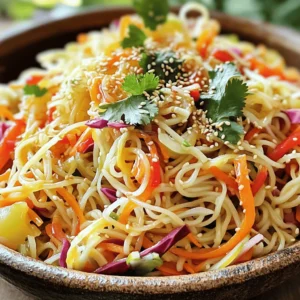 - 8 oz rice noodles - 1 tablespoon fresh ginger, grated - 1 cup shredded carrots - 1 cup red cabbage, thinly sliced - 1 bell pepper (red or yellow), thinly sliced - 1/2 cup green onions, chopped I love using rice noodles in this salad. They are light and soak up flavors well. Fresh ginger adds a great zing. The vegetables bring color and crunch, making the dish vibrant. Carrots add sweetness, while red cabbage gives a nice crunch. Bell peppers add a touch of brightness. Finally, green onions lend a mild onion flavor. - 2 tablespoons sesame oil - 3 tablespoons soy sauce (or tamari for gluten-free) - 1 tablespoon honey or maple syrup - 1 tablespoon rice vinegar The dressing is key to this salad. Sesame oil gives a nutty flavor. Soy sauce or tamari provides saltiness. Honey or maple syrup adds sweetness. Rice vinegar brings acidity, balancing all the flavors. Whisk these together, and you have a perfect dressing. - 1/4 cup sesame seeds, toasted - Fresh herbs (cilantro or parsley) Garnish makes your dish pop. Toasted sesame seeds add a nice crunch. Fresh herbs like cilantro or parsley brighten the dish. They also add fresh flavors that complement the salad well. Don’t skip this step; it makes a difference! First, boil a large pot of water. When the water is boiling, add 8 oz of rice noodles. Cook them according to the package instructions. This usually takes about 4 to 6 minutes. Once cooked, drain the noodles in a colander. Rinse them under cold water to stop the cooking process. This step keeps the noodles firm and prevents them from sticking together. In a small bowl, whisk together the dressing ingredients. Combine 2 tablespoons of sesame oil, 1 tablespoon of grated fresh ginger, 3 tablespoons of soy sauce (or tamari for gluten-free), 1 tablespoon of honey or maple syrup, and 1 tablespoon of rice vinegar. Whisk until all the ingredients are well mixed. Set this aside for later. Grab a large mixing bowl and add the vegetables. Put in 1 cup of shredded carrots, 1 cup of thinly sliced red cabbage, 1 thinly sliced bell pepper (red or yellow), and 1/2 cup of chopped green onions. Toss these veggies together to mix them well. Next, gently fold in the cold rice noodles from earlier. Pour the dressing over the noodle and vegetable mix. Toss everything together until the noodles and veggies are evenly coated in the dressing. For a finishing touch, sprinkle 1/4 cup of toasted sesame seeds over the top and toss gently again. Transfer the salad to a serving platter or individual bowls. You can add fresh cilantro or parsley for extra flavor and color. - How to avoid overcooking noodles: Watch your timer closely. Rice noodles cook fast, usually in 4-6 minutes. To avoid mushy noodles, taste them a minute before the time is up. If they feel firm, drain them right away. Rinse them under cold water to stop cooking. This keeps them perfect and chewy. - Ensuring the dressing is adequately mixed: Use a small bowl to mix the dressing first. Whisk together sesame oil, ginger, soy sauce, honey, and rice vinegar well. Make sure all the ingredients blend together. Pour the dressing over the salad right before serving. This keeps the veggies crisp and fresh. - Ways to serve: You can serve this salad in a big bowl or on a platter. For a more personal touch, use individual bowls for each guest. This makes it easy for everyone to enjoy. - Recommended side dishes: Pair this salad with grilled chicken, shrimp, or tofu. You can also serve it with spring rolls or dumplings to create a fun, shared meal. - Adding proteins: If you want to make this salad more filling, add proteins like grilled chicken, shrimp, or tofu. Cook the protein separately, then add it to the salad before serving. This adds great taste and makes it a full meal. - Incorporating additional herbs or spices: To make your salad unique, try adding fresh herbs like mint or basil. You can also sprinkle in red pepper flakes for heat. These simple changes make your salad more exciting. {{image_2}} You can make this salad gluten-free by using tamari instead of soy sauce. Tamari is a great choice for those who cannot have gluten. It has a similar taste to soy sauce but is made without wheat. Just swap it in your recipe. This simple change keeps all the flavor intact while catering to your dietary needs. If you want a vegan salad, just replace honey with maple syrup. Maple syrup adds a sweet touch without any animal products. It blends well with the dressing. This small swap makes the dish suitable for everyone. You still get that nice sweetness in every bite. Feel free to get creative with seasonal vegetables. Adding snap peas, cucumber, or radishes can enhance the crunch. You can also use zucchini or bell peppers in different colors for visual appeal. Mixing colors makes the dish more inviting. You might also consider swapping ingredients based on what you have on hand. For example, use broccoli instead of cabbage or add avocado for creaminess. This flexibility allows you to customize the salad to your taste. Enjoy experimenting! After enjoying your sesame ginger noodle salad, store leftovers in an airtight container. Keep it in the fridge for up to three days. Make sure the salad is cool before sealing to prevent condensation. This keeps the noodles fresh and crunchy. If the salad seems dry, add a splash of dressing before serving. For longer storage, you can freeze the noodles and salad. However, the vegetables do not freeze well. To freeze, separate the noodles and dressing from the veggies. Place the noodles in a freezer bag and seal tightly. They can last for up to two months in the freezer. When ready to eat, thaw in the fridge overnight. When you reheat the noodles, use a gentle method. Place them in a pan with a little water over low heat. Stir frequently to avoid mushiness. If you want to keep the salad fresh, enjoy the veggies cold. Add them back after reheating the noodles. This keeps everything tasty and crunchy. Leftovers of Sesame Ginger Noodle Salad last about three to five days in the fridge. Make sure to store the salad in an airtight container. This keeps the salad fresh and tasty. If the salad has dressing mixed in, it may not last as long. The noodles can soak up the dressing and become soggy over time. Yes, you can make this salad ahead of time. To do this, prepare the salad without the dressing. Store the noodles and vegetables in the fridge. When you are ready to eat, mix in the dressing. This keeps the salad crunchy and fresh. You can easily swap some ingredients in this salad. Here are a few ideas: - Rice noodles: Use soba or whole wheat noodles if you prefer. - Soy sauce: Tamari is a great gluten-free option. - Honey: Maple syrup works well for a vegan choice. - Veggies: Try using zucchini, cucumbers, or snap peas for variety. These swaps make the salad fit your taste or dietary needs. This post covered a fresh and tasty rice noodle salad. We explored key ingredients like rice noodles, fresh veggies, and a flavorful dressing. I shared step-by-step instructions, tips, and variations to make it your own. With easy storage and reheat advice, you can enjoy this dish later. Whether you want to please your family or impress friends, this salad is a hit. Now, get cooking and enjoy your delicious creation!