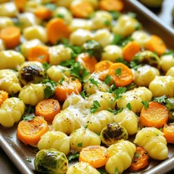 - 1 pound gnocchi (store-bought or homemade) - 1 medium butternut squash, peeled and diced into 1-inch cubes - 1 cup Brussels sprouts, halved - 1 red onion, sliced into wedges - 1 cup carrots, sliced into rounds - 3 tablespoons olive oil - 2 teaspoons dried thyme - 1 teaspoon garlic powder - Salt and pepper to taste These main ingredients form the base of your dish. Gnocchi adds a soft, chewy element, while the veggies bring color and flavor. - ½ cup grated Parmesan cheese - Fresh parsley for garnish The Parmesan cheese adds a rich, savory touch. Fresh parsley gives a bright finish. You can skip these if you prefer a lighter dish. - Large sheet pan - Mixing bowl - Chef’s knife - Cutting board - Spatula These tools make cooking simple and easy. A large sheet pan helps everything roast evenly. A good knife and board aid in quick prep. First, set your oven to 425°F (220°C). Preheating is key for even cooking. This step helps everything roast nicely. Next, grab a large sheet pan. Combine these veggies: - 1 medium butternut squash, peeled and diced - 1 cup Brussels sprouts, halved - 1 red onion, sliced - 1 cup carrots, sliced Drizzle 2 tablespoons of olive oil over the veggies. Add 2 teaspoons of dried thyme, 1 teaspoon of garlic powder, salt, and pepper. Toss the mix well. Make sure all pieces get coated. Now, put the pan in the oven and roast the veggies for 15 minutes. This helps soften them and bring out their flavors. After 15 minutes, take the pan out. Add 1 pound of gnocchi to the mix. Drizzle with the last tablespoon of olive oil. Toss everything together again. Return the pan to the oven. Roast for another 15-20 minutes. Look for the gnocchi to be golden and the veggies tender. If you like, sprinkle ½ cup of grated Parmesan cheese on top for the last 5 minutes. Let it melt and get crispy. Once everything is done, you can add fresh parsley for a nice touch before serving. The cooking time is key for perfect gnocchi and veggies. Start by roasting the vegetables for 15 minutes. This gives them a head start. After that, add the gnocchi and roast for another 15-20 minutes. You want the gnocchi golden and the veggies tender. Keep an eye on them to avoid burning. To get even roasting, spread the veggies and gnocchi in a single layer. Avoid crowding the pan. This allows hot air to flow around each piece. Use a large sheet pan for best results. If necessary, use two pans. Stir the mix halfway through cooking for even browning. To boost flavor, use fresh herbs when possible. Fresh thyme adds great taste. You can also try rosemary or sage for a warm touch. Drizzle a bit more olive oil before serving for richness. A sprinkle of grated Parmesan adds a nice finish. Fresh parsley gives a pop of color and flavor. {{image_2}} You can swap veggies based on what you have. Try sweet potatoes or cauliflower. Zucchini and bell peppers also work great. Just cut them into similar sizes. This way, they cook evenly with the gnocchi. Gnocchi comes in many forms. You can use traditional potato gnocchi. If you want a twist, try spinach or even pumpkin gnocchi. Each type adds its own flavor and texture. Feel free to experiment! To boost flavor, add fresh herbs like rosemary or sage. A squeeze of lemon juice adds a nice zing. You could also toss in some red pepper flakes for heat. If you love cheese, mix in feta or goat cheese for a creamy touch! Store leftovers in an airtight container. This keeps them fresh for up to three days. Make sure to let the dish cool before sealing it. You can also separate the gnocchi from the veggies if you prefer. This helps keep the gnocchi from getting too soft. To reheat, use the oven for the best results. Preheat it to 350°F (175°C). Spread the leftovers on a baking sheet. Heat for about 10-15 minutes until warm. You can also use a microwave, but the oven keeps everything crisp. If using the microwave, place in a bowl and cover it with a damp paper towel. You can freeze this dish for up to a month. Place it in a freezer-safe container. Make sure to divide it into portions for easy thawing. To thaw, move it to the fridge overnight. Reheat as instructed above. This way, you can enjoy this tasty meal anytime! Yes, you can use frozen gnocchi. Just toss them on the sheet pan with the veggies. They will cook well in the oven without thawing first. Keep an eye on them as they may need a few extra minutes. This is a great option when you want a quick meal without much prep. Great options for roasting include butternut squash, Brussels sprouts, red onion, and carrots. These veggies roast well and add sweet and savory flavors to the dish. You can also try sweet potatoes, bell peppers, or zucchini for more variety. The key is to cut them into similar sizes for even cooking. You can tell the dish is done when the gnocchi are golden and the veggies are tender. A fork can help check the texture of the vegetables. If they are soft and have a nice caramel color, you're ready to eat! For extra flavor, sprinkle on some Parmesan cheese in the last few minutes of roasting. Enjoy! This post covered the key steps to make a delicious roasted gnocchi and vegetable dish. We looked at the best ingredients, tools, and cooking methods to enhance flavors and ensure even roasting. Remember, the right veggies and mindful cooking times make all the difference. After trying this at home, you’ll enjoy a tasty meal that’s easy to prepare. Keep experimenting with variations and storage tips for great leftovers. Cooking is fun, and every dish is a chance to learn something new. Enjoy your culinary journey!
